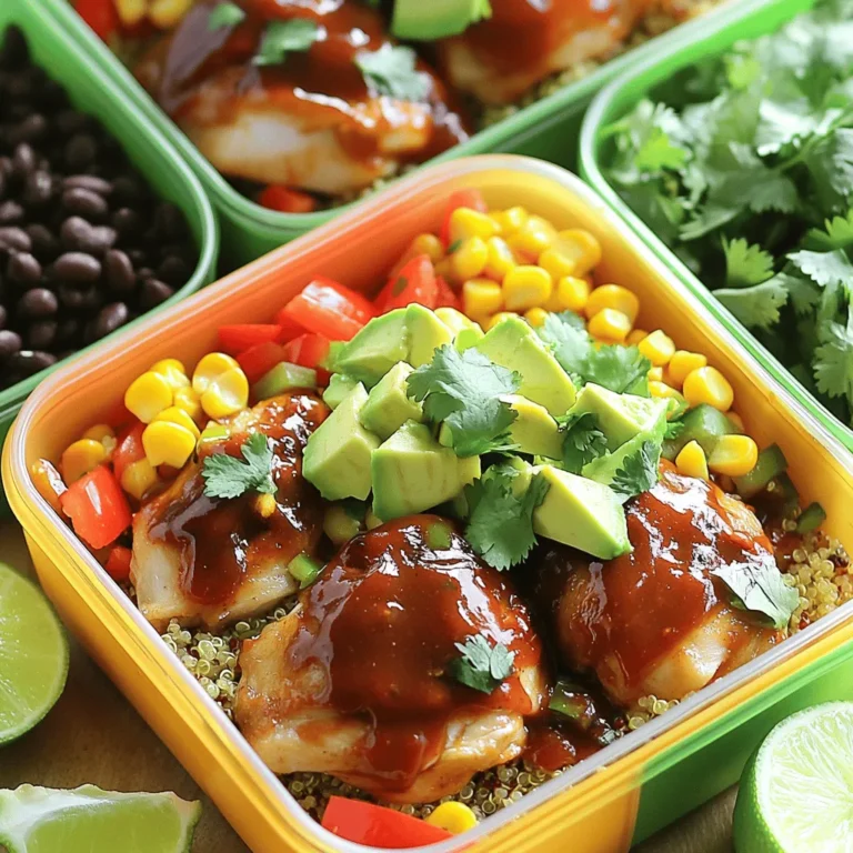 - 1 lb boneless, skinless chicken thighs (or pork alternative) - 1 cup of your favorite BBQ sauce - 2 cups cooked quinoa For these bowls, start with boneless, skinless chicken thighs. You can also use pork if you prefer. The BBQ sauce is key. You can choose homemade or store-bought, depending on your time. For the base, I love cooked quinoa, but rice works too. - 1 cup corn (fresh or frozen) - 1 red bell pepper, diced into bite-sized pieces - 1 ripe avocado, diced - 1/4 cup chopped fresh cilantro Next, you need some fresh veggies. I often use corn, which can be fresh or frozen. For color and crunch, add a red bell pepper. A ripe avocado adds creaminess. Fresh cilantro gives a nice burst of flavor to the bowl. - 1 tablespoon olive oil - Salt and pepper to taste - Lime wedges for serving Don't forget the seasoning! A tablespoon of olive oil helps cook the veggies. Use salt and pepper to taste. Finally, serve the bowls with lime wedges for a zesty kick. You can find the full recipe in the previous section for more details. To marinate the meat, start by placing the boneless chicken thighs in a bowl. Pour your favorite BBQ sauce over the meat, ensuring each piece is well-coated. I recommend marinating for at least 30 minutes. For the best flavor, let it marinate overnight in the fridge. When marinating, always handle meat safely. Use clean utensils and wash your hands after touching raw meat. This keeps your food safe and avoids cross-contamination. You can grill or bake the BBQ pork. Grilling gives it a nice char and smoky flavor. Preheat your grill or grill pan to medium-high heat. Grill the meat for 5 to 7 minutes on each side. For safety, check that the internal temperature reaches 165°F (75°C). If you prefer baking, set your oven to 375°F (190°C). Bake the marinated pork for about 25-30 minutes. Always let the meat rest for 5 minutes after cooking. This keeps the juices in and makes the meat tender. First, cook the quinoa according to the package instructions. Fluff it with a fork and let it cool slightly. It should be light and airy. Next, sauté the vegetables. Heat olive oil in a skillet over medium heat. Add corn and diced red bell pepper. Cook for about 5 minutes, stirring occasionally. The veggies should be tender but not mushy. Now it's time to assemble the meal prep bowls. Start with a layer of quinoa at the bottom of your containers. Next, add the sliced BBQ pork on top. Arrange the sautéed corn and bell pepper evenly. Don't forget to add black beans for extra protein. Finally, add diced avocado and a sprinkle of fresh cilantro on top. This gives your bowls a fresh look and taste. For serving, include a lime wedge for a zesty squeeze. You can find the complete recipe and detailed instructions in the Full Recipe section. Enjoy your BBQ Pork Meal Prep Bowls! For meal prep, use clear containers. Glass or BPA-free plastic works well. Ensure they fit in your fridge easily. I prefer containers with compartments. They keep food separate and fresh. Before storing, cool your food. Let it sit at room temperature for 30 minutes. This helps prevent condensation in the container. After that, seal and refrigerate. Use within 4 to 5 days for best taste. When it's time to eat, reheating matters. The microwave is quick. Use a microwave-safe plate and cover it with a damp paper towel. This keeps the meal from drying out. For a crispy finish, try the oven. Preheat to 350°F (175°C). Place the bowl on a baking sheet. Heat for about 15 minutes. It warms evenly and keeps the texture nice. Make your bowls look great! Add a lime wedge on top. It adds color and zest. Fresh cilantro sprinkled on each bowl makes it pop. To save time, prep your ingredients ahead. Chop veggies and marinate the meat the night before. This cuts down on cooking time. Batch cooking is key. Grill multiple chicken thighs at once. Cook enough quinoa for several meals. Store what you don't use in the fridge. This makes it easy to assemble meals later. For the full recipe, follow the steps to create your BBQ Pork Meal Prep Bowls. Enjoy the process and the tasty results! {{image_4}} You can use different proteins for your BBQ pork meal prep bowls. Beef works great if you want a change. Just cook it the same way as pork. If you want a plant-based option, try tofu. It absorbs flavors well and is easy to cook. For vegetarians and vegans, consider using jackfruit. It mimics pulled pork in texture and flavor. Another option is tempeh, which adds protein and a nutty taste. With these choices, you can enjoy a BBQ bowl that fits your diet. Rice is a classic base for BBQ bowls. You can use brown rice for added fiber. Couscous is another nice choice, as it cooks quickly. Farro gives a chewy texture and nutty flavor. If you need gluten-free options, quinoa is perfect. It's high in protein and easy to cook. You can also try cauliflower rice for a low-carb option. This variety keeps your meals fresh and exciting. The sauce is key in BBQ pork meal prep bowls. You can change the flavor by using different BBQ sauces. Try a sweet sauce for a tasty contrast. For some heat, use a spicy BBQ sauce or add hot sauce. You can also mix in some honey or maple syrup for sweetness. If you like heat, add jalapeños or red pepper flakes. These simple tweaks give your bowls new life and keep you coming back for more. To store your meal prep bowls in the fridge, use airtight containers. This keeps the food fresh and prevents odors. Layer your ingredients to avoid sogginess. Start with quinoa at the bottom, then add the pork and veggies. This order keeps everything tasty. The recommended shelf life of stored ingredients is about 3 to 4 days. After that, flavors may fade, and freshness declines. Freezing cooked pork and quinoa is a smart move. To freeze, let the food cool completely first. Then, place it in freezer-safe bags or containers. Remove as much air as possible to prevent freezer burn. When you are ready to eat, thaw overnight in the fridge. For reheating frozen meal prep, use the microwave or stovetop. Heat until the internal temperature reaches 165°F (75°C). This way, you keep the meal safe and delicious. Food safety is very important. Always wash your hands before handling food. Keep raw meat separate from other items. Look for signs of spoilage before eating. These signs include a bad smell, discoloration, or a slimy texture. If you notice any of these, it's best to throw the food away. Enjoy your BBQ Pork Meal Prep Bowls with confidence when you follow these tips! Yes, you can use leftover BBQ pork! It's a great way to save time and reduce waste. Simply shred or chop the pork into bite-sized pieces. Reheat it gently in the microwave or on the stove. If the pork is dry, add a splash of BBQ sauce to keep it moist. This adds flavor and helps it blend well with the other ingredients. These meal prep bowls last up to four days in the fridge. To keep them fresh, store them in airtight containers. Make sure all ingredients are cooled before sealing. If you want to keep the avocado fresh, add it just before eating. This helps prevent browning and keeps your meal looking great. BBQ Pork Meal Prep Bowls are packed with nutrients. The pork provides protein, which is vital for muscle repair. Quinoa adds fiber and helps keep you full. Black beans offer more protein and iron, while the veggies add vitamins and minerals. Avocado gives healthy fats that are good for your heart. This combination supports a balanced diet. Yes! You can make simple swaps for a healthier bowl. Use skinless chicken instead of pork for fewer calories. Swap quinoa for cauliflower rice for a low-carb option. Choose a sugar-free or lower-calorie BBQ sauce. You can also add more veggies like spinach or kale for extra nutrients. These changes keep the flavors while making the meal lighter. Check out the Full Recipe for more ideas! BBQ pork meal prep bowls are easy and tasty. We covered key ingredients, like chicken, BBQ sauce, and veggies. You learned step-by-step how to marinate, cook, and assemble your bowls. Our tips helped you with storage and serving. Remember, you can mix flavors and use different proteins or grains. These bowls make meal prep simple and quick. Enjoy trying new recipes and making them your own. Happy cooking!
