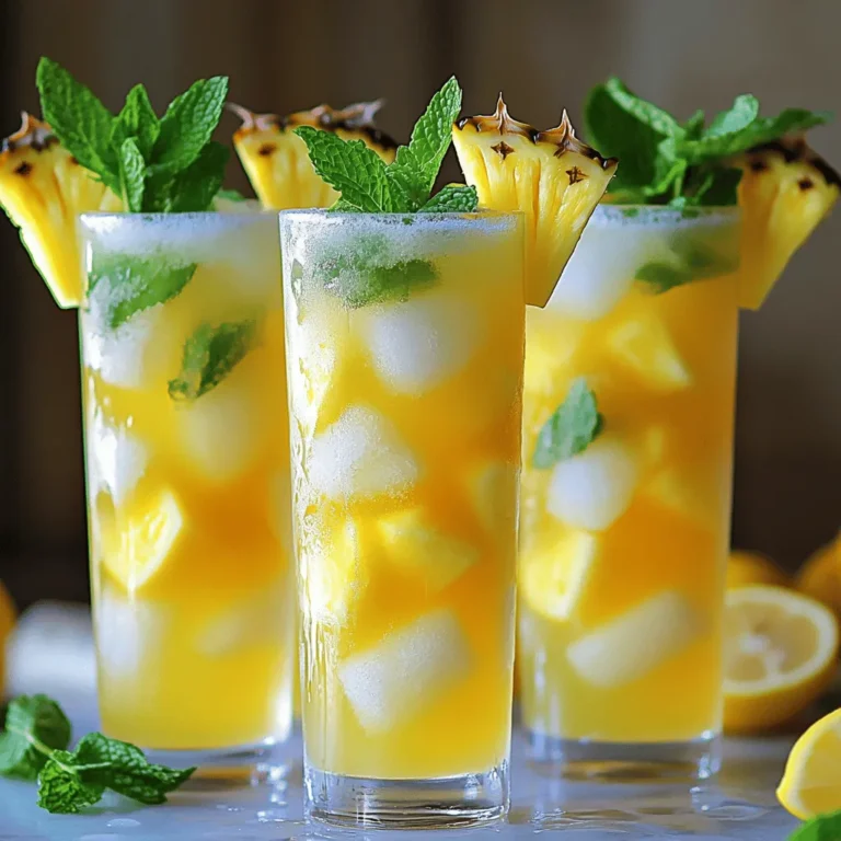 To make the perfect Pineapple Ginger Lemonade, you need a few key ingredients. Here’s what you’ll need: - 2 cups fresh pineapple, diced - 1 inch fresh ginger, peeled and grated - 1/2 cup freshly squeezed lemon juice - 3 cups water - 1/2 cup honey or agave syrup (adjust to taste) - Ice cubes - Pineapple slices and lemon wedges for garnish - Fresh mint leaves for garnish These ingredients work together to create a bright and zesty drink. Fresh pineapple adds sweetness, while ginger brings a warm kick. Lemon juice gives a tangy flavor that balances everything out. You can enhance the flavor of your Pineapple Ginger Lemonade with a few optional ingredients. Consider adding: - A pinch of sea salt to enhance sweetness. - A sprig of rosemary for a herby twist. - Coconut water for an extra tropical vibe. These extras can make your drink unique and fun. Mix and match to find your favorite flavor combination! Each ingredient in this refreshing drink brings health benefits: - Pineapple: Packed with vitamins and enzymes, it aids digestion and boosts immunity. - Ginger: Known for its anti-inflammatory properties, ginger helps with digestion and nausea. - Lemon Juice: High in vitamin C, it supports skin health and hydration. - Honey or Agave Syrup: Natural sweeteners that provide antioxidants and can soothe sore throats. - Mint: Refreshing and cooling, mint can aid digestion and improve focus. By choosing these ingredients, you create a drink that is not only tasty but also good for you. Enjoy this nutritious and delicious Pineapple Ginger Lemonade on a hot summer day! For the full recipe, check out the detailed instructions above. To start, gather your fresh pineapple and ginger. Take 2 cups of fresh pineapple and cut it into small pieces. You want them to blend well. For the ginger, peel a 1-inch piece and grate it finely. This step helps release the ginger's flavor. Next, place the pineapple and ginger in a blender. Blend them until the mix is smooth. This should take about 30 seconds. After blending, it’s time to strain. Use a fine sieve over a large pitcher. Pour the mix into the sieve. Press down with a spoon to get all the juice. Discard the leftover pulp; we only want the juice. Now, add 1/2 cup of freshly squeezed lemon juice to the pitcher. Pour in 3 cups of water and stir well. If you like it sweeter, add 1/2 cup of honey or agave syrup. Mix until the honey dissolves completely. Chill the lemonade in the fridge for at least 1 hour. This lets the flavors blend nicely. When ready to serve, fill tall glasses with ice cubes. Pour the chilled lemonade over the ice. For a nice touch, garnish each glass with pineapple slices, lemon wedges, and fresh mint leaves. Enjoy your refreshing summer drink! For the full recipe, refer back to the ingredients and instructions above. When picking a pineapple, look for a bright, golden color. The skin should be firm but slightly soft when you squeeze it. Smell the base of the fruit; it should have a sweet aroma. A good pineapple feels heavy for its size. If it has green leaves, that’s a plus! These signs show that the fruit is ripe and ready to eat. You can adjust the sweetness of your Pineapple Ginger Lemonade. Start with half a cup of honey or agave syrup. After mixing, taste the lemonade. If it’s too tart, add more sweetener. If it’s too sweet, squeeze in a bit more lemon juice. You can also add a pinch of salt to enhance the flavors. Remember, balance is key! If you are preparing for a party, make this drink a day ahead. Just follow the full recipe and store it in the fridge. This lets the flavors blend well and taste even better. When it’s time to serve, just pour over ice and add your garnishes. This saves time and keeps you relaxed for your guests. Enjoy the fun of hosting with ease! {{image_2}} You can add spices to make your pineapple ginger lemonade unique. Try a pinch of ground cinnamon or a dash of cayenne pepper. These spices add warmth and a hint of heat. If you enjoy a spicy kick, ginger itself can be increased. Just remember, balance is key! For a tropical twist, mix in other fruits. Mango, passion fruit, or even berries work great. Dice them up and blend them with the pineapple. This change adds natural sweetness and bright flavors. You can also layer the fruits for a pretty presentation. Want some fizz? Use sparkling water instead of still water. This version gives a fun, bubbly texture. Mix the sparkling water in right before serving to keep the bubbles fresh. This drink is perfect for parties or hot summer days. You can find the full recipe to explore all these exciting variations! To keep your Pineapple Ginger Lemonade fresh, store it in the fridge. Use a clean glass pitcher with a lid. This helps maintain flavor and prevents spills. If you have leftovers, pour them into a covered container. Avoid letting it sit out at room temperature for too long. Pineapple Ginger Lemonade lasts about 3 to 5 days in the fridge. After this, the taste may change. If you want to store it longer, freeze it! Use an ice cube tray to freeze the lemonade in small portions. This way, you can enjoy a refreshing drink anytime. Check for signs of spoilage before drinking. If the lemonade smells off or has a strange color, throw it away. Also, if you see mold, don’t taste it. Always trust your senses. To stay safe, keep the lemonade chilled and covered. This keeps it fresh and tasty for your next sip. Yes, you can use canned pineapple. It saves time and is easy to find. However, fresh pineapple gives a better taste and texture. If you choose canned, look for pineapple in juice, not syrup. Drain it well before blending. You may need to adjust the sweetness since canned pineapple can be sweeter than fresh. Absolutely! Pineapple ginger lemonade is great for kids. The sweet taste of pineapple makes it appealing. Ginger adds a nice kick, but it won’t be too strong. Just keep an eye on the amount of honey or agave syrup you add. You can make it less sweet if you prefer. Serve it in fun glasses with ice to make it even more exciting. Ginger adds a warm, spicy flavor to the lemonade. It balances the sweet and tart notes of pineapple and lemon. This creates a refreshing and zesty drink. The ginger also gives a little kick, which can be very refreshing on hot days. If you want a milder flavor, use less ginger. But if you love it, feel free to add more! This blog covered how to make Pineapple Ginger Lemonade. We explored key ingredients, health benefits, and step-by-step instructions. You learned tips for choosing pineapples and adjusting flavors. We also looked at fun variations and how to store your drink safely. In conclusion, Pineapple Ginger Lemonade is tasty and easy to make. Experiment with flavors for a refreshing treat. Enjoy it with friends or on a hot day!