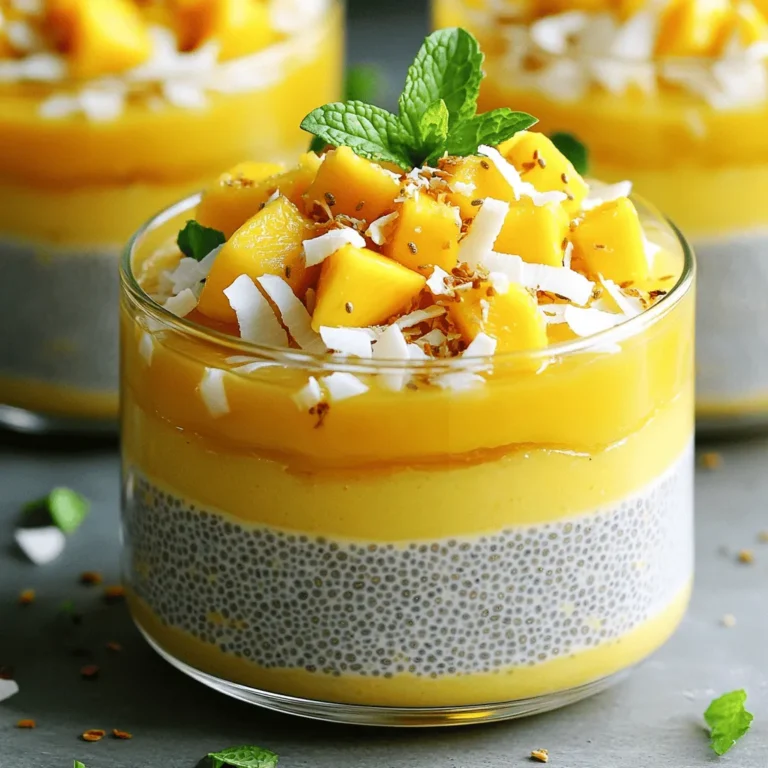 To make mango coconut chia pudding, you need simple and fresh ingredients. Here’s the detailed list: - 1 cup coconut milk (canned or carton) - 1/2 cup ripe mango, diced - 1/4 cup chia seeds - 2 tablespoons honey or maple syrup (adjust to taste) - 1 teaspoon vanilla extract - Pinch of salt - Toasted coconut flakes for garnish - Fresh mint leaves for garnish These ingredients come together to create a creamy and tasty snack. Coconut milk adds a rich flavor and smooth texture. The chia seeds are key for that pudding-like consistency. They soak up the liquid and swell up. This makes the dish thick and hearty. The ripe mango gives a burst of sweetness and bright color. Honey or maple syrup can sweeten it to your liking. A dash of vanilla extract enhances all the flavors. The pinch of salt balances the sweetness and adds depth. Don't forget the toasted coconut flakes! They add a nice crunch on top. Fresh mint leaves make your pudding look fresh and inviting. You can find the full recipe with instructions to create this delicious treat. To begin, gather all your ingredients. You will need coconut milk, chia seeds, honey or maple syrup, vanilla extract, and salt. You can also prepare fresh mango, toasted coconut flakes, and mint for garnish. This part is simple and fun. Start by combining the coconut milk, honey, vanilla, and salt in a medium bowl. Whisk them together until the mixture is smooth and creamy. Next, add the chia seeds and stir well. This ensures each seed gets coated. It is key for a good texture. Now, cover your bowl with plastic wrap or pour the mix into an airtight container. Refrigerate it for at least four hours, or overnight if you can wait! The chia seeds will soak up the liquid and thicken the mix. After it sets, give it a good stir to break up any clumps. You want it creamy for serving. When ready, scoop the pudding into bowls or glasses. Top it with diced mango, sprinkle toasted coconut, and add mint leaves for a pop of color. This makes each bite look and taste amazing! For the full recipe, check out the details above. To make your chia pudding just right, the ratio of chia seeds to liquid is key. I recommend using 1/4 cup of chia seeds for every 1 cup of liquid. This mix will help the seeds soak up the coconut milk well. Stir the seeds into the milk quickly. Let it sit for about 10 minutes, then stir again. This step helps avoid clumps. After that, let it chill in the fridge for at least 4 hours. If you prefer a thicker pudding, you can add more chia seeds. Want to spice up your pudding? Try adding spices like cinnamon or nutmeg. A bit of lime juice can add a nice zing too. You can also mix in other fruits like berries or pineapple. For extra sweetness, adjust the honey or syrup to your taste. If you want a tropical twist, a splash of rum extract can make it even more fun. Each change will give your pudding a unique flavor. How you serve your pudding can make it even more appealing. Use clear cups or jars to show off the layers. Start with a layer of pudding, then add mango, and top with coconut flakes. For a pop of color, add fresh mint leaves on top. You can also drizzle some extra honey on top for a sweet finish. This makes your dessert look as good as it tastes. For the full recipe, check out the details above! {{image_2}} You can switch the mango for other fruits. Pineapple adds a tropical twist. Strawberries bring a sweet flavor. Blueberries offer a burst of color and taste. Just chop the fruit and layer it on top of the pudding. This keeps your snack fresh and fun. You can also mix fruits for a colorful treat. This recipe is easy to adapt. It is already vegan since it uses coconut milk. If you want it gluten-free, you can use any gluten-free sweetener. Maple syrup is a great choice. Always check labels to ensure all your ingredients fit your diet. This way, everyone can enjoy the pudding without worry. To keep your mango coconut chia pudding fresh, always store it in an airtight container. This helps prevent unwanted smells and keeps it from drying out. Place the container in your fridge right after you make it. Remember to cover it well if you use a bowl. Your chia pudding can last up to five days in the fridge. The flavors will blend and improve over time. Just give it a good stir before serving. If you notice any changes in texture or smell, it's best to throw it out. You can freeze chia pudding if you want to save some for later. Use freezer-safe containers or silicone molds for easy removal. Just remember to leave some space at the top for expansion. It can last up to three months in the freezer. Thaw it overnight in the fridge before serving. For best results, enjoy it fresh! For the full recipe, check out the earlier sections. To make Mango Coconut Chia Pudding, gather your ingredients first. You will need coconut milk, chia seeds, honey or maple syrup, vanilla, salt, and ripe mango. 1. Mix the coconut milk, honey, vanilla, and salt in a bowl. 2. Stir in the chia seeds until they are well mixed. 3. Cover the bowl and refrigerate for at least four hours, or overnight. 4. After it sets, stir the pudding to break up clumps. 5. Serve it in bowls, topped with diced mango and toasted coconut. This pudding is simple and fun to make! Chia seeds are tiny but mighty! They are packed with fiber, protein, and omega-3 fatty acids. Here are some benefits: - High in Fiber: This helps with digestion and keeps you feeling full. - Rich in Nutrients: They contain calcium, magnesium, and antioxidants. - Good for Heart Health: Omega-3s support heart function and reduce inflammation. Including chia seeds in your diet can boost your health! Yes, you can prepare Mango Coconut Chia Pudding in advance! This is one of the best parts. You can make it the night before and let it chill. This way, it sets well and saves you time. Just remember to keep it in an airtight container in the fridge. It stays fresh for up to five days, making it a perfect snack! Adjusting sweetness is easy! If you like it sweeter, add more honey or maple syrup. Start with small amounts, like one teaspoon at a time, and taste after each addition. You can also use ripe mango, which adds natural sweetness. If you want less sugar, cut back on the honey. This pudding is flexible, so make it just how you like! You learned how to make a tasty mango coconut chia pudding. We covered the key ingredients, easy steps for mixing, and tips for best results. You can customize this dish with different fruits and dietary needs. Remember to store it correctly for fresh flavors. This pudding is not just delicious; it offers health benefits too. Try making it for breakfast or as a sweet treat. Enjoy your new recipe and have fun experimenting!