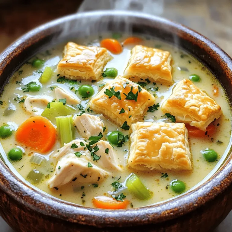 To make Easy Chicken Pot Pie Soup, you need these key ingredients: - 1 lb boneless, skinless chicken breasts, diced - 1 tablespoon olive oil - 1 medium onion, chopped - 2 carrots, diced - 2 celery stalks, diced - 3 cloves garlic, minced - 4 cups chicken broth - 1 cup frozen peas - 1 cup heavy cream - 1 teaspoon dried thyme - 1 teaspoon dried rosemary - Salt and pepper, to taste - 1 cup puff pastry, cut into squares or pre-made biscuit dough (optional, for topping) - Fresh parsley, chopped (for garnish) You can add a few fun toppings to your soup. Here are some ideas: - Flaky puff pastry - Warm biscuit dough - Extra fresh parsley for a pop of color - Crushed crackers for crunch If you don’t have all the ingredients, here are some good swaps: - Chicken breast can be replaced with rotisserie chicken for ease. - Heavy cream can be swapped with half-and-half or whole milk for a lighter version. - Fresh herbs can replace dried herbs if you have them. Use 3 times more fresh herbs. - For a veggie option, try using tofu or chickpeas instead of chicken. For the full recipe, check out the detailed instructions. You will love how simple and tasty this soup can be! In a large pot, start by heating one tablespoon of olive oil over medium heat. Add one pound of diced, boneless, skinless chicken breasts. Cook the chicken for about five to seven minutes. You want it to be browned and fully cooked. Once done, take the chicken out and set it aside. This step builds a strong base for your soup. In the same pot, add a chopped medium onion, two diced carrots, and two diced celery stalks. Sauté these vegetables for about five minutes. Stir often until they start to soften. This adds flavor and texture to your soup. Then, add three minced garlic cloves along with one teaspoon each of dried thyme and dried rosemary. Stir for one minute until the aroma fills your kitchen. Now it’s time to bring everything together. Pour in four cups of chicken broth and bring the mixture to a simmer. Once it starts bubbling, add the cooked chicken and one cup of frozen peas. Stir well. Then, pour in one cup of heavy cream. Let the soup simmer gently for five to ten minutes. This will help it thicken up. Season with salt and pepper to taste. If you want a crispy topping, now is the time to prepare the puff pastry. Preheat your oven to 400°F (200°C). Cut your puff pastry into squares or use pre-made biscuit dough for a quicker option. Place them on a baking sheet and bake for about 15 minutes. You want them golden brown and flaky. Serve your soup in bowls, topped with the baked puff pastry or biscuits. Garnish with fresh parsley for a pop of color. For the full recipe, check out the instructions above. Enjoy your warm and comforting chicken pot pie soup! To thicken your chicken pot pie soup, you have a few options. One way is to add a slurry. Mix equal parts cornstarch and cold water. Stir this mix into the soup as it simmers. This helps create a nice, thick texture. Another method is to add more heavy cream, which will give it a rich flavor. If you prefer a veggie boost, mash some of the cooked carrots or peas. This adds thickness and flavor without any extra steps. I love making this soup ahead of time. It keeps well in the fridge. Store it in an airtight container for up to three days. If you want to keep it longer, freeze it. Pour the cooled soup into freezer-safe containers. It will last up to three months in the freezer. When you're ready to enjoy it again, just thaw it overnight in the fridge. Then, reheat gently on the stove. Serving chicken pot pie soup is fun. You can top it with baked puff pastry or warm biscuits for a cozy feel. I also enjoy adding fresh herbs like parsley or chives for a pop of color. Consider serving it with a side salad or crusty bread. This adds a nice crunch and balances the soup’s creaminess. Want to make it a full meal? Pair it with a light white wine for a delightful touch. Don't forget to check out the Full Recipe for more details! {{image_2}} You can make this soup more colorful and tasty by adding different vegetables. Consider using corn, green beans, or potatoes. Each vegetable adds its own flavor and texture. For instance, corn brings a sweet crunch. Peppers can add a nice bite. Just chop them small and add them when you sauté the other veggies. You have a choice between creamy or broth-based soup. The creamy version is rich and filling, thanks to heavy cream. If you prefer lighter soup, stick with just the broth. You can use less cream or leave it out altogether. Both choices taste great, so it comes down to your mood. Using rotisserie chicken can save you time. It is already cooked and full of flavor. Just shred the chicken and add it to the pot. This method makes the soup even quicker to prepare. You still get a hearty meal without all the fuss. For more detailed steps, check out the Full Recipe. You can store the soup in the fridge. Use an airtight container for best results. It will stay fresh for up to three days. Make sure it cools down to room temperature first. If you want, you can divide it into smaller portions. This makes it easy to grab a bowl when you need it. Freezing the soup is a great way to save it for later. Let the soup cool completely before freezing. Pour it into freezer-safe containers or bags. Be sure to leave some space at the top. The soup will expand when frozen. It can last in the freezer for up to three months. When you're ready to eat, just thaw it overnight in the fridge. Reheating the soup is simple. You can use the stove or microwave. If you use the stove, pour the soup into a pot. Heat it over medium heat, stirring often. This helps it heat evenly. If you use the microwave, place it in a bowl. Cover it with a microwave-safe lid. Heat it in short bursts, stirring in between. This keeps it from overheating. Enjoy your warm bowl of chicken pot pie soup! Don't forget, you can find the Full Recipe to make it fresh whenever you want. Easy Chicken Pot Pie Soup lasts about three to four days in the fridge. Make sure to store it in an airtight container. This keeps the soup fresh and prevents it from absorbing other smells in your fridge. Before eating leftover soup, check for any signs of spoilage. Yes, you can make this soup ahead of time. It tastes even better the next day! Just cook it, let it cool, and store it in the fridge. When you are ready to eat, reheat it on the stove or in the microwave. The flavors meld together nicely when it sits. You can serve Easy Chicken Pot Pie Soup with several tasty options. Here are some ideas: - Fresh bread rolls - A side salad - Crackers or toasted baguette slices - Homemade garlic bread These sides add great flavor and texture to your meal. Yes, the Full Recipe for Easy Chicken Pot Pie Soup is available. You can find detailed steps and ingredients to create this comforting dish. Enjoy the easy process and the delicious result! In this post, we explored making Easy Chicken Pot Pie Soup. We covered key ingredients, step-by-step cooking, and tips for perfecting the dish. I shared variations and how to store the soup. Remember, this recipe is flexible. You can swap veggies or use rotisserie chicken for ease. Enjoy this hearty meal with your favorite sides. Make it your own, and don’t hesitate to experiment. Happy cooking!