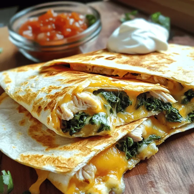 - 2 cups cooked chicken, shredded - 2 cups fresh spinach, chopped - 1 cup shredded mozzarella cheese - 1 cup shredded cheddar cheese - 4 large flour tortillas - 1 small onion, finely chopped - 2 cloves garlic, minced - 1 teaspoon ground cumin - 1 teaspoon paprika - Salt and pepper to taste To make easy chicken and spinach quesadillas, gather these ingredients. Cooked chicken is key. You can use leftover chicken or rotisserie chicken. Fresh spinach adds color and nutrients. Mozzarella and cheddar bring gooey goodness. Tortillas hold everything together. For added flavor, use onion and garlic. They give a nice aroma and taste. Ground cumin and paprika add warmth. Adjust salt and pepper to your liking. - Sour cream - Salsa Serve your quesadillas with sour cream and salsa. They add a nice coolness and zest. You can also try guacamole or hot sauce. Get creative with your dips! For the full recipe, check out the Cheesy Spinach & Chicken Quesadillas section. 1. Start by heating 1 tablespoon of olive oil in a large skillet over medium heat. 2. Add the finely chopped onion and minced garlic. Sauté them until the onion turns soft and clear, about 3-4 minutes. 3. Next, add in the shredded chicken and chopped spinach. Sprinkle in the ground cumin, paprika, salt, and pepper. 4. Cook this mixture for about 5 minutes. Stir it often until the spinach wilts and everything is warm. 5. Remove the skillet from the heat. Stir in half of the mozzarella and cheddar cheese. Mix well until the cheese begins to melt. 1. Heat the remaining tablespoon of olive oil in a clean skillet or griddle over medium heat. 2. Place one tortilla in the heated skillet. On one half of the tortilla, add a scoop of the chicken and spinach mix. 3. Top that with some of the remaining mozzarella and cheddar cheese. 4. Fold the tortilla over to cover the filling. Press it down gently. 5. Cook for about 3-4 minutes on each side. You want the tortilla to turn golden and crispy, and the cheese to melt. 6. Repeat this process for all tortillas until they are filled and cooked. 1. Slice each quesadilla into wedges for easy serving. 2. Serve hot alongside sour cream and salsa for dipping. 3. Enjoy the mix of flavors and textures in every bite! For the complete recipe, check out the Full Recipe section. To get that perfect crispy quesadilla, you need to pay close attention to oil temperature. Heat your skillet over medium heat. Add oil, and let it get hot but not smoking. If it shimmers, it’s ready. This helps the tortilla crisp up nicely. When it’s time to flip, use a spatula carefully. Slide it under the quesadilla and lift it quickly. If you hesitate, the filling can spill. You want that golden brown color on both sides. You can easily change the flavors to suit your taste. Try adding bell peppers or mushrooms for more texture. They add great color and taste. If you want some heat, consider adding jalapeños or a dash of hot sauce. Adjust the spice level to your liking for a personal touch. To save time, prepare the filling in advance. You can cook the chicken and mix in the spinach and spices a day before. Store it in the fridge so it’s ready to go when you want to cook. Using pre-cooked chicken is another great time-saver. You can shred it and mix with the other ingredients. This makes the whole process faster, giving you more time to enjoy your meal. For the full recipe, check out the Cheesy Spinach & Chicken Quesadillas section above. {{image_2}} You can easily make these quesadillas vegetarian. Simply swap the chicken with beans. Black beans or pinto beans work well. They add a nice texture and protein. For cheese, use a vegetarian option. Look for cheese without animal rennet. This keeps your dish meat-free but still tasty. Cheese is key in quesadillas. For a spicy kick, try pepper jack cheese. It melts well and adds heat. You can also mix different cheeses for more flavor. Combine mozzarella and cheddar for a creamy, rich taste. Experiment with your favorite cheeses to find the best blend. You can change the flavor profile of your quesadillas. For a Southwest twist, add corn and jalapeños. This brings a fun, zesty taste. Or go for an Italian theme. Use mozzarella, basil, and sun-dried tomatoes. Both options create exciting new dishes with familiar ingredients. Check out the Full Recipe for more ideas! To keep your chicken and spinach quesadillas fresh, store them in a sealed container. Place parchment paper between layers to prevent sticking. They stay best in the fridge for up to three days. For longer storage, freeze them. Wrap each quesadilla in plastic wrap and then in foil. This keeps them safe from freezer burn. When reheating, you have two main options: the oven or the microwave. The oven keeps quesadillas crispy. Preheat it to 350°F (175°C) and bake for about 10 minutes. The microwave is faster but can make them soggy. If you use the microwave, place a paper towel under the quesadilla to absorb moisture and heat for 30-60 seconds. Refrigerated quesadillas last about three days. After that, check for signs of spoilage. Look for an off smell, discoloration, or a slimy texture. If you see any of these, toss them out. It’s better to stay safe than sorry. Yes, you can! Prepare the filling in advance. Store it in an airtight container in the fridge. This filling will stay fresh for up to three days. When ready to eat, just fill your tortillas and cook them. You can also freeze the filling for up to a month. Just thaw it overnight in the fridge before cooking. Quesadillas pair well with many sides. Here are some popular options: - Mexican rice - Refried beans - Guacamole - Fresh salsa - Corn salad These sides add color and flavor to your meal. They also make it more filling and fun! To make gluten-free quesadillas, use gluten-free tortillas. Many brands now offer good options. You can find them in most grocery stores. - Look for tortillas made with corn or almond flour. - Check the label for gluten-free status. For a successful gluten-free version, be careful with the cooking surface. Make sure it is clean to avoid cross-contamination. Enjoy the same great taste without the gluten! This blog post guides you through making tasty chicken and spinach quesadillas. We covered the main ingredients, easy steps, and tips for a crispy finish. Don’t forget the fun variations and storage tips for leftovers. Quesadillas are simple and quick, perfect for busy days. Try new flavors, enjoy with dips, and customize them to your taste. You’ll impress friends and family with this delicious dish. Now, grab your ingredients and start cooking!