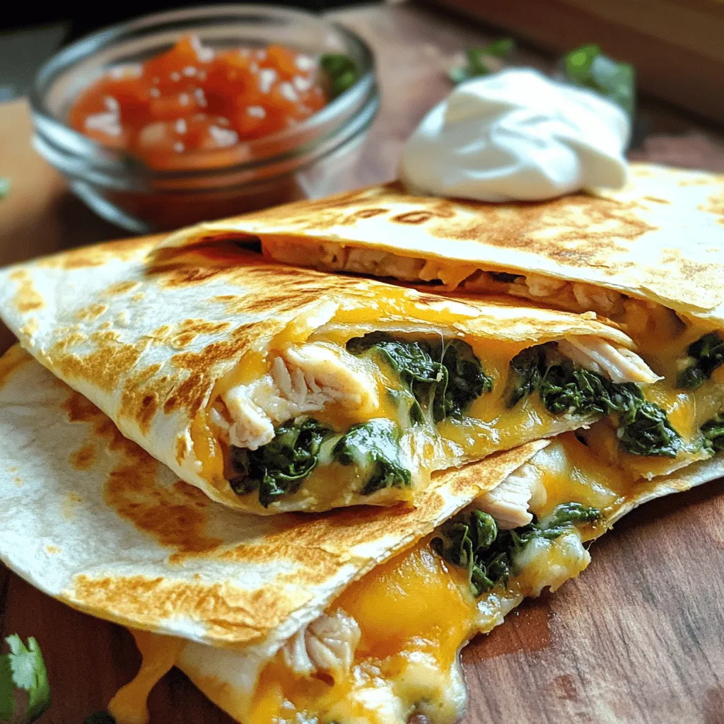 - 2 cups cooked chicken, shredded - 2 cups fresh spinach, chopped - 1 cup shredded mozzarella cheese - 1 cup shredded cheddar cheese - 4 large flour tortillas - 1 small onion, finely chopped - 2 cloves garlic, minced - 1 teaspoon ground cumin - 1 teaspoon paprika - Salt and pepper to taste To make easy chicken and spinach quesadillas, gather these ingredients. Cooked chicken is key. You can use leftover chicken or rotisserie chicken. Fresh spinach adds color and nutrients. Mozzarella and cheddar bring gooey goodness. Tortillas hold everything together. For added flavor, use onion and garlic. They give a nice aroma and taste. Ground cumin and paprika add warmth. Adjust salt and pepper to your liking. - Sour cream - Salsa Serve your quesadillas with sour cream and salsa. They add a nice coolness and zest. You can also try guacamole or hot sauce. Get creative with your dips! For the full recipe, check out the Cheesy Spinach & Chicken Quesadillas section. 1. Start by heating 1 tablespoon of olive oil in a large skillet over medium heat. 2. Add the finely chopped onion and minced garlic. Sauté them until the onion turns soft and clear, about 3-4 minutes. 3. Next, add in the shredded chicken and chopped spinach. Sprinkle in the ground cumin, paprika, salt, and pepper. 4. Cook this mixture for about 5 minutes. Stir it often until the spinach wilts and everything is warm. 5. Remove the skillet from the heat. Stir in half of the mozzarella and cheddar cheese. Mix well until the cheese begins to melt. 1. Heat the remaining tablespoon of olive oil in a clean skillet or griddle over medium heat. 2. Place one tortilla in the heated skillet. On one half of the tortilla, add a scoop of the chicken and spinach mix. 3. Top that with some of the remaining mozzarella and cheddar cheese. 4. Fold the tortilla over to cover the filling. Press it down gently. 5. Cook for about 3-4 minutes on each side. You want the tortilla to turn golden and crispy, and the cheese to melt. 6. Repeat this process for all tortillas until they are filled and cooked. 1. Slice each quesadilla into wedges for easy serving. 2. Serve hot alongside sour cream and salsa for dipping. 3. Enjoy the mix of flavors and textures in every bite! For the complete recipe, check out the Full Recipe section. To get that perfect crispy quesadilla, you need to pay close attention to oil temperature. Heat your skillet over medium heat. Add oil, and let it get hot but not smoking. If it shimmers, it’s ready. This helps the tortilla crisp up nicely. When it’s time to flip, use a spatula carefully. Slide it under the quesadilla and lift it quickly. If you hesitate, the filling can spill. You want that golden brown color on both sides. You can easily change the flavors to suit your taste. Try adding bell peppers or mushrooms for more texture. They add great color and taste. If you want some heat, consider adding jalapeños or a dash of hot sauce. Adjust the spice level to your liking for a personal touch. To save time, prepare the filling in advance. You can cook the chicken and mix in the spinach and spices a day before. Store it in the fridge so it’s ready to go when you want to cook. Using pre-cooked chicken is another great time-saver. You can shred it and mix with the other ingredients. This makes the whole process faster, giving you more time to enjoy your meal. For the full recipe, check out the Cheesy Spinach & Chicken Quesadillas section above. {{image_2}} You can easily make these quesadillas vegetarian. Simply swap the chicken with beans. Black beans or pinto beans work well. They add a nice texture and protein. For cheese, use a vegetarian option. Look for cheese without animal rennet. This keeps your dish meat-free but still tasty. Cheese is key in quesadillas. For a spicy kick, try pepper jack cheese. It melts well and adds heat. You can also mix different cheeses for more flavor. Combine mozzarella and cheddar for a creamy, rich taste. Experiment with your favorite cheeses to find the best blend. You can change the flavor profile of your quesadillas. For a Southwest twist, add corn and jalapeños. This brings a fun, zesty taste. Or go for an Italian theme. Use mozzarella, basil, and sun-dried tomatoes. Both options create exciting new dishes with familiar ingredients. Check out the Full Recipe for more ideas! To keep your chicken and spinach quesadillas fresh, store them in a sealed container. Place parchment paper between layers to prevent sticking. They stay best in the fridge for up to three days. For longer storage, freeze them. Wrap each quesadilla in plastic wrap and then in foil. This keeps them safe from freezer burn. When reheating, you have two main options: the oven or the microwave. The oven keeps quesadillas crispy. Preheat it to 350°F (175°C) and bake for about 10 minutes. The microwave is faster but can make them soggy. If you use the microwave, place a paper towel under the quesadilla to absorb moisture and heat for 30-60 seconds. Refrigerated quesadillas last about three days. After that, check for signs of spoilage. Look for an off smell, discoloration, or a slimy texture. If you see any of these, toss them out. It’s better to stay safe than sorry. Yes, you can! Prepare the filling in advance. Store it in an airtight container in the fridge. This filling will stay fresh for up to three days. When ready to eat, just fill your tortillas and cook them. You can also freeze the filling for up to a month. Just thaw it overnight in the fridge before cooking. Quesadillas pair well with many sides. Here are some popular options: - Mexican rice - Refried beans - Guacamole - Fresh salsa - Corn salad These sides add color and flavor to your meal. They also make it more filling and fun! To make gluten-free quesadillas, use gluten-free tortillas. Many brands now offer good options. You can find them in most grocery stores. - Look for tortillas made with corn or almond flour. - Check the label for gluten-free status. For a successful gluten-free version, be careful with the cooking surface. Make sure it is clean to avoid cross-contamination. Enjoy the same great taste without the gluten! This blog post guides you through making tasty chicken and spinach quesadillas. We covered the main ingredients, easy steps, and tips for a crispy finish. Don’t forget the fun variations and storage tips for leftovers. Quesadillas are simple and quick, perfect for busy days. Try new flavors, enjoy with dips, and customize them to your taste. You’ll impress friends and family with this delicious dish. Now, grab your ingredients and start cooking!
