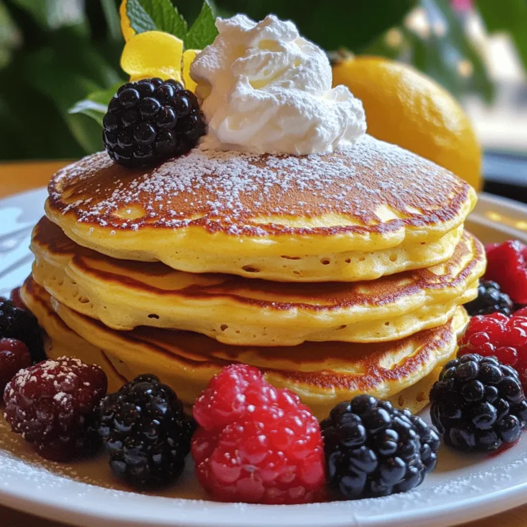 - 1 cup ricotta cheese - 2 large eggs - 1/4 cup granulated sugar - Zest of 1 lemon - 1/4 cup fresh lemon juice I love using ricotta cheese in these pancakes. It makes them soft and creamy. The eggs add richness and help the pancakes rise. Granulated sugar gives just the right hint of sweetness. Zest and juice from the lemon bring a bright, fresh flavor. - 1 cup all-purpose flour - 2 teaspoons baking powder - 1/4 teaspoon salt All-purpose flour gives the pancakes structure. Baking powder lifts the batter and keeps it light. A pinch of salt balances the sweetness and enhances the lemon's flavor. - 1/4 cup milk (or a dairy-free alternative) - Butter or oil for cooking Milk helps adjust the batter's consistency. You can use dairy-free milk if you prefer. Butter or oil is essential for cooking the pancakes. It prevents sticking and adds a nice golden color. For the full recipe, check out the details above. To start, grab a large mixing bowl. Add 1 cup of ricotta cheese, 2 large eggs, and 1/4 cup of granulated sugar. Use a whisk to mix these until smooth. It's important to blend well so your pancakes turn out fluffy. Next, add the zest of 1 lemon and 1/4 cup of fresh lemon juice. The zest gives a bright flavor, while the juice adds a nice tang. Mix again until everything is well combined. Now, take another bowl for the dry mix. Combine 1 cup of all-purpose flour, 2 teaspoons of baking powder, and 1/4 teaspoon of salt. Stir until it looks even. This blend helps the pancakes rise and stay light. Gradually add the dry mix to the wet mix. Use a spatula to fold the ingredients together. Be careful not to over-mix; some lumps are okay. If the batter seems too thick, pour in 1/4 cup of milk. This will help reach the right consistency for pouring. It's time to cook! Preheat a non-stick skillet over medium heat. Lightly grease it with butter or oil. Pour about 1/4 cup of batter for each pancake onto the skillet. Cook for 2-3 minutes. You'll see small bubbles form on the surface when they're ready to flip. Carefully turn the pancakes and cook for another 2-3 minutes until golden brown and fluffy. Repeat this with the remaining batter. Enjoy your Lemon Ricotta Pancakes warm! For the full recipe, check the section above. To make the best Lemon Ricotta Pancakes, start with the right skillet temperature. Preheat your non-stick skillet over medium heat. This helps the pancakes cook evenly and become fluffy. If the skillet is too hot, the pancakes can burn on the outside while staying raw inside. Next, avoid over-mixing your batter. Gently fold the wet and dry ingredients together until just combined. A few lumps are okay. Over-mixing can make the pancakes tough instead of light and airy. When it comes to toppings, get creative! Fresh fruit like berries or sliced bananas pairs well with the zesty lemon flavor. You can also drizzle maple syrup or honey on top for added sweetness. For an appealing look, stack the pancakes high on a plate. Add a dollop of whipped cream and sprinkle powdered sugar on top. This adds a nice touch and makes them even more tempting. If you need a gluten-free option, swap out the all-purpose flour for a gluten-free blend. Many brands offer good alternatives that work just as well. For a dairy-free version, use a plant-based ricotta and a non-dairy milk. Almond or oat milk works great here. These changes still keep the pancakes tasty and fluffy. For the full recipe, check the previous section. {{image_2}} You can make these pancakes even better with some fun additions. Try adding blueberries or chocolate chips to the batter before cooking. This small change adds bursts of flavor and sweetness to each bite. Another option is to switch up the citrus flavor. Instead of lemon, you can use orange zest. This will give your pancakes a bright and fresh taste, perfect for a sunny breakfast. Garnishing your pancakes can take them to the next level. Fresh fruits like strawberries, bananas, or raspberries pair nicely. Just slice them up and place them on top for a colorful look. Drizzling maple syrup or honey adds a nice touch of sweetness. You can also add a dollop of whipped cream for some extra creaminess. It makes your pancakes look fancy and taste even better. You can serve these pancakes in different ways. Stacking them high on a plate looks impressive and makes for a fun meal. Don’t forget to add your favorite toppings! If you want to try something new, consider a pancake waffle hybrid. Use the batter in a waffle maker instead. This gives you a crispy outside and fluffy inside, making for a great breakfast treat. For the full recipe, check out the detailed steps above. Enjoy these tasty lemon ricotta pancakes! To keep your pancakes fresh, follow these steps: - Refrigeration: Place leftover pancakes in an airtight container. They stay good for 3-4 days in the fridge. You can also stack them with parchment paper between layers to prevent sticking. - Freezer Tips: For long-term storage, freeze pancakes in a single layer first. Then, transfer them to a freezer bag or container. They can last up to 2 months. Label the bag with the date for easy tracking. You have a couple of options for reheating: - Microwave: This method is quick. Just place a pancake on a microwave-safe plate. Heat for 20-30 seconds. Add a damp paper towel on top to keep them moist. - Stovetop Reheating: This keeps the texture better. Heat a skillet over low heat. Add a small amount of butter or oil, then place the pancake in the skillet. Heat for about 1-2 minutes on each side until warm. To maintain the fluffy texture, avoid overheating. Check often to prevent drying out. Enjoy your pancakes warm! To make Lemon Ricotta Pancakes from scratch, you need simple ingredients. Here’s what you need: - 1 cup ricotta cheese - 2 large eggs - 1/4 cup granulated sugar - 1 teaspoon vanilla extract - Zest of 1 lemon - 1/4 cup fresh lemon juice - 1 cup all-purpose flour - 2 teaspoons baking powder - 1/4 teaspoon salt - 1/4 cup milk (or a dairy-free alternative) - Butter or oil for the skillet Start by whisking the ricotta, eggs, sugar, vanilla, lemon zest, and juice until smooth. In another bowl, mix the flour, baking powder, and salt. Combine the wet and dry ingredients gently to keep the batter light. If the batter is thick, add milk until it feels right. For the cooking, heat a skillet, pour the batter, and cook until fluffy. Check the [Full Recipe] for exact steps! Yes, you can substitute ricotta cheese. Some good options include: - Cottage cheese (blend for a smoother texture) - Cream cheese (soften it first) - Greek yogurt (adds protein and tang) These alternatives will change the flavor slightly but can still taste great. You can make Lemon Ricotta Pancakes even better with fun mix-ins and toppings. Consider these ideas: - Fresh blueberries or raspberries - Chocolate chips for sweetness - Chopped nuts for crunch - Honey or maple syrup for drizzling You can also top them with whipped cream, fresh fruit, or a sprinkle of powdered sugar. To keep your pancakes fluffy, follow these tips: - Avoid over-mixing the batter; lumps are okay. - Use a light hand when folding in the dry ingredients. - Ensure your skillet is at the right temperature; too hot can burn them. - Let the batter rest for a few minutes before cooking. These steps will help you achieve fluffy and light pancakes every time. In this post, we covered how to make delicious Lemon Ricotta Pancakes. You learned about the key ingredients, like ricotta, eggs, and sugar, and how to prepare them. I shared tips on cooking, serving, and even storing leftover pancakes. You can mix in fruits or switch up flavors to make them your own. Remember, with the right cooking methods, you can create light and fluffy pancakes every time. Enjoy your cooking adventure; these pancakes are sure to impress!