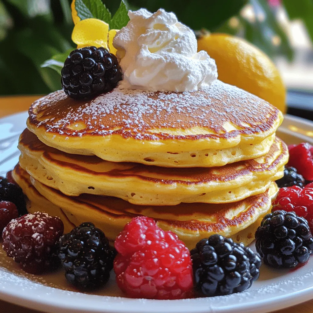 - 1 cup ricotta cheese - 2 large eggs - 1/4 cup granulated sugar - Zest of 1 lemon - 1/4 cup fresh lemon juice I love using ricotta cheese in these pancakes. It makes them soft and creamy. The eggs add richness and help the pancakes rise. Granulated sugar gives just the right hint of sweetness. Zest and juice from the lemon bring a bright, fresh flavor. - 1 cup all-purpose flour - 2 teaspoons baking powder - 1/4 teaspoon salt All-purpose flour gives the pancakes structure. Baking powder lifts the batter and keeps it light. A pinch of salt balances the sweetness and enhances the lemon's flavor. - 1/4 cup milk (or a dairy-free alternative) - Butter or oil for cooking Milk helps adjust the batter's consistency. You can use dairy-free milk if you prefer. Butter or oil is essential for cooking the pancakes. It prevents sticking and adds a nice golden color. For the full recipe, check out the details above. To start, grab a large mixing bowl. Add 1 cup of ricotta cheese, 2 large eggs, and 1/4 cup of granulated sugar. Use a whisk to mix these until smooth. It's important to blend well so your pancakes turn out fluffy. Next, add the zest of 1 lemon and 1/4 cup of fresh lemon juice. The zest gives a bright flavor, while the juice adds a nice tang. Mix again until everything is well combined. Now, take another bowl for the dry mix. Combine 1 cup of all-purpose flour, 2 teaspoons of baking powder, and 1/4 teaspoon of salt. Stir until it looks even. This blend helps the pancakes rise and stay light. Gradually add the dry mix to the wet mix. Use a spatula to fold the ingredients together. Be careful not to over-mix; some lumps are okay. If the batter seems too thick, pour in 1/4 cup of milk. This will help reach the right consistency for pouring. It's time to cook! Preheat a non-stick skillet over medium heat. Lightly grease it with butter or oil. Pour about 1/4 cup of batter for each pancake onto the skillet. Cook for 2-3 minutes. You'll see small bubbles form on the surface when they're ready to flip. Carefully turn the pancakes and cook for another 2-3 minutes until golden brown and fluffy. Repeat this with the remaining batter. Enjoy your Lemon Ricotta Pancakes warm! For the full recipe, check the section above. To make the best Lemon Ricotta Pancakes, start with the right skillet temperature. Preheat your non-stick skillet over medium heat. This helps the pancakes cook evenly and become fluffy. If the skillet is too hot, the pancakes can burn on the outside while staying raw inside. Next, avoid over-mixing your batter. Gently fold the wet and dry ingredients together until just combined. A few lumps are okay. Over-mixing can make the pancakes tough instead of light and airy. When it comes to toppings, get creative! Fresh fruit like berries or sliced bananas pairs well with the zesty lemon flavor. You can also drizzle maple syrup or honey on top for added sweetness. For an appealing look, stack the pancakes high on a plate. Add a dollop of whipped cream and sprinkle powdered sugar on top. This adds a nice touch and makes them even more tempting. If you need a gluten-free option, swap out the all-purpose flour for a gluten-free blend. Many brands offer good alternatives that work just as well. For a dairy-free version, use a plant-based ricotta and a non-dairy milk. Almond or oat milk works great here. These changes still keep the pancakes tasty and fluffy. For the full recipe, check the previous section. {{image_2}} You can make these pancakes even better with some fun additions. Try adding blueberries or chocolate chips to the batter before cooking. This small change adds bursts of flavor and sweetness to each bite. Another option is to switch up the citrus flavor. Instead of lemon, you can use orange zest. This will give your pancakes a bright and fresh taste, perfect for a sunny breakfast. Garnishing your pancakes can take them to the next level. Fresh fruits like strawberries, bananas, or raspberries pair nicely. Just slice them up and place them on top for a colorful look. Drizzling maple syrup or honey adds a nice touch of sweetness. You can also add a dollop of whipped cream for some extra creaminess. It makes your pancakes look fancy and taste even better. You can serve these pancakes in different ways. Stacking them high on a plate looks impressive and makes for a fun meal. Don’t forget to add your favorite toppings! If you want to try something new, consider a pancake waffle hybrid. Use the batter in a waffle maker instead. This gives you a crispy outside and fluffy inside, making for a great breakfast treat. For the full recipe, check out the detailed steps above. Enjoy these tasty lemon ricotta pancakes! To keep your pancakes fresh, follow these steps: - Refrigeration: Place leftover pancakes in an airtight container. They stay good for 3-4 days in the fridge. You can also stack them with parchment paper between layers to prevent sticking. - Freezer Tips: For long-term storage, freeze pancakes in a single layer first. Then, transfer them to a freezer bag or container. They can last up to 2 months. Label the bag with the date for easy tracking. You have a couple of options for reheating: - Microwave: This method is quick. Just place a pancake on a microwave-safe plate. Heat for 20-30 seconds. Add a damp paper towel on top to keep them moist. - Stovetop Reheating: This keeps the texture better. Heat a skillet over low heat. Add a small amount of butter or oil, then place the pancake in the skillet. Heat for about 1-2 minutes on each side until warm. To maintain the fluffy texture, avoid overheating. Check often to prevent drying out. Enjoy your pancakes warm! To make Lemon Ricotta Pancakes from scratch, you need simple ingredients. Here’s what you need: - 1 cup ricotta cheese - 2 large eggs - 1/4 cup granulated sugar - 1 teaspoon vanilla extract - Zest of 1 lemon - 1/4 cup fresh lemon juice - 1 cup all-purpose flour - 2 teaspoons baking powder - 1/4 teaspoon salt - 1/4 cup milk (or a dairy-free alternative) - Butter or oil for the skillet Start by whisking the ricotta, eggs, sugar, vanilla, lemon zest, and juice until smooth. In another bowl, mix the flour, baking powder, and salt. Combine the wet and dry ingredients gently to keep the batter light. If the batter is thick, add milk until it feels right. For the cooking, heat a skillet, pour the batter, and cook until fluffy. Check the [Full Recipe] for exact steps! Yes, you can substitute ricotta cheese. Some good options include: - Cottage cheese (blend for a smoother texture) - Cream cheese (soften it first) - Greek yogurt (adds protein and tang) These alternatives will change the flavor slightly but can still taste great. You can make Lemon Ricotta Pancakes even better with fun mix-ins and toppings. Consider these ideas: - Fresh blueberries or raspberries - Chocolate chips for sweetness - Chopped nuts for crunch - Honey or maple syrup for drizzling You can also top them with whipped cream, fresh fruit, or a sprinkle of powdered sugar. To keep your pancakes fluffy, follow these tips: - Avoid over-mixing the batter; lumps are okay. - Use a light hand when folding in the dry ingredients. - Ensure your skillet is at the right temperature; too hot can burn them. - Let the batter rest for a few minutes before cooking. These steps will help you achieve fluffy and light pancakes every time. In this post, we covered how to make delicious Lemon Ricotta Pancakes. You learned about the key ingredients, like ricotta, eggs, and sugar, and how to prepare them. I shared tips on cooking, serving, and even storing leftover pancakes. You can mix in fruits or switch up flavors to make them your own. Remember, with the right cooking methods, you can create light and fluffy pancakes every time. Enjoy your cooking adventure; these pancakes are sure to impress!