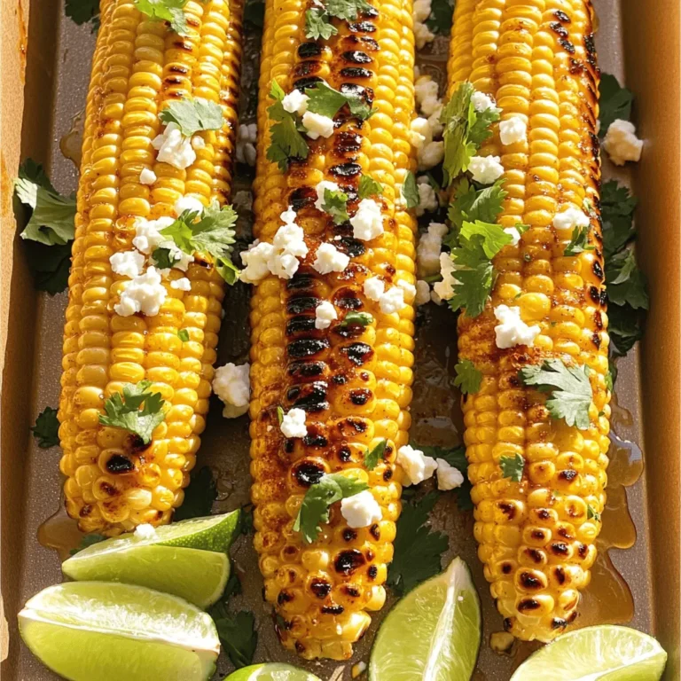 To make great grilled corn, start with fresh corn. Look for ears that have bright green husks. The kernels should look plump and juicy. You want corn that is sweet and tender. Four ears of corn work well for this recipe. For the best flavor, you need a tasty marinade. Here are the key ingredients: - 2 tablespoons olive oil - 1 teaspoon smoked paprika - 1 teaspoon chili powder - 1 tablespoon honey - 1/2 teaspoon salt - 1/4 teaspoon black pepper Mix these ingredients together in a bowl. This mixture will give your corn a sweet and spicy kick. Toppings can elevate your corn to new heights. Some fun options include: - 1/4 cup crumbled feta cheese (optional) - Fresh cilantro, chopped (for garnish) - Lime wedges (for serving) These toppings add creaminess and freshness. They also enhance the flavor of the grilled corn. You can customize your corn with any of these extras from the Full Recipe. Start by husking the corn. Remove all the green leaves and silk. Make sure the corn is clean. This helps the marinade stick better. Rinse the corn under cool water to remove any dirt. Pat the corn dry with a clean towel. You want the corn dry so the marinade works well. In a large bowl, mix together the olive oil, smoked paprika, and chili powder. Add honey, salt, and black pepper. Stir this mix well until it blends into a smooth sauce. This will give the corn a sweet and spicy flavor. Brush the marinade all over the corn. Make sure every part is coated. This step is key for delicious grilled corn. Preheat your grill to medium-high heat. Place the marinated corn directly on the grill. Cook for 10 to 15 minutes. Turn the corn every few minutes. This helps it cook evenly and get nice grill marks. Look for tender kernels and a bit of char. When done, take the corn off the grill. Let it cool a bit before serving. You can add crumbled feta cheese for a tasty twist. Enjoy your sweet and spicy grilled corn on the cob! For full details on this recipe, check the Full Recipe. The best grilling temperature for corn is medium-high heat. This means about 400 to 450 degrees Fahrenheit. At this heat, the corn cooks evenly and gets those nice grill marks. If the grill is too hot, the outside can burn before the inside cooks. If it's too low, the corn can turn mushy. To avoid burning the corn, soak it in water before grilling. Soaking helps keep moisture in. You can soak the corn in water for about 30 minutes. This method also makes the kernels tender. Make sure to turn the corn every few minutes while grilling. This helps it cook evenly and prevents hot spots. To achieve the perfect char, brush the corn with a marinade. My favorite mix is olive oil, smoked paprika, and chili powder. This adds flavor and helps with browning. Cook the corn for 10 to 15 minutes, turning it regularly. Look for deep brown spots on the kernels. These spots show that they are perfectly charred. Enjoy your sweet and spicy grilled corn on the cob with friends and family. For the full recipe, check out the details above. {{image_2}} You can change up the flavors for your grilled corn. Instead of smoked paprika, try using garlic powder or cumin for a new twist. If you love heat, add cayenne pepper to your marinade. For a sweeter taste, consider using brown sugar in place of honey. Mix and match to find your favorite blend! Cheese adds a creamy taste to grilled corn. Feta cheese is a great choice, but you can also use cotija or Parmesan. Cotija gives a salty flavor, while Parmesan adds a nice sharpness. Crumbled goat cheese can bring a tangy kick. Experiment with different cheeses to find the perfect match! Get creative with toppings for parties or holidays. For a Mexican fiesta, try adding a drizzle of lime crema and a sprinkle of chili powder. For a barbecue, top with BBQ sauce and shredded cheese. For a summer cookout, try adding fresh herbs like basil or mint. These toppings will wow your guests and make your corn unforgettable! For the full recipe, check out Sweet and Spicy Grilled Corn on the Cob. After you enjoy your grilled corn, you might have some left. Let the corn cool down before storing. Wrap each ear in plastic wrap or foil. Place the wrapped corn in an airtight container. This helps keep the corn fresh for up to three days in the fridge. When you're ready to eat the leftover corn, it's easy to reheat. You can use the grill, microwave, or oven. If you choose the grill, preheat it to medium heat. Place the corn on the grill for about five minutes, turning once. For the microwave, put the corn on a plate and cover it with a damp paper towel. Heat for one to two minutes. If you prefer the oven, wrap the corn in foil and bake at 350°F for about ten minutes. Want to save grilled corn for a long time? Freezing is a great option. First, let the corn cool completely. Cut the kernels off the cob, or leave them whole. Place the corn in freezer bags, removing as much air as possible. Seal the bags tightly and label them. You can freeze the corn for up to six months. When you’re ready to use it, just thaw it in the fridge overnight or cook it straight from frozen. This way, you can always enjoy that sweet and spicy flavor from the full recipe! You should grill corn on the cob for about 10 to 15 minutes. This time allows the kernels to get tender and slightly charred. Turn the corn every few minutes for even cooking. You’ll know it’s ready when you see some nice grill marks and the corn looks bright yellow. Yes, you can grill corn with the husk on. This method keeps the corn moist and adds a unique flavor. Just soak the corn in water for about 30 minutes before grilling. This helps prevent the husks from burning. You can peel back the husk and remove the silk before serving, or leave it on for a rustic look. Grilled corn on the cob pairs well with many dishes. You can serve it with burgers, grilled chicken, or barbecue ribs. It also goes great with salads and dips. For a fun twist, try serving it with lime wedges and crumbled feta cheese. The fresh flavors will enhance your meal. For the full recipe, check out the Sweet and Spicy Grilled Corn on the Cob. This blog post covered how to grill corn perfectly, from choosing fresh ingredients to flavorful marinades. We discussed grilling techniques and offered tips to avoid burning the corn. You learned about seasoning variations and how to store leftovers. Grilled corn can be simple or fancy, based on what you like. Enjoy creating your own versions, and don't be afraid to experiment. With these steps, your grilled corn will impress everyone at your next meal.