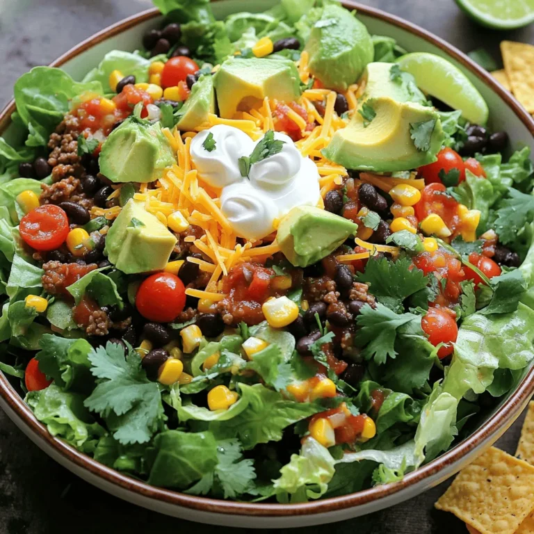 - 1 lb ground beef or turkey - 1 packet taco seasoning - 1 can black beans, rinsed and drained - 1 cup corn, frozen or canned - 1 large head of romaine lettuce, chopped For a tasty loaded taco salad, you need a few key items. The star is ground beef or turkey. This meat gives the salad its savory flavor. Next, you will need taco seasoning. This mix adds spice and zest. Black beans bring in protein and fiber. They also add a nice texture. Corn sweetens the dish and adds a pop of color. Lastly, chopped romaine lettuce makes a great base. It stays crisp and fresh. - 1 cup cherry tomatoes, halved - 1 avocado, diced - 1 cup shredded cheddar cheese - 1/2 cup sour cream - 1/4 cup fresh cilantro, chopped Now, let’s talk toppings! Cherry tomatoes add a juicy bite and bright color. Diced avocado brings creaminess and healthy fats. Shredded cheddar cheese gives a rich flavor and melty touch. Sour cream adds a cool contrast to the spices. Finally, fresh cilantro brings a burst of herbal taste. You can mix these toppings in or add them on top for a fun look. - Salsa, for drizzling - Tortilla chips, for garnish - Lime wedges, for serving - Salt and pepper to taste If you want to jazz up your salad, consider add-ins. Salsa adds more flavor and a bit of heat. Crushed tortilla chips give a crunchy texture. Lime wedges offer a zesty kick when squeezed over the top. Don’t forget to season with salt and pepper to taste. These optional items can turn a good salad into a great one. For the full recipe, check out the complete guide! 1. Brown the ground beef or turkey: Heat a large skillet over medium heat. Add the ground meat and cook until it turns brown. This usually takes about 5 to 7 minutes. Stir often to ensure it cooks evenly. 2. Drain excess fat: Once the meat is browned, carefully drain any extra fat. This step keeps your salad lighter and healthier. 3. Add taco seasoning and simmer: Open the taco seasoning packet and sprinkle it over the meat. Follow the instructions on the packet. Typically, you will add some water and let it simmer for about 5 minutes. This allows the flavors to blend perfectly. 1. Create a base with lettuce: Take a large serving bowl and layer the chopped romaine lettuce at the bottom. This will be your fresh and crunchy base. 2. Layer with cooked meat and other ingredients: Evenly distribute the cooked meat over the lettuce. Next, add a layer of black beans, followed by corn, cherry tomatoes, and diced avocado. Each layer adds texture and flavor. 3. Add toppings and garnishes: Sprinkle shredded cheddar cheese on top. Then, add dollops of sour cream and drizzle salsa over everything. Finally, garnish with fresh cilantro and crushed tortilla chips for that extra crunch. 1. Present in a large bowl or individual bowls: You can serve this salad in one large bowl for sharing or in individual bowls for each guest. 2. Arrange in sections for visual appeal: To make your salad eye-catching, arrange the ingredients in sections. This way, each component shines and looks delicious. Consider adding a sprinkle of cheese and a few extra tortilla chips on top for even more visual appeal. For more detailed steps and tips, check out the Full Recipe for Loaded Taco Salad. To make your loaded taco salad shine, adjust the seasoning to your taste. You might want more spice or salt. Taste as you go to get it just right. Fresh ingredients boost flavor. Try to use ripe tomatoes and crisp lettuce. Fresh cilantro adds a bright touch, too. You can save time by preparing ingredients in advance. Chop your veggies the night before. This way, you can mix the salad fast. Canned or frozen items work well. Black beans from a can save time and taste great. Frozen corn can also cut down on prep time. The way you present your salad matters. Create colorful layers to catch the eye. Start with green lettuce and add bright tomatoes. Layering makes it look fun and tasty. Garnish with extra tortilla chips and cheese for crunch. This adds flair and makes your dish pop. {{image_2}} You can easily switch the meat in your loaded taco salad. If you prefer, use shredded chicken or tofu. Shredded chicken adds a tender texture. Tofu gives a nice bite and works well for vegetarians. You can even try black bean burgers for a fun twist. These options keep the dish tasty while meeting different dietary needs. Feel free to get creative with ingredients. You can use different beans, like pinto or kidney beans. Each type brings its own flavor and texture. Cheese is another area to explore—try pepper jack for a spicy kick or queso fresco for a milder taste. For the greens, mix it up with spinach or arugula. These changes can give your salad a fresh spin. Don't forget about the dressing! A creamy ranch pairs well with the flavors in your salad. If you want a zing, try a vinaigrette for brightness. For those who love heat, add a spicy chipotle dressing. It amps up the flavor and makes the salad even more exciting. Each dressing can change your taco salad experience, so have fun experimenting! For the full recipe, check [Full Recipe]. To keep your loaded taco salad fresh, store it in an airtight container. This step keeps moisture out and preserves flavors. It’s best to keep the meat and toppings separate. This way, your salad stays crisp and tasty. You can refrigerate the salad for up to 3 days. Make sure to eat it within this time for the best taste. I recommend avoiding freezing. Freezing can change the texture of the ingredients, especially the lettuce and tomatoes. When you are ready to enjoy leftovers, reheat the meat separately. This method helps maintain the meat's flavor and warmth. After reheating, add fresh toppings like avocado and cilantro. This keeps your salad looking and tasting great. For a full recipe, check out the loaded taco salad instructions above. You can make your loaded taco salad even better with fun toppings. Consider adding: - Jalapeños for heat - Olives for saltiness - Bell peppers for crunch - Radishes for a fresh bite - Greek yogurt as a sour cream swap - Fresh corn for sweetness Feel free to mix and match toppings. The more colors, the better it looks! Yes, you can prepare parts of your taco salad ahead of time! Here are some tips: - Cook the meat and store it in the fridge for up to three days. - Chop your veggies and keep them in airtight containers. - Wait to add toppings like avocado and sour cream until right before serving. This keeps them fresh. Layering is key for both taste and looks. Here’s how I do it: 1. Start with a base of romaine lettuce. 2. Add the cooked meat evenly over the lettuce. 3. Next, layer black beans, corn, tomatoes, and avocado. 4. Sprinkle cheese on top for a nice finish. 5. Finally, dollop sour cream and drizzle salsa for flavor. This way, each bite is packed with flavor! Making a lighter taco salad is simple. Try these swaps: - Use lean ground turkey or chicken instead of beef. - Swap sour cream for Greek yogurt to cut calories. - Add more veggies like spinach or kale instead of lettuce. - Use low-fat cheese or skip it altogether for fewer calories. These changes keep your salad tasty and nutritious! For the full recipe, check out the Loaded Taco Salad section. This blog post showed you how to make a delicious loaded taco salad. You learned about essential ingredients, cooking steps, and tasty toppings. I shared tips for flavor and presentation, plus fun variations and storage info. Now you can create your own loaded taco salad that fits your taste. Enjoy experimenting with the ingredients. Make it colorful and flavorful, and share it with friends!