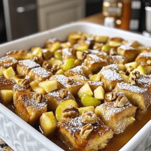 To make this tasty dish, gather these items: - 1 loaf of challah bread, cut into cubes - 3 large eggs - 2 cups whole milk - 1 cup unsweetened applesauce - 1 teaspoon vanilla extract - 2 teaspoons ground cinnamon - 1/4 teaspoon nutmeg - 1/4 cup maple syrup - 2 medium apples, peeled and diced (preferably Granny Smith or Honeycrisp) - 1/2 cup chopped walnuts (optional) - Powdered sugar for dusting (optional) Each ingredient plays a key role. The bread gives a soft base, while the eggs bind everything. The milk adds creaminess, and the applesauce brings moisture. Cinnamon and nutmeg provide warmth and spice. The apples add a fresh crunch, and walnuts add a nice texture. Measuring helps keep your bake just right. Use a standard measuring cup or spoon for accuracy. This way, you get perfect flavor and texture each time. You can tweak this recipe to match your taste. Here are some ideas: - Swap the challah for brioche or sourdough for different flavors. - Add raisins or dried cranberries for extra sweetness. - Try adding a splash of orange juice for a citrus twist. - Use almond milk or oat milk for a dairy-free option. - Top with fresh berries or bananas before serving for added color and taste. Feel free to mix and match according to your preference! You can find the Full Recipe above for step-by-step guidance. To start, gather all your ingredients. You need a loaf of challah bread, eggs, milk, applesauce, vanilla extract, ground cinnamon, nutmeg, maple syrup, apples, and walnuts if you want. 1. Preheat the oven to 350°F (175°C). Grease a 9x13-inch baking dish with butter or cooking spray. 2. Whisk the eggs in a large bowl. Add the milk, applesauce, vanilla, cinnamon, nutmeg, and maple syrup. Mix until everything blends well. 3. Cut the bread into cubes and add them to the greased dish. Gently fold in the diced apples and walnuts if you use them. 1. Pour the egg mixture evenly over the bread cubes. Make sure all pieces get coated. 2. Cover the dish with plastic wrap. Chill it in the fridge for at least 30 minutes. You can leave it overnight for more flavor. 3. Remove the dish from the fridge. Let it sit for 10 minutes at room temperature. 4. Bake uncovered for 40-45 minutes. Look for a golden brown top and a set center. Once baked, take the dish out of the oven. Let it cool for a few minutes before serving. Dust with powdered sugar if you like. Serve warm and consider adding extra diced apples on top. A drizzle of maple syrup makes it even sweeter! Enjoy your Apple Cinnamon French Toast Bake delight, and for a full recipe, check the details above! When making apple cinnamon French toast bake, avoid some common mistakes. First, do not skip the chilling step. Chilling lets the bread soak up all the egg mix. If you skip this, the bake may turn out dry. Also, use stale bread if you can. Fresh bread can get too soggy. Stale bread holds up better during baking. To get the best texture, use a variety of apples. Granny Smith adds tartness, while Honeycrisp gives sweetness. Mix them for a balanced flavor. Also, make sure to bake until golden brown on top. The center should feel firm, not wet. This shows it is done and will taste great. Having the right tools makes this recipe easier. Here are some must-haves: - 9x13-inch baking dish: Perfect for even cooking. - Whisk: Great for mixing wet ingredients well. - Cutting board: Helps with chopping apples safely. - Sharp knife: For easy apple slicing. - Plastic wrap: To cover the dish while chilling. Using these tools will help you create a delicious apple cinnamon French toast bake. For full details, check the Full Recipe. {{image_2}} You can use many types of bread for your Apple Cinnamon French Toast Bake. Each type brings its unique taste and texture. Here are some great choices: - Brioche: This soft, buttery bread adds a rich flavor. - Sourdough: The tangy taste of sourdough balances the sweetness well. - Whole Wheat: This option is hearty and adds fiber. - Gluten-Free Bread: Perfect for gluten-sensitive eaters. Mix and match these breads based on what you have. Each will give a different twist to your dish. You can easily customize your French toast bake to suit your taste. Here are some fun ideas: - Fruits: Add berries, bananas, or raisins for extra sweetness. - Spices: Try adding ginger or cardamom for a warm kick. - Nuts: Chopped pecans or almonds add crunch and flavor. - Chocolate Chips: For a sweet treat, fold in some chocolate chips. Feel free to get creative! Each addition can change the dish completely. If you want to make this recipe healthier, there are simple swaps you can try: - Eggs: Use egg whites instead of whole eggs to cut fat. - Milk: Choose almond milk or oat milk for a lighter option. - Applesauce: You can use unsweetened applesauce to cut added sugars. - Nuts: Swap walnuts for sunflower seeds if you want a nut-free option. These swaps keep your dish tasty but lower in calories. Enjoy the same great taste with healthier ingredients! To keep your Apple Cinnamon French Toast Bake fresh, store it in the fridge. Place leftovers in an airtight container. This helps keep it moist. It can last up to three days. If you want to enjoy it later, try freezing it. When you're ready to eat, you can reheat this dish easily. Preheat your oven to 350°F (175°C). Place the slice on a baking tray. Cover it with foil to prevent it from drying out. Heat for about 15-20 minutes. You can also use a microwave. Heat for 30 seconds to 1 minute until warm. To freeze your French toast bake, cut it into portions. Wrap each piece in plastic wrap. Then, place them in a freezer bag. This helps keep the flavor fresh. It can stay in the freezer for up to two months. To thaw, take it out of the freezer a day before. Leave it in the fridge overnight. Reheat it as mentioned above. Enjoy your delicious meal anytime! Yes, you can make this dish ahead of time. I often prepare it the night before. Just follow the steps up to pouring the egg mixture over the bread. Cover the dish with plastic wrap and chill it in the fridge. This allows the bread to soak up the flavors overnight. When you're ready to bake, simply take it out and let it sit for about 10 minutes. Then bake it as directed in the Full Recipe. To make this dish dairy-free, you can swap the whole milk with a plant-based milk. Almond milk, oat milk, or coconut milk work great. Use the same amount as the recipe states. For the eggs, you can use a flaxseed or chia seed mixture as a substitute. Mix one tablespoon of ground flaxseed or chia seeds with three tablespoons of water. Let it sit for five minutes until it gels. This mixture will help bind the dish just like eggs do. I love to serve this dish with fresh fruit. Slices of bananas, berries, or extra diced apples make a great topping. Drizzling more maple syrup over the top adds sweetness. You can also serve it with a dollop of whipped cream or yogurt for creaminess. Some crispy bacon or sausage links on the side will give a savory touch. Enjoy exploring these additions! In this post, I covered the key steps to make Apple Cinnamon French Toast Bake. We explored the ingredients you need and how to customize them. I walked you through preparation, baking, and serving suggestions. We discussed tips to avoid common mistakes and achieve the best texture. My final thought: this dish is easy and fun to make. Enjoy testing out different flavors and sharing it with friends and family. You will impress everyone with your delicious creation!