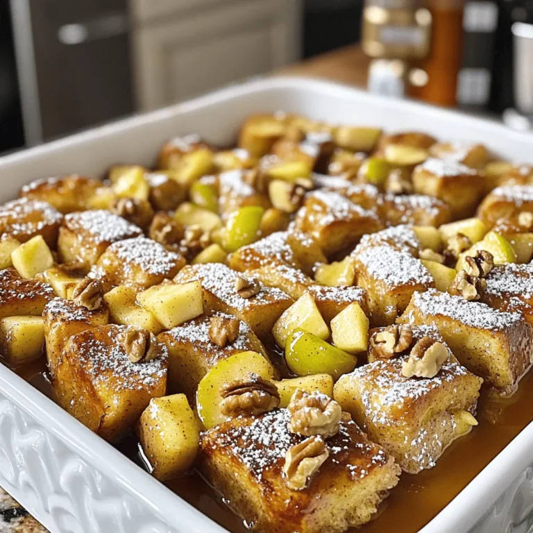 To make this tasty dish, gather these items: - 1 loaf of challah bread, cut into cubes - 3 large eggs - 2 cups whole milk - 1 cup unsweetened applesauce - 1 teaspoon vanilla extract - 2 teaspoons ground cinnamon - 1/4 teaspoon nutmeg - 1/4 cup maple syrup - 2 medium apples, peeled and diced (preferably Granny Smith or Honeycrisp) - 1/2 cup chopped walnuts (optional) - Powdered sugar for dusting (optional) Each ingredient plays a key role. The bread gives a soft base, while the eggs bind everything. The milk adds creaminess, and the applesauce brings moisture. Cinnamon and nutmeg provide warmth and spice. The apples add a fresh crunch, and walnuts add a nice texture. Measuring helps keep your bake just right. Use a standard measuring cup or spoon for accuracy. This way, you get perfect flavor and texture each time. You can tweak this recipe to match your taste. Here are some ideas: - Swap the challah for brioche or sourdough for different flavors. - Add raisins or dried cranberries for extra sweetness. - Try adding a splash of orange juice for a citrus twist. - Use almond milk or oat milk for a dairy-free option. - Top with fresh berries or bananas before serving for added color and taste. Feel free to mix and match according to your preference! You can find the Full Recipe above for step-by-step guidance. To start, gather all your ingredients. You need a loaf of challah bread, eggs, milk, applesauce, vanilla extract, ground cinnamon, nutmeg, maple syrup, apples, and walnuts if you want. 1. Preheat the oven to 350°F (175°C). Grease a 9x13-inch baking dish with butter or cooking spray. 2. Whisk the eggs in a large bowl. Add the milk, applesauce, vanilla, cinnamon, nutmeg, and maple syrup. Mix until everything blends well. 3. Cut the bread into cubes and add them to the greased dish. Gently fold in the diced apples and walnuts if you use them. 1. Pour the egg mixture evenly over the bread cubes. Make sure all pieces get coated. 2. Cover the dish with plastic wrap. Chill it in the fridge for at least 30 minutes. You can leave it overnight for more flavor. 3. Remove the dish from the fridge. Let it sit for 10 minutes at room temperature. 4. Bake uncovered for 40-45 minutes. Look for a golden brown top and a set center. Once baked, take the dish out of the oven. Let it cool for a few minutes before serving. Dust with powdered sugar if you like. Serve warm and consider adding extra diced apples on top. A drizzle of maple syrup makes it even sweeter! Enjoy your Apple Cinnamon French Toast Bake delight, and for a full recipe, check the details above! When making apple cinnamon French toast bake, avoid some common mistakes. First, do not skip the chilling step. Chilling lets the bread soak up all the egg mix. If you skip this, the bake may turn out dry. Also, use stale bread if you can. Fresh bread can get too soggy. Stale bread holds up better during baking. To get the best texture, use a variety of apples. Granny Smith adds tartness, while Honeycrisp gives sweetness. Mix them for a balanced flavor. Also, make sure to bake until golden brown on top. The center should feel firm, not wet. This shows it is done and will taste great. Having the right tools makes this recipe easier. Here are some must-haves: - 9x13-inch baking dish: Perfect for even cooking. - Whisk: Great for mixing wet ingredients well. - Cutting board: Helps with chopping apples safely. - Sharp knife: For easy apple slicing. - Plastic wrap: To cover the dish while chilling. Using these tools will help you create a delicious apple cinnamon French toast bake. For full details, check the Full Recipe. {{image_2}} You can use many types of bread for your Apple Cinnamon French Toast Bake. Each type brings its unique taste and texture. Here are some great choices: - Brioche: This soft, buttery bread adds a rich flavor. - Sourdough: The tangy taste of sourdough balances the sweetness well. - Whole Wheat: This option is hearty and adds fiber. - Gluten-Free Bread: Perfect for gluten-sensitive eaters. Mix and match these breads based on what you have. Each will give a different twist to your dish. You can easily customize your French toast bake to suit your taste. Here are some fun ideas: - Fruits: Add berries, bananas, or raisins for extra sweetness. - Spices: Try adding ginger or cardamom for a warm kick. - Nuts: Chopped pecans or almonds add crunch and flavor. - Chocolate Chips: For a sweet treat, fold in some chocolate chips. Feel free to get creative! Each addition can change the dish completely. If you want to make this recipe healthier, there are simple swaps you can try: - Eggs: Use egg whites instead of whole eggs to cut fat. - Milk: Choose almond milk or oat milk for a lighter option. - Applesauce: You can use unsweetened applesauce to cut added sugars. - Nuts: Swap walnuts for sunflower seeds if you want a nut-free option. These swaps keep your dish tasty but lower in calories. Enjoy the same great taste with healthier ingredients! To keep your Apple Cinnamon French Toast Bake fresh, store it in the fridge. Place leftovers in an airtight container. This helps keep it moist. It can last up to three days. If you want to enjoy it later, try freezing it. When you're ready to eat, you can reheat this dish easily. Preheat your oven to 350°F (175°C). Place the slice on a baking tray. Cover it with foil to prevent it from drying out. Heat for about 15-20 minutes. You can also use a microwave. Heat for 30 seconds to 1 minute until warm. To freeze your French toast bake, cut it into portions. Wrap each piece in plastic wrap. Then, place them in a freezer bag. This helps keep the flavor fresh. It can stay in the freezer for up to two months. To thaw, take it out of the freezer a day before. Leave it in the fridge overnight. Reheat it as mentioned above. Enjoy your delicious meal anytime! Yes, you can make this dish ahead of time. I often prepare it the night before. Just follow the steps up to pouring the egg mixture over the bread. Cover the dish with plastic wrap and chill it in the fridge. This allows the bread to soak up the flavors overnight. When you're ready to bake, simply take it out and let it sit for about 10 minutes. Then bake it as directed in the Full Recipe. To make this dish dairy-free, you can swap the whole milk with a plant-based milk. Almond milk, oat milk, or coconut milk work great. Use the same amount as the recipe states. For the eggs, you can use a flaxseed or chia seed mixture as a substitute. Mix one tablespoon of ground flaxseed or chia seeds with three tablespoons of water. Let it sit for five minutes until it gels. This mixture will help bind the dish just like eggs do. I love to serve this dish with fresh fruit. Slices of bananas, berries, or extra diced apples make a great topping. Drizzling more maple syrup over the top adds sweetness. You can also serve it with a dollop of whipped cream or yogurt for creaminess. Some crispy bacon or sausage links on the side will give a savory touch. Enjoy exploring these additions! In this post, I covered the key steps to make Apple Cinnamon French Toast Bake. We explored the ingredients you need and how to customize them. I walked you through preparation, baking, and serving suggestions. We discussed tips to avoid common mistakes and achieve the best texture. My final thought: this dish is easy and fun to make. Enjoy testing out different flavors and sharing it with friends and family. You will impress everyone with your delicious creation!