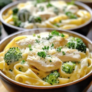 - 2 boneless, skinless chicken breasts - 2 cups broccoli florets - 8 oz fettuccine pasta - 1 cup heavy cream - 1 cup grated Parmesan cheese - 2 tablespoons butter - 3 cloves garlic, minced - Salt and pepper to taste - 1 teaspoon Italian seasoning - Fresh parsley, chopped (for garnish) - Large pot - Skillet - Measuring cups and spoons - Colander - Whisk When making Chicken Broccoli Alfredo, you need to gather all the right ingredients. The chicken breasts are the main protein, giving a hearty bite. Fresh broccoli florets add color and crunch. The fettuccine pasta serves as a perfect base to hold the creamy sauce. Next, make sure to have heavy cream and grated Parmesan cheese on hand. These ingredients create the rich Alfredo sauce that makes this dish so special. Seasonings like butter, garlic, salt, and pepper enhance the flavors. Italian seasoning adds a nice touch of herbiness, while fresh parsley gives a pop of color and freshness as a garnish. You will also need some kitchen tools. A large pot helps to boil the pasta and broccoli together. A skillet is essential for cooking the chicken and making the sauce. Measuring cups and spoons ensure you get the right amounts. A colander is used to drain the pasta, and a whisk mixes the sauce smoothly. With these ingredients and tools, you’ll be on your way to a delicious Chicken Broccoli Alfredo. For the Full Recipe, check out the instructions below! To start, bring a large pot of salted water to a boil. Add 8 oz of fettuccine pasta. Cook it according to the package instructions until it is al dente. This usually takes about 8 to 10 minutes. Now, in the last 2 minutes of cooking, it’s time to add 2 cups of broccoli florets to the pot. This helps the broccoli get tender while the pasta cooks. Once done, drain the pasta and broccoli together. Make sure to save about 1 cup of the pasta water for later. Set everything aside. Next, grab a large skillet and heat it over medium heat. Add 2 tablespoons of butter and let it melt. While the butter melts, season 2 boneless, skinless chicken breasts with salt, pepper, and 1 teaspoon of Italian seasoning. This will add a nice flavor. Place the chicken in the skillet and cook it for about 6 to 7 minutes on each side. You want it to be golden brown and no longer pink inside. Once it’s cooked, remove the chicken and let it rest for a few minutes before slicing it into strips. In the same skillet, add 3 cloves of minced garlic and sauté for about 1 minute. You want the garlic to be fragrant but not burned. Pour in 1 cup of heavy cream and bring it to a gentle simmer. This step is key for creaminess. Gradually whisk in 1 cup of grated Parmesan cheese until it melts completely. If your sauce is too thick, you can add some of the reserved pasta water to reach your desired consistency. This will ensure it coats everything nicely. Now, it’s time to bring everything together. Add the cooked fettuccine and broccoli to the skillet with the sauce. Toss everything gently to coat the pasta and broccoli evenly. Finally, fold in the sliced chicken, mixing it well. Taste your dish and adjust the seasoning with salt and pepper as needed. This step is important for a well-balanced flavor. For the full recipe, be sure to check out the detailed instructions! To make a smooth Alfredo sauce, focus on the right consistency. Start with heavy cream in a warm skillet. Whisk in Parmesan cheese slowly. If the sauce is thick, stir in some pasta water. This keeps the sauce creamy and helps it cling to the pasta. If you have leftover sauce, store it in an airtight container. Keep it in the fridge for up to three days. To use it again, warm it gently on the stove. Add a splash of cream or milk to restore creaminess. You can boost flavor with spices. A pinch of red pepper flakes adds a nice kick. You might also try adding more cheese, like mozzarella or pecorino. Both melt well and enrich the sauce. Fresh herbs can elevate your dish. Basil or thyme works great. Chop them finely and mix them in right before serving. This adds freshness and color to your Chicken Broccoli Alfredo. If you want to make a larger batch, increase the ingredients evenly. However, make sure to adjust cooking times. Cooking the chicken longer might be needed to ensure it cooks through. For busy weeknights, prep ahead. You can cook the chicken and broccoli in advance. Store them in the fridge. When you're ready to eat, just heat everything up and mix it with the sauce. This saves time and still gives you a tasty meal. {{image_2}} You can switch up the protein in Chicken Broccoli Alfredo. Shrimp adds a nice touch. It cooks quickly and has a sweet flavor. Just sauté shrimp for about 2-3 minutes. You can also use mushrooms for a hearty, vegetarian dish. Portobello or shiitake mushrooms work great. They soak up flavors and give a meaty bite. For vegetarian options, consider using plant-based proteins like tofu or tempeh. Both are great for soaking up the creamy sauce. Cut them into small pieces and sauté until golden brown. This adds texture and keeps the dish satisfying. If you want a lighter sauce, try using half-and-half instead of heavy cream. It will still give you that creamy texture but with fewer calories. You can also make a sauce using low-fat yogurt. Just mix it with some broth for a tangy twist. For dairy-free options, use coconut milk or cashew cream. Both will give you a rich flavor without the dairy. Blend soaked cashews until smooth, then mix with broth. This makes a creamy sauce that’s full of taste. You can experiment with different pasta shapes for your dish. Penne or rotini work well and hold sauce nicely. If you want a fun twist, try using whole wheat or spinach pasta. They add flavor and nutrition. For gluten-free options, look for pasta made from brown rice or chickpeas. These options are tasty and keep the dish hearty. Just make sure to check the cooking times, as they may vary from regular pasta. For the full recipe of Chicken Broccoli Alfredo, check out the detailed instructions. Store your Chicken Broccoli Alfredo in an airtight container. This keeps it fresh and safe. Leftovers will stay good in the fridge for about three to four days. Always let the dish cool before sealing it up. This helps prevent moisture buildup. To freeze, use freezer-safe bags or containers. Remove as much air as possible. This helps prevent freezer burn. You can freeze the Chicken Broccoli Alfredo for up to three months. When you're ready to eat, thaw it in the fridge overnight. Reheat gently to keep it creamy. Use a skillet over low heat. Stir in a splash of milk or cream to improve texture. If it seems too thick, add a bit of reserved pasta water. This will help you achieve that delicious creaminess again. If you want to swap heavy cream, you have options. Use whole milk or half-and-half for a lighter choice. Sour cream adds a nice tang too. For a vegan option, try coconut milk or cashew cream. Each will change the flavor a bit, so pick what you like best. Yes, you can prepare Chicken Broccoli Alfredo in advance. Cook the chicken, pasta, and sauce, but keep them separate. Store each part in airtight containers in the fridge. When you’re ready to eat, simply reheat everything together on the stove. Add a splash of water or milk to keep it creamy. To lighten up Chicken Broccoli Alfredo, use less cream or replace it with milk. You can also cut back on cheese or use a lower-fat cheese. Swap fettuccine for whole wheat or veggie noodles. These choices keep the dish tasty while trimming calories. Yes, you can make a gluten-free Chicken Broccoli Alfredo. Use gluten-free pasta available in stores. Many brands offer great options that cook well. Check the ingredients in your sauce to ensure it’s gluten-free. Adjust the recipe as needed to keep it delicious! For the full details, check the Full Recipe for Chicken Broccoli Alfredo. This blog post covers everything you need to make Chicken Broccoli Alfredo. We discussed main ingredients like chicken, broccoli, and fettuccine. I detailed how to prepare each element step-by-step and shared tips for perfecting your sauce. You can easily modify the recipe with different proteins or pasta shapes. Remember to store and reheat your leftovers properly for the best taste. With these insights, you can cook a delicious meal that fits your needs and tastes. Enjoy your cooking journey!