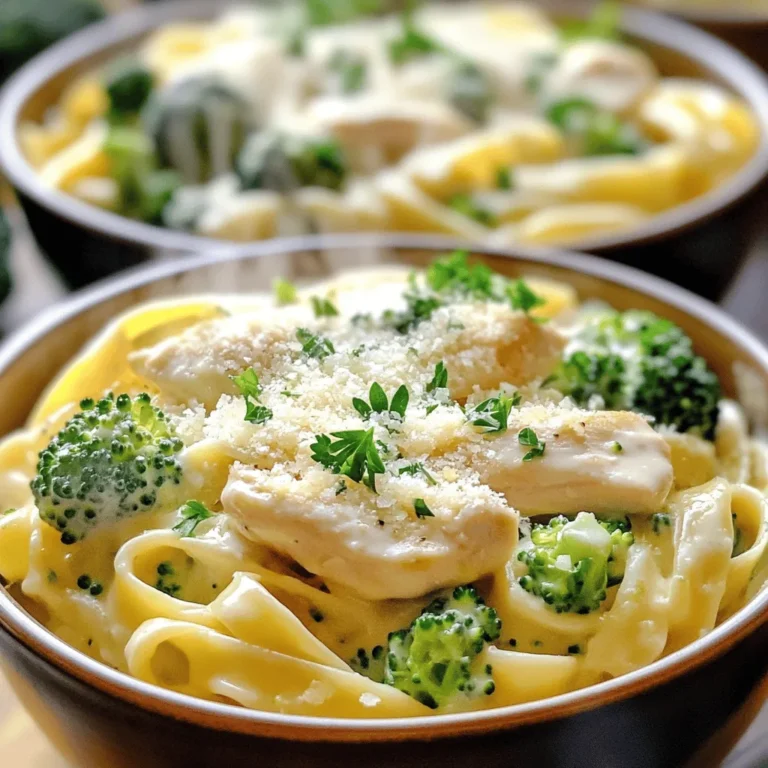 - 2 boneless, skinless chicken breasts - 2 cups broccoli florets - 8 oz fettuccine pasta - 1 cup heavy cream - 1 cup grated Parmesan cheese - 2 tablespoons butter - 3 cloves garlic, minced - Salt and pepper to taste - 1 teaspoon Italian seasoning - Fresh parsley, chopped (for garnish) - Large pot - Skillet - Measuring cups and spoons - Colander - Whisk When making Chicken Broccoli Alfredo, you need to gather all the right ingredients. The chicken breasts are the main protein, giving a hearty bite. Fresh broccoli florets add color and crunch. The fettuccine pasta serves as a perfect base to hold the creamy sauce. Next, make sure to have heavy cream and grated Parmesan cheese on hand. These ingredients create the rich Alfredo sauce that makes this dish so special. Seasonings like butter, garlic, salt, and pepper enhance the flavors. Italian seasoning adds a nice touch of herbiness, while fresh parsley gives a pop of color and freshness as a garnish. You will also need some kitchen tools. A large pot helps to boil the pasta and broccoli together. A skillet is essential for cooking the chicken and making the sauce. Measuring cups and spoons ensure you get the right amounts. A colander is used to drain the pasta, and a whisk mixes the sauce smoothly. With these ingredients and tools, you’ll be on your way to a delicious Chicken Broccoli Alfredo. For the Full Recipe, check out the instructions below! To start, bring a large pot of salted water to a boil. Add 8 oz of fettuccine pasta. Cook it according to the package instructions until it is al dente. This usually takes about 8 to 10 minutes. Now, in the last 2 minutes of cooking, it’s time to add 2 cups of broccoli florets to the pot. This helps the broccoli get tender while the pasta cooks. Once done, drain the pasta and broccoli together. Make sure to save about 1 cup of the pasta water for later. Set everything aside. Next, grab a large skillet and heat it over medium heat. Add 2 tablespoons of butter and let it melt. While the butter melts, season 2 boneless, skinless chicken breasts with salt, pepper, and 1 teaspoon of Italian seasoning. This will add a nice flavor. Place the chicken in the skillet and cook it for about 6 to 7 minutes on each side. You want it to be golden brown and no longer pink inside. Once it’s cooked, remove the chicken and let it rest for a few minutes before slicing it into strips. In the same skillet, add 3 cloves of minced garlic and sauté for about 1 minute. You want the garlic to be fragrant but not burned. Pour in 1 cup of heavy cream and bring it to a gentle simmer. This step is key for creaminess. Gradually whisk in 1 cup of grated Parmesan cheese until it melts completely. If your sauce is too thick, you can add some of the reserved pasta water to reach your desired consistency. This will ensure it coats everything nicely. Now, it’s time to bring everything together. Add the cooked fettuccine and broccoli to the skillet with the sauce. Toss everything gently to coat the pasta and broccoli evenly. Finally, fold in the sliced chicken, mixing it well. Taste your dish and adjust the seasoning with salt and pepper as needed. This step is important for a well-balanced flavor. For the full recipe, be sure to check out the detailed instructions! To make a smooth Alfredo sauce, focus on the right consistency. Start with heavy cream in a warm skillet. Whisk in Parmesan cheese slowly. If the sauce is thick, stir in some pasta water. This keeps the sauce creamy and helps it cling to the pasta. If you have leftover sauce, store it in an airtight container. Keep it in the fridge for up to three days. To use it again, warm it gently on the stove. Add a splash of cream or milk to restore creaminess. You can boost flavor with spices. A pinch of red pepper flakes adds a nice kick. You might also try adding more cheese, like mozzarella or pecorino. Both melt well and enrich the sauce. Fresh herbs can elevate your dish. Basil or thyme works great. Chop them finely and mix them in right before serving. This adds freshness and color to your Chicken Broccoli Alfredo. If you want to make a larger batch, increase the ingredients evenly. However, make sure to adjust cooking times. Cooking the chicken longer might be needed to ensure it cooks through. For busy weeknights, prep ahead. You can cook the chicken and broccoli in advance. Store them in the fridge. When you're ready to eat, just heat everything up and mix it with the sauce. This saves time and still gives you a tasty meal. {{image_2}} You can switch up the protein in Chicken Broccoli Alfredo. Shrimp adds a nice touch. It cooks quickly and has a sweet flavor. Just sauté shrimp for about 2-3 minutes. You can also use mushrooms for a hearty, vegetarian dish. Portobello or shiitake mushrooms work great. They soak up flavors and give a meaty bite. For vegetarian options, consider using plant-based proteins like tofu or tempeh. Both are great for soaking up the creamy sauce. Cut them into small pieces and sauté until golden brown. This adds texture and keeps the dish satisfying. If you want a lighter sauce, try using half-and-half instead of heavy cream. It will still give you that creamy texture but with fewer calories. You can also make a sauce using low-fat yogurt. Just mix it with some broth for a tangy twist. For dairy-free options, use coconut milk or cashew cream. Both will give you a rich flavor without the dairy. Blend soaked cashews until smooth, then mix with broth. This makes a creamy sauce that’s full of taste. You can experiment with different pasta shapes for your dish. Penne or rotini work well and hold sauce nicely. If you want a fun twist, try using whole wheat or spinach pasta. They add flavor and nutrition. For gluten-free options, look for pasta made from brown rice or chickpeas. These options are tasty and keep the dish hearty. Just make sure to check the cooking times, as they may vary from regular pasta. For the full recipe of Chicken Broccoli Alfredo, check out the detailed instructions. Store your Chicken Broccoli Alfredo in an airtight container. This keeps it fresh and safe. Leftovers will stay good in the fridge for about three to four days. Always let the dish cool before sealing it up. This helps prevent moisture buildup. To freeze, use freezer-safe bags or containers. Remove as much air as possible. This helps prevent freezer burn. You can freeze the Chicken Broccoli Alfredo for up to three months. When you're ready to eat, thaw it in the fridge overnight. Reheat gently to keep it creamy. Use a skillet over low heat. Stir in a splash of milk or cream to improve texture. If it seems too thick, add a bit of reserved pasta water. This will help you achieve that delicious creaminess again. If you want to swap heavy cream, you have options. Use whole milk or half-and-half for a lighter choice. Sour cream adds a nice tang too. For a vegan option, try coconut milk or cashew cream. Each will change the flavor a bit, so pick what you like best. Yes, you can prepare Chicken Broccoli Alfredo in advance. Cook the chicken, pasta, and sauce, but keep them separate. Store each part in airtight containers in the fridge. When you’re ready to eat, simply reheat everything together on the stove. Add a splash of water or milk to keep it creamy. To lighten up Chicken Broccoli Alfredo, use less cream or replace it with milk. You can also cut back on cheese or use a lower-fat cheese. Swap fettuccine for whole wheat or veggie noodles. These choices keep the dish tasty while trimming calories. Yes, you can make a gluten-free Chicken Broccoli Alfredo. Use gluten-free pasta available in stores. Many brands offer great options that cook well. Check the ingredients in your sauce to ensure it’s gluten-free. Adjust the recipe as needed to keep it delicious! For the full details, check the Full Recipe for Chicken Broccoli Alfredo. This blog post covers everything you need to make Chicken Broccoli Alfredo. We discussed main ingredients like chicken, broccoli, and fettuccine. I detailed how to prepare each element step-by-step and shared tips for perfecting your sauce. You can easily modify the recipe with different proteins or pasta shapes. Remember to store and reheat your leftovers properly for the best taste. With these insights, you can cook a delicious meal that fits your needs and tastes. Enjoy your cooking journey!