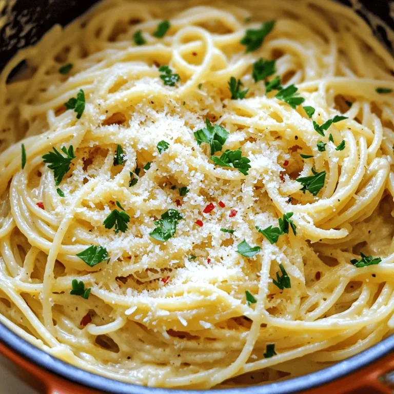 - 8 ounces of spaghetti or your choice of pasta - 4 cups vegetable broth - 1 cup heavy cream - 6 cloves garlic, minced - 1 cup grated Parmesan cheese - 2 tablespoons olive oil - 1 teaspoon red pepper flakes (optional) - Fresh parsley, chopped (for garnish) - Large pot or deep skillet - Stirring utensil - Measuring cups and spoons Gather these ingredients before you start cooking. Each item adds to the creamy, savory taste of this dish. The garlic brings a wonderful aroma, while the Parmesan gives it richness. You can swap the pasta for your favorite type. The vegetable broth keeps it light, but feel free to use chicken broth if you prefer. The optional olive oil adds depth, and red pepper flakes can give it a spicy kick. For tools, a large pot or deep skillet works best to hold all the pasta and sauce. A good stirring utensil is a must to mix everything well. Measuring cups and spoons will help you get the amounts just right. Ready to cook? Check out the Full Recipe for step-by-step instructions. 1. Start by heating 2 tablespoons of olive oil in a large pot over medium heat. 2. Add 6 minced garlic cloves to the pot. If you like spice, toss in 1 teaspoon of red pepper flakes. Sauté for 1-2 minutes. You want the garlic fragrant but not browned. 3. Next, pour in 4 cups of vegetable broth. Stir well, then add 8 ounces of spaghetti or your chosen pasta. 1. Bring the mixture to a boil. Once it bubbles, lower the heat to medium-low. 2. Cook the pasta for about 9-12 minutes. Stir it occasionally to keep it from sticking. You want the pasta al dente, with most of the liquid absorbed. 1. Reduce the heat to low and stir in 1 cup of heavy cream and 1 cup of grated Parmesan cheese. Mix until the cheese melts and the sauce thickens. 2. Season with salt and pepper to taste. 3. Let the pasta rest for a few minutes. This helps the flavors blend. 4. Serve warm, garnished with chopped parsley and an extra sprinkle of Parmesan if you like. For the full recipe, check out the details provided. To get the right al dente texture, cook your pasta until it is firm but not hard. The pasta will keep cooking after you drain it. Start tasting at about 9 minutes. Season your cooking water well. This will add flavor to your pasta. Use about a tablespoon of salt per quart of water. Avoid overcooking the pasta by stirring it often. If you see the pasta is too soft, it’s too late! To ensure a creamy sauce, add the cheese at the end. Stir it in slowly to help it melt evenly. If your sauce looks too thick, add a bit more broth or cream. Think about adding fresh herbs like basil or thyme. They can brighten up the dish. For presentation, serve your pasta in bowls. Top it with extra Parmesan and fresh parsley. This makes it look lovely and inviting! You can find the full recipe for One-Pot Garlic Parmesan Pasta to guide you through the steps. {{image_2}} You can easily switch up the pasta in this dish. Try gluten-free pasta if you need it. Many brands offer tasty options that still cook well in one pot. For a creamy texture without dairy, use coconut milk or cashew cream. These options keep the dish rich and tasty while meeting dietary needs. Want to boost protein? Add cooked chicken, shrimp, or even chickpeas. They mix well and make your meal heartier. Adding veggies is a great way to get more nutrients. Spinach, broccoli, or bell peppers fit nicely in this pasta dish. Just toss them in with the pasta as it cooks for a colorful and healthy twist. Pair this pasta with a fresh salad or garlic bread for a full meal. A simple green salad with lemon vinaigrette complements the creamy pasta. Be bold and serve it baked! After cooking, transfer the pasta to a baking dish, top with more cheese, and bake until golden. This adds a fun texture and flavor. For more ideas, check the Full Recipe to explore all your options! After you enjoy your one-pot garlic Parmesan pasta, store leftovers in the fridge. Use an airtight container for best results. This keeps the pasta fresh for up to three days. To freeze leftover pasta, let it cool first. Then, place it in a freezer-safe bag or container. Press out as much air as possible. This method can keep your pasta good for about three months. When you're ready to eat the leftovers, you want to reheat them well. The best way is on the stovetop. Place the pasta in a pan, add a splash of water or broth, and heat it over low to medium heat. Stir often to keep it moist. You can also use a microwave for quick reheating. Put the pasta in a microwave-safe bowl. Add a little water, cover it with a lid or a damp paper towel, and heat in short bursts. Stir in between bursts to avoid dry spots. For freshness, your one-pot garlic Parmesan pasta lasts about three days in the fridge. If you freeze it, aim to eat it within three months for the best taste. Watch for signs of spoilage. If the pasta smells off, looks discolored, or has mold, it's time to toss it. Always trust your nose and eyes when checking food. - How long does it take to prepare One-Pot Garlic Parmesan Pasta? It takes about 10 minutes to prep and 25 minutes to cook. So, in just 35 minutes, you can enjoy a tasty meal. - Can I make this recipe in advance? Yes, you can make it ahead. Just cook the pasta, let it cool, and store it in the fridge. Reheat it when you're ready to eat. - Is this recipe suitable for a vegetarian diet? Absolutely! This pasta dish uses vegetable broth, making it perfect for vegetarians. - Can I make it gluten-free? Yes, you can! Just swap out regular pasta for your favorite gluten-free pasta. It will taste great. - What if my sauce is too thick or too thin? If the sauce is too thick, add a little more broth or cream. If it's too thin, let it cook a bit longer to thicken up. - How do I adjust the recipe for fewer servings? Simply cut the ingredients in half. This works well and keeps the taste just right. This blog post covered simple steps to make a delicious One-Pot Garlic Parmesan Pasta. We explored essential and optional ingredients, tools needed, and cooking tips. I shared easy ways to enhance flavor and prevent common mistakes. Variations let you swap ingredients or add proteins for more options. Plus, I included storage tips to save leftovers. Now, you can make this dish your own. Enjoy the process and savor the results!