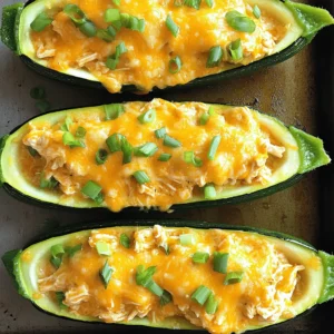 To make Buffalo Chicken Zucchini Boats, you need the right ingredients. Here’s what you’ll gather: - 4 medium zucchinis - 2 cups cooked shredded chicken - ½ cup buffalo sauce - 1 cup shredded cheddar cheese - ½ cup cream cheese - 1 tablespoon olive oil - ½ teaspoon garlic powder - ¼ teaspoon onion powder - Salt and pepper to taste - Green onions for garnish These ingredients blend together to create a dish bursting with flavor. The zucchinis serve as the perfect base for the savory buffalo chicken filling. You can easily adjust the buffalo sauce to fit your spice level. If you want a milder taste, use less sauce. Cream cheese adds a rich and creamy texture. It balances the heat from the buffalo sauce. Shredded cheddar cheese on top melts beautifully, adding a delicious finish. Green onions provide a fresh touch and a nice color contrast. By using cooked shredded chicken, you save time. You can use leftovers or rotisserie chicken, making this dish quick to prepare. This recipe is not just tasty; it is simple too. You can find the full recipe to guide you through the cooking steps. Enjoy cooking! 1. Preheat the oven Set your oven to 375°F (190°C). This step warms the oven for baking. 2. Prepare the zucchinis Slice the zucchinis in half lengthwise. Use a spoon to scoop out seeds and flesh. You want to create small boats. Save that zucchini flesh for later. 3. Sauté zucchini flesh Heat one tablespoon of olive oil in a skillet over medium heat. Add the chopped zucchini flesh. Sauté for 2-3 minutes until it softens. This adds flavor and texture to your dish. 1. Combine ingredients in a bowl In a large mixing bowl, add the cooked shredded chicken, buffalo sauce, cream cheese, garlic powder, onion powder, salt, and pepper. Stir well until everything is mixed. 2. Add sautéed zucchini flesh Take the sautéed zucchini flesh you set aside. Add it to the bowl with the chicken mixture. Stir until all ingredients are evenly combined. This makes your filling rich and tasty. 1. Fill zucchini boats Grab your zucchini boats and fill each one with the buffalo chicken mixture. Press down gently to pack it in well. This step ensures every bite is full of flavor. 2. Bake until tender Place the filled zucchini boats on a baking sheet. Sprinkle shredded cheddar cheese on top. Bake for 25-30 minutes until the zucchini is tender and the cheese is bubbly and golden. Enjoy the aroma while it bakes! For the complete recipe, refer to the Full Recipe. - Selecting the best zucchinis: Choose medium-sized zucchinis. They should feel firm and heavy. Look for smooth skin without blemishes. This ensures a great texture and taste. - Adjusting buffalo sauce to taste: Buffalo sauce can be spicy. Start with half a cup and taste the mix. If you want more heat, add more sauce slowly. Balance the flavor as you like. - Optimal baking time: Bake your zucchini boats for 25-30 minutes. This gives them a tender texture and melts the cheese. Keep an eye on them to avoid overcooking. - Checking for doneness: To check if they are done, poke a fork into the zucchini. It should be soft but not mushy. The cheese should be bubbly and slightly golden. {{image_2}} You can change this dish to fit your taste. Here are some fun ideas: - Adding different cheeses: Try mozzarella or pepper jack cheese. Both melt well and add unique flavors. You can even mix cheeses for depth. - Using other sauces: Swap buffalo sauce for barbecue or ranch dressing. Each sauce gives a different twist. Experiment and find your favorite! - Vegetarian option: Use beans or lentils instead of chicken. This makes a hearty and tasty dish for vegetarians. Add more veggies for extra flavor and nutrition. Pair your buffalo chicken zucchini boats with tasty sides. Here are some great combos: - Pairing with sides: Serve with a fresh salad or crunchy coleslaw. These add crispness and balance the spicy flavor. You can also include sweet potato fries for a fun twist. - Garnishing ideas: Top with chopped green onions or cilantro. These herbs add color and a burst of fresh taste. A drizzle of ranch dressing can also cool down the heat! For the complete recipe, check out the [Full Recipe]. To store leftovers, place them in an airtight container. Keep the container in the fridge. The dish stays fresh for up to three days. Make sure to cool the zucchini boats before sealing them. This helps prevent moisture buildup. You can freeze buffalo chicken zucchini boats for later. Wrap each boat tightly in plastic wrap. Then, place them in a freezer-safe bag. They stay good for about two months. To reheat, let them thaw in the fridge overnight. Then, bake at 350°F (175°C) for 15-20 minutes. This keeps them warm and tasty. If you want, top with extra cheese before baking. Enjoy your meal! For the full recipe, check the earlier section. Can I use raw chicken? No, using raw chicken is not safe. Always cook your chicken first. You can use leftover chicken or rotisserie chicken. This saves time and adds flavor to the dish. What can I substitute for buffalo sauce? If you want a milder sauce, use barbecue sauce or ranch dressing. You can also mix hot sauce with butter for a homemade version. Adjust the spice level to fit your taste. How do I know when zucchini boats are done? Zucchini boats are done when they are tender. You can test this with a fork. The cheese should also be bubbly and slightly golden. What to do if the zucchini is too soggy? If your zucchini turns soggy, try salting them before baking. This helps remove excess water. You can also bake them a bit longer to dry them out. Solutions for insufficient cheese melting If your cheese doesn't melt well, check your oven temperature. Make sure it's hot enough. You can also cover the dish with foil for part of the bake time to help it melt evenly. For the full recipe and more tips, check the [Full Recipe]. Zucchini boats are a simple and tasty dish. This recipe combines zucchini, chicken, and buffalo sauce for flavor. You learned how to prepare, fill, and bake zucchini until tender. I shared tips for choosing ingredients and cooking. You can customize with different toppings or sauces. Remember, storing leftovers properly keeps them fresh. Whether you try variations or follow the recipe, enjoy your delicious zucchini boats!