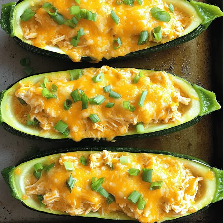 To make Buffalo Chicken Zucchini Boats, you need the right ingredients. Here’s what you’ll gather: - 4 medium zucchinis - 2 cups cooked shredded chicken - ½ cup buffalo sauce - 1 cup shredded cheddar cheese - ½ cup cream cheese - 1 tablespoon olive oil - ½ teaspoon garlic powder - ¼ teaspoon onion powder - Salt and pepper to taste - Green onions for garnish These ingredients blend together to create a dish bursting with flavor. The zucchinis serve as the perfect base for the savory buffalo chicken filling. You can easily adjust the buffalo sauce to fit your spice level. If you want a milder taste, use less sauce. Cream cheese adds a rich and creamy texture. It balances the heat from the buffalo sauce. Shredded cheddar cheese on top melts beautifully, adding a delicious finish. Green onions provide a fresh touch and a nice color contrast. By using cooked shredded chicken, you save time. You can use leftovers or rotisserie chicken, making this dish quick to prepare. This recipe is not just tasty; it is simple too. You can find the full recipe to guide you through the cooking steps. Enjoy cooking! 1. Preheat the oven Set your oven to 375°F (190°C). This step warms the oven for baking. 2. Prepare the zucchinis Slice the zucchinis in half lengthwise. Use a spoon to scoop out seeds and flesh. You want to create small boats. Save that zucchini flesh for later. 3. Sauté zucchini flesh Heat one tablespoon of olive oil in a skillet over medium heat. Add the chopped zucchini flesh. Sauté for 2-3 minutes until it softens. This adds flavor and texture to your dish. 1. Combine ingredients in a bowl In a large mixing bowl, add the cooked shredded chicken, buffalo sauce, cream cheese, garlic powder, onion powder, salt, and pepper. Stir well until everything is mixed. 2. Add sautéed zucchini flesh Take the sautéed zucchini flesh you set aside. Add it to the bowl with the chicken mixture. Stir until all ingredients are evenly combined. This makes your filling rich and tasty. 1. Fill zucchini boats Grab your zucchini boats and fill each one with the buffalo chicken mixture. Press down gently to pack it in well. This step ensures every bite is full of flavor. 2. Bake until tender Place the filled zucchini boats on a baking sheet. Sprinkle shredded cheddar cheese on top. Bake for 25-30 minutes until the zucchini is tender and the cheese is bubbly and golden. Enjoy the aroma while it bakes! For the complete recipe, refer to the Full Recipe. - Selecting the best zucchinis: Choose medium-sized zucchinis. They should feel firm and heavy. Look for smooth skin without blemishes. This ensures a great texture and taste. - Adjusting buffalo sauce to taste: Buffalo sauce can be spicy. Start with half a cup and taste the mix. If you want more heat, add more sauce slowly. Balance the flavor as you like. - Optimal baking time: Bake your zucchini boats for 25-30 minutes. This gives them a tender texture and melts the cheese. Keep an eye on them to avoid overcooking. - Checking for doneness: To check if they are done, poke a fork into the zucchini. It should be soft but not mushy. The cheese should be bubbly and slightly golden. {{image_2}} You can change this dish to fit your taste. Here are some fun ideas: - Adding different cheeses: Try mozzarella or pepper jack cheese. Both melt well and add unique flavors. You can even mix cheeses for depth. - Using other sauces: Swap buffalo sauce for barbecue or ranch dressing. Each sauce gives a different twist. Experiment and find your favorite! - Vegetarian option: Use beans or lentils instead of chicken. This makes a hearty and tasty dish for vegetarians. Add more veggies for extra flavor and nutrition. Pair your buffalo chicken zucchini boats with tasty sides. Here are some great combos: - Pairing with sides: Serve with a fresh salad or crunchy coleslaw. These add crispness and balance the spicy flavor. You can also include sweet potato fries for a fun twist. - Garnishing ideas: Top with chopped green onions or cilantro. These herbs add color and a burst of fresh taste. A drizzle of ranch dressing can also cool down the heat! For the complete recipe, check out the [Full Recipe]. To store leftovers, place them in an airtight container. Keep the container in the fridge. The dish stays fresh for up to three days. Make sure to cool the zucchini boats before sealing them. This helps prevent moisture buildup. You can freeze buffalo chicken zucchini boats for later. Wrap each boat tightly in plastic wrap. Then, place them in a freezer-safe bag. They stay good for about two months. To reheat, let them thaw in the fridge overnight. Then, bake at 350°F (175°C) for 15-20 minutes. This keeps them warm and tasty. If you want, top with extra cheese before baking. Enjoy your meal! For the full recipe, check the earlier section. Can I use raw chicken? No, using raw chicken is not safe. Always cook your chicken first. You can use leftover chicken or rotisserie chicken. This saves time and adds flavor to the dish. What can I substitute for buffalo sauce? If you want a milder sauce, use barbecue sauce or ranch dressing. You can also mix hot sauce with butter for a homemade version. Adjust the spice level to fit your taste. How do I know when zucchini boats are done? Zucchini boats are done when they are tender. You can test this with a fork. The cheese should also be bubbly and slightly golden. What to do if the zucchini is too soggy? If your zucchini turns soggy, try salting them before baking. This helps remove excess water. You can also bake them a bit longer to dry them out. Solutions for insufficient cheese melting If your cheese doesn't melt well, check your oven temperature. Make sure it's hot enough. You can also cover the dish with foil for part of the bake time to help it melt evenly. For the full recipe and more tips, check the [Full Recipe]. Zucchini boats are a simple and tasty dish. This recipe combines zucchini, chicken, and buffalo sauce for flavor. You learned how to prepare, fill, and bake zucchini until tender. I shared tips for choosing ingredients and cooking. You can customize with different toppings or sauces. Remember, storing leftovers properly keeps them fresh. Whether you try variations or follow the recipe, enjoy your delicious zucchini boats!