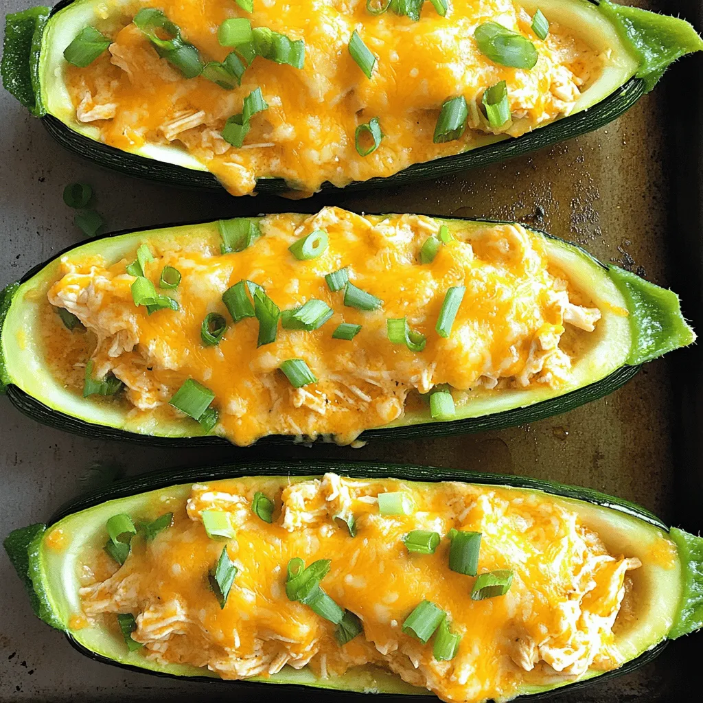 To make Buffalo Chicken Zucchini Boats, you need the right ingredients. Here’s what you’ll gather: - 4 medium zucchinis - 2 cups cooked shredded chicken - ½ cup buffalo sauce - 1 cup shredded cheddar cheese - ½ cup cream cheese - 1 tablespoon olive oil - ½ teaspoon garlic powder - ¼ teaspoon onion powder - Salt and pepper to taste - Green onions for garnish These ingredients blend together to create a dish bursting with flavor. The zucchinis serve as the perfect base for the savory buffalo chicken filling. You can easily adjust the buffalo sauce to fit your spice level. If you want a milder taste, use less sauce. Cream cheese adds a rich and creamy texture. It balances the heat from the buffalo sauce. Shredded cheddar cheese on top melts beautifully, adding a delicious finish. Green onions provide a fresh touch and a nice color contrast. By using cooked shredded chicken, you save time. You can use leftovers or rotisserie chicken, making this dish quick to prepare. This recipe is not just tasty; it is simple too. You can find the full recipe to guide you through the cooking steps. Enjoy cooking! 1. Preheat the oven Set your oven to 375°F (190°C). This step warms the oven for baking. 2. Prepare the zucchinis Slice the zucchinis in half lengthwise. Use a spoon to scoop out seeds and flesh. You want to create small boats. Save that zucchini flesh for later. 3. Sauté zucchini flesh Heat one tablespoon of olive oil in a skillet over medium heat. Add the chopped zucchini flesh. Sauté for 2-3 minutes until it softens. This adds flavor and texture to your dish. 1. Combine ingredients in a bowl In a large mixing bowl, add the cooked shredded chicken, buffalo sauce, cream cheese, garlic powder, onion powder, salt, and pepper. Stir well until everything is mixed. 2. Add sautéed zucchini flesh Take the sautéed zucchini flesh you set aside. Add it to the bowl with the chicken mixture. Stir until all ingredients are evenly combined. This makes your filling rich and tasty. 1. Fill zucchini boats Grab your zucchini boats and fill each one with the buffalo chicken mixture. Press down gently to pack it in well. This step ensures every bite is full of flavor. 2. Bake until tender Place the filled zucchini boats on a baking sheet. Sprinkle shredded cheddar cheese on top. Bake for 25-30 minutes until the zucchini is tender and the cheese is bubbly and golden. Enjoy the aroma while it bakes! For the complete recipe, refer to the Full Recipe. - Selecting the best zucchinis: Choose medium-sized zucchinis. They should feel firm and heavy. Look for smooth skin without blemishes. This ensures a great texture and taste. - Adjusting buffalo sauce to taste: Buffalo sauce can be spicy. Start with half a cup and taste the mix. If you want more heat, add more sauce slowly. Balance the flavor as you like. - Optimal baking time: Bake your zucchini boats for 25-30 minutes. This gives them a tender texture and melts the cheese. Keep an eye on them to avoid overcooking. - Checking for doneness: To check if they are done, poke a fork into the zucchini. It should be soft but not mushy. The cheese should be bubbly and slightly golden. {{image_2}} You can change this dish to fit your taste. Here are some fun ideas: - Adding different cheeses: Try mozzarella or pepper jack cheese. Both melt well and add unique flavors. You can even mix cheeses for depth. - Using other sauces: Swap buffalo sauce for barbecue or ranch dressing. Each sauce gives a different twist. Experiment and find your favorite! - Vegetarian option: Use beans or lentils instead of chicken. This makes a hearty and tasty dish for vegetarians. Add more veggies for extra flavor and nutrition. Pair your buffalo chicken zucchini boats with tasty sides. Here are some great combos: - Pairing with sides: Serve with a fresh salad or crunchy coleslaw. These add crispness and balance the spicy flavor. You can also include sweet potato fries for a fun twist. - Garnishing ideas: Top with chopped green onions or cilantro. These herbs add color and a burst of fresh taste. A drizzle of ranch dressing can also cool down the heat! For the complete recipe, check out the [Full Recipe]. To store leftovers, place them in an airtight container. Keep the container in the fridge. The dish stays fresh for up to three days. Make sure to cool the zucchini boats before sealing them. This helps prevent moisture buildup. You can freeze buffalo chicken zucchini boats for later. Wrap each boat tightly in plastic wrap. Then, place them in a freezer-safe bag. They stay good for about two months. To reheat, let them thaw in the fridge overnight. Then, bake at 350°F (175°C) for 15-20 minutes. This keeps them warm and tasty. If you want, top with extra cheese before baking. Enjoy your meal! For the full recipe, check the earlier section. Can I use raw chicken? No, using raw chicken is not safe. Always cook your chicken first. You can use leftover chicken or rotisserie chicken. This saves time and adds flavor to the dish. What can I substitute for buffalo sauce? If you want a milder sauce, use barbecue sauce or ranch dressing. You can also mix hot sauce with butter for a homemade version. Adjust the spice level to fit your taste. How do I know when zucchini boats are done? Zucchini boats are done when they are tender. You can test this with a fork. The cheese should also be bubbly and slightly golden. What to do if the zucchini is too soggy? If your zucchini turns soggy, try salting them before baking. This helps remove excess water. You can also bake them a bit longer to dry them out. Solutions for insufficient cheese melting If your cheese doesn't melt well, check your oven temperature. Make sure it's hot enough. You can also cover the dish with foil for part of the bake time to help it melt evenly. For the full recipe and more tips, check the [Full Recipe]. Zucchini boats are a simple and tasty dish. This recipe combines zucchini, chicken, and buffalo sauce for flavor. You learned how to prepare, fill, and bake zucchini until tender. I shared tips for choosing ingredients and cooking. You can customize with different toppings or sauces. Remember, storing leftovers properly keeps them fresh. Whether you try variations or follow the recipe, enjoy your delicious zucchini boats!