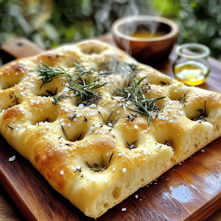 - 4 cups all-purpose flour - 1 ½ cups warm water (about 110°F) - 2 teaspoons active dry yeast - 2 teaspoons sugar - 2 teaspoons salt - ¼ cup olive oil (plus extra for drizzling) - 4 cloves garlic, minced - 2 tablespoons fresh rosemary, chopped (or 1 tablespoon dried) - 1 tablespoon fresh thyme leaves (or 1 teaspoon dried) - Flaky sea salt, for topping Gathering the right ingredients is key for your focaccia. Start with all-purpose flour for a soft base. Warm water helps activate yeast, which gives rise. Sugar feeds the yeast, while salt adds flavor. Olive oil brings moisture and richness. Fresh garlic, rosemary, and thyme give your focaccia a flavorful twist. If you prefer dried herbs, they work too. Flaky sea salt on top adds a nice crunch. - Cups to grams: 1 cup of flour is about 120 grams. - Teaspoons to milliliters: 1 teaspoon equals about 5 milliliters. These conversions help if you prefer precise measurements. Weighing flour ensures consistency. Liquid measurements can help you mix accurately. - Gluten-free flour alternatives: Use a 1:1 gluten-free flour blend. - Olive oil substitutes: You can use melted butter or another mild oil. These swaps allow you to enjoy focaccia no matter your diet. Just remember, different flours and oils can change the taste and texture. For the best results, stick to the recipe as much as possible. If you want to explore more, check the Full Recipe. Activating the yeast To start, you need to wake up the yeast. Grab a small bowl and mix warm water, sugar, and yeast. Stir it gently and let it sit for about 5 to 10 minutes. You want it to get bubbly and frothy. This shows the yeast is alive and ready to work its magic. Mixing wet and dry ingredients In a large bowl, combine the flour and salt. Make a well in the center and pour in the yeast mixture along with olive oil. Stir this until it becomes a shaggy dough. If it feels too sticky, add a bit more flour, one tablespoon at a time. Kneading and rising Now it's time to knead! Place the dough on a lightly floured surface. Knead it for about 5 to 7 minutes until it feels smooth and elastic. You can also use a stand mixer if you prefer. Once kneaded, place the dough in a lightly oiled bowl. Cover it with a damp cloth and let it rise in a warm place for about an hour. It should double in size. Creating dimples After the dough has risen, gently punch it down to release the air. Transfer it to a greased baking sheet or a large oven-safe dish. Use your fingers to press the dough down and create dimples all over the surface. This step helps the focaccia hold all that delicious olive oil and herbs. Baking temperature and time Preheat your oven to 425°F (220°C). Once the oven is hot, bake the focaccia for about 20 to 25 minutes. You want it to turn golden brown on top. Cooling down before serving When it's done, take it out of the oven. Let it cool for a few minutes before cutting into squares or slices. This cooling time helps the texture set. Enjoy your homemade Easy Garlic Herb Focaccia! For complete instructions, check the Full Recipe. To make great focaccia, avoid common mistakes. One big mistake is using cold water. Always use warm water to help the yeast grow. This makes the dough rise well. Another mistake is overworking the dough. You want it smooth but not too tight. The ideal dough consistency is soft and slightly sticky. If your dough feels too wet, add a little flour. It should easily pull away from your hands. You can enhance the flavor of your focaccia in many ways. Adding extra herbs like basil or oregano can make it special. Try mixing different spices like red pepper flakes or garlic powder. These add warmth and depth to each bite. For flavor infusion, let your dough rise with herbs. Just place some fresh herbs in the bowl as it rises. This way, the dough absorbs all those lovely flavors. Focaccia tastes great with dipping oils. Mix olive oil with balsamic vinegar for a tasty dip. You can also add spices to your oil, like crushed red pepper or garlic. Ideal accompaniments include cheese or olives. A simple salad can also balance the rich taste of the bread. Enjoy your focaccia warm and fresh! For the full recipe, check out Easy Garlic Herb Focaccia. {{image_2}} You can make many fun flavors with focaccia. Here are two great ideas: - Sun-dried tomato and basil focaccia: Mix in chopped sun-dried tomatoes and fresh basil. This gives a sweet and savory taste. The tomatoes add a nice chew, while the basil offers a fresh kick. - Cheese-stuffed focaccia: For a cheesy twist, add mozzarella or feta cheese between layers of dough. When it bakes, the cheese melts and creates a gooey center. This makes every bite a warm delight. Focaccia can fit many diets too. Here are some options: - Vegan options: To make it vegan, use plant-based oil and skip any dairy toppings. The garlic and herbs will still pack tons of flavor. - Low-carb alternatives: For a low-carb option, swap the flour for almond flour or coconut flour. This change may need some adjustments to the liquid amounts, but it keeps the spirit of focaccia alive. Change your focaccia with the seasons for new tastes: - Summer vegetable focaccia: Add fresh summer veggies like zucchini, bell peppers, and cherry tomatoes right on top. This makes a colorful and tasty dish that screams summer. - Holiday herbed focaccia: In colder months, use herbs like sage, thyme, and parsley. These flavors give a cozy feeling, perfect for holiday gatherings. For more delicious ideas, check out the Full Recipe for Easy Garlic Herb Focaccia! To keep focaccia fresh, store it at room temperature. Place it in a paper bag or wrap it in a clean kitchen towel. This keeps the crust crisp while retaining some moisture. Avoid plastic bags, as they can make the bread soggy. If you want to save focaccia for later, freezing is a great option. Cut it into slices or squares first. Wrap each piece in plastic wrap, then place them in a freezer bag. This way, you can take out just what you need. When it comes to reheating focaccia, keep it soft. The oven is the best choice for this. Preheat your oven to 350°F (175°C). Place the focaccia directly on the oven rack for about 10 minutes. This warms it up and keeps the crust crispy. If you use a microwave, be careful. Heat it in short bursts of 10-15 seconds. Cover it with a damp paper towel to add moisture. This helps prevent it from becoming hard. Focaccia lasts about 2-3 days at room temperature. If you store it properly, it can last up to a week in the fridge. After that, it may start to dry out. Look for signs of spoilage. If you see mold or a strange smell, it’s best to toss it. Fresh focaccia should smell like herbs and garlic, not sour or off. Enjoy your Easy Garlic Herb Focaccia from this recipe! To make focaccia bread fluffy, handle the dough gently. Avoid over-kneading, as this can make it tough. After mixing, let it rise in a warm spot. The dough needs enough time to double in size. This rising time gives the yeast a chance to create air pockets. These pockets make the bread light and airy. Yes, you can use whole wheat flour. Whole wheat absorbs more water, so add a bit more liquid. Start with a half cup more water. You may also knead the dough longer for a better texture. The bread will have a nutty taste, which is very nice. Your focaccia may be dense for a few reasons. One common reason is not allowing enough rising time. If the dough doesn’t rise well, it will not be airy. Another reason could be too much flour in the dough. Always measure flour correctly to avoid this issue. If you find your dough too sticky, add flour gradually. Focaccia pairs well with many dishes. You can serve it with olive oil and balsamic vinegar for dipping. It also goes great with soups and stews. Try it with a fresh salad or alongside grilled meats. You can even use it for sandwiches. Enjoy the flavors with your favorite pairings! Focaccia is a simple, flavorful bread that anyone can make. We shared key ingredients, step-by-step methods, and great tips for success. Remember to experiment with herbs and flavors to make it your own. Proper storage ensures freshness, and easy reheating keeps it soft. Don't hesitate to try different variations or serving ideas to delight your taste buds. With practice, your focaccia can bring joy to every meal. Enjoy the process and have fun baking!