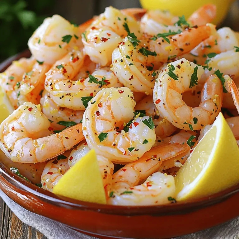 - 1 pound large shrimp, peeled and deveined - 4 cloves garlic, minced - 1 teaspoon red pepper flakes (adjust based on heat preference) - 1 teaspoon smoked paprika - 1 tablespoon extra virgin olive oil - 2 tablespoons freshly squeezed lemon juice - Zest of 1 lemon - Salt and freshly ground black pepper, to taste - Fresh parsley, finely chopped (for garnish) - Lemon wedges, for serving This recipe for spicy lemon garlic shrimp shines with fresh and bold flavors. You start with large shrimp, making sure they are peeled and deveined for easy eating. Garlic is key for that strong taste, so don't skip it. Red pepper flakes give a nice kick. You can adjust this to your liking. If you want more heat, add more flakes. Smoked paprika adds depth and a smoky flavor. It’s a great twist on this dish. Using high-quality olive oil brings it all together. The lemon juice and zest brighten the dish. This adds that zesty punch that pairs well with shrimp. Salt and pepper are basic but crucial for flavor. They help bring out the best in all the other ingredients. Fresh parsley adds a pop of color and freshness, making it look appealing. Lemon wedges serve as a fun side. They let you squeeze extra lemon juice on your dish for more zing. For the full details on how to make this dish, check the Full Recipe. 1. Start by grabbing a large mixing bowl. 2. In the bowl, add 1 pound of large shrimp, peeled and deveined. 3. Next, add 4 cloves of minced garlic. 4. Sprinkle in 1 teaspoon of red pepper flakes. Adjust this based on how spicy you like it. 5. Add 1 teaspoon of smoked paprika for depth of flavor. 6. Pour in 1 tablespoon of extra virgin olive oil. 7. Squeeze in 2 tablespoons of freshly squeezed lemon juice. 8. Zest 1 lemon and add that in too. 9. Season with salt and freshly ground black pepper to taste. 10. Toss the mixture well, making sure all the shrimp are coated. Now, cover the bowl with plastic wrap or a lid. Place it in the refrigerator for 15-20 minutes. This time allows the shrimp to soak up all the tasty flavors. 1. While the shrimp marinates, preheat a large skillet. Set it over medium-high heat until hot. 2. Once the skillet is hot, add the marinated shrimp in a single layer. 3. Sauté the shrimp for about 2-3 minutes on one side. You want them to turn a lovely pink color. 4. Carefully flip the shrimp over. Cook for another 2-3 minutes until fully cooked and opaque. Look for a slight char for extra flavor. 5. Remove the skillet from heat. Sprinkle the cooked shrimp with freshly chopped parsley for a bright finish. 6. Serve the shrimp right away, with lemon wedges on the side for that extra zesty kick. You can find the full recipe for these flavorful and zesty shrimp above. Enjoy the burst of flavor! To make this dish just right, adjust the spice levels. If you love heat, add more red pepper flakes. For a milder taste, use less. Always taste as you go. This way, you can find the perfect balance for your palate. Enhancing flavor with additional herbs can elevate the dish. Fresh herbs like cilantro or basil work great. They add freshness and depth. Mix them in right before serving for the best flavor. Serving suggestions can make your meal shine. For a lovely touch, serve the shrimp on a bed of rice. A vibrant salad on the side adds color and crunch. You can also serve it with crusty bread to soak up the sauce. Garnishing tips can make your dish pop. A sprinkle of fresh parsley adds a green touch. Add extra lemon zest on top for brightness. Lemon wedges on the side give a zesty kick. You can find the full recipe for these details. {{image_4}} You can switch shrimp with other seafood. Scallops or fish work well. For a vegetarian option, try using firm tofu or mushrooms. Each choice adds a unique flavor. Cooking methods can change the taste too. Grilling shrimp gives them a smoky flavor. Baking keeps them juicy and tender. Both methods are easy and delicious. Want to spice things up? Add cumin or cayenne pepper for extra heat. Fresh herbs like cilantro or basil bring freshness. You can also toss in cherry tomatoes for sweetness. If you prefer a creamy dish, try adding a sauce. A splash of cream or coconut milk makes it rich. You can also blend in a bit of pesto for a twist. Get creative and find what you love! For the full recipe, check back to the earlier section. To keep your Spicy Lemon Garlic Shrimp fresh, let it cool first. Place the shrimp in an airtight container. Store it in the fridge for up to three days. If you want to keep it longer, freeze it. Wrap it tight in plastic wrap or foil, then put it in a freezer bag. This way, it can last for up to three months. When you want to enjoy leftovers, reheating shrimp needs care. The best way is on the stove. Heat a skillet over low heat. Add a splash of olive oil or water to keep it moist. Warm the shrimp for about 2-3 minutes. Stir gently to avoid overcooking. Overcooked shrimp can get tough and rubbery, so keep an eye on it. You can also reheat it in the microwave. Use a microwave-safe dish and cover it loosely. Heat in short bursts of 30 seconds, stirring in between. Enjoy your flavorful dish again! For the full recipe, check out the detailed instructions provided. How long does it take to cook shrimp? Cooking shrimp is quick. It usually takes about 4 to 6 minutes. When the shrimp turns pink and curls up, it is done. Do not overcook shrimp. This can make them tough. Can I make this dish ahead of time? Yes, you can prep the shrimp ahead. Marinate them for up to 30 minutes. For best flavor, cook them right before serving. This keeps them fresh and tasty. What can I serve with Spicy Lemon Garlic Shrimp? You can serve this dish with many sides. Consider fluffy rice or a fresh salad. Garlic bread also pairs well. Lemon wedges add an extra zing. How to tell if shrimp is cooked? Look for a pink color and a firm texture. Cooked shrimp are opaque. If they are still gray or transparent, they need more time. Can I use frozen shrimp for this recipe? Yes, frozen shrimp work well. Just thaw them completely first. Rinse and pat them dry before marinating. This helps to get rid of excess moisture. For the full recipe, check out the full details provided above. This blog post covered how to make Spicy Lemon Garlic Shrimp. We talked about the ingredients needed, like fresh shrimp, garlic, and spices. I shared step-by-step instructions for marinating and cooking the shrimp. You learned tips to perfect the dish and some fun variations. In summary, cooking shrimp can be quick and delicious. With the right ingredients and techniques, you can impress anyone at your table. Enjoy your culinary adventure!
