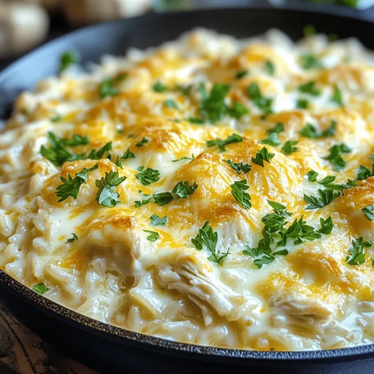 This savory Chicken and Rice Skillet Alfredo Casserole brings comfort to your table. It combines tender chicken, creamy sauce, and rice into a delightful dish. With simple ingredients, you can make a meal everyone will love. - 2 cups cooked chicken, shredded - 1 cup uncooked long-grain rice - 3 cups chicken broth - 1 cup heavy cream - 1 cup shredded mozzarella cheese - ½ cup grated Parmesan cheese - 1 tablespoon olive oil - 1 small onion, finely chopped - 2 cloves garlic, minced - 1 teaspoon Italian seasoning - Salt and pepper to taste - Fresh parsley, chopped (for garnish) The main ingredients create a rich and creamy flavor. Cooked chicken adds protein, while rice absorbs the broth's taste. Heavy cream and cheeses make the dish creamy and indulgent. You can tweak this recipe to fit your taste. Here are some fun ideas: - Add vegetables like peas or spinach for extra nutrition. - Use cooked sausage or shrimp for a flavor twist. - Try different cheeses like cheddar or gouda to change the taste. These optional ingredients can help you customize your casserole. You can make it your own with a few simple swaps! Start by heating olive oil in a large skillet over medium heat. Add the finely chopped onion. Cook the onion until it turns soft and clear, which takes about five minutes. Then, add the minced garlic. Cook the garlic for one more minute. This step brings out its great flavor. Next, stir in the uncooked long-grain rice. Mix it well with the onion and garlic. Then, pour in three cups of chicken broth. Bring this mixture to a boil. Add one teaspoon of Italian seasoning and season with salt and pepper. Cover the skillet and turn the heat to low. Let it simmer for about 15 to 20 minutes. The rice will absorb the broth and become tender. Once the rice is cooked, it’s time to mix in the other ingredients. Add two cups of shredded chicken and one cup of heavy cream. Then, stir in one cup of shredded mozzarella cheese and half a cup of grated Parmesan cheese. Mix until the cheese melts and all the ingredients blend well. Taste the mixture and adjust the seasoning if needed. Preheat your oven to 375°F (190°C). Before baking, sprinkle the remaining Parmesan cheese on top. Transfer the skillet to the oven and bake for 15 to 20 minutes. Look for a bubbly and golden top. After baking, let it sit for a few minutes before serving. You can find the full recipe for Cheesy Chicken & Rice Alfredo Skillet in the earlier section. To get the best rice, rinse it first. Rinsing removes excess starch. This helps keep the rice from getting sticky. Use long-grain rice for a fluffy texture. When cooking, watch the liquid ratio. For every cup of rice, use two cups of broth. This will keep your rice light and tender. Cheese makes this dish creamy and rich. I like to use mozzarella for its meltiness. It gives a great texture. You can mix in some cheddar for a sharper taste. Parmesan adds a nice salty kick. Always use fresh cheese for the best flavor. Pre-shredded cheese often has additives that can change the dish. You can prep this dish in advance. Cook the rice and mix in the other ingredients. Store it in the fridge for up to two days. When ready, just bake it. This saves time on busy days. You can also freeze it. Just make sure it’s in an airtight container. Thaw it in the fridge overnight before baking. This makes dinner easy and quick. For the full recipe, check the earlier section! {{image_2}} You can boost your Chicken and Rice Skillet Alfredo Casserole by adding vegetables. Fresh vegetables bring color and extra nutrition. Try adding peas, carrots, or spinach. You can stir them in when you add the chicken and cream. This way, they cook quickly and blend well. Frozen vegetables work just as well for quick prep. They save time and keep your dish vibrant. If you want to switch things up, use different proteins. Instead of chicken, you could use cooked turkey or even shrimp. For a vegetarian option, try chickpeas or tofu. Just make sure to adjust cooking times. If you use shrimp, add it later so it doesn’t overcook. This keeps your dish exciting and allows for various flavors. Making this dish gluten-free is simple. Use gluten-free rice or pasta. Ensure that your chicken broth is also gluten-free. There are many great brands available today. You can still enjoy the creamy texture without the gluten. This way, everyone can enjoy your delicious Chicken and Rice Skillet Alfredo Casserole. For a detailed guide, check the Full Recipe. You can store leftover Chicken and Rice Skillet Alfredo Casserole in an airtight container. Let it cool to room temperature first. It will last for about 3-4 days in the fridge. Make sure to label the container with the date. This way, you can enjoy it later without a worry. To reheat, you have a few options. You can use the microwave or the oven. If using a microwave, place a portion in a bowl and cover it. Heat in 30-second intervals until warm. If you prefer the oven, preheat it to 350°F (175°C). Place the casserole in a baking dish and cover it with foil. Bake for about 15-20 minutes or until heated through. For longer storage, you can freeze this casserole. Allow it to cool completely, then transfer it to a freezer-safe container. It can last for up to 3 months in the freezer. When you are ready to eat it, thaw it overnight in the fridge. Reheat as mentioned above. This makes meal prep easy and keeps flavors fresh! Yes, you can use different cheeses. I often mix mozzarella with cheddar for a sharper flavor. Other great options include Gouda or fontina. Just remember, each cheese melts differently. Experiment and find your favorite blend! To add spice, try red pepper flakes or diced jalapeños. You can mix in some hot sauce or a spicy cheese like pepper jack. Start small, then adjust to your taste. This way, you control the heat level. This dish pairs well with a fresh salad or steamed veggies. Garlic bread or crusty rolls make a nice side too. For a light touch, serve with a lemon wedge to brighten the flavors. You can find the full recipe at the end of this article. This blog post guided you through making a delicious Chicken and Rice Skillet Alfredo Casserole. We covered the main and optional ingredients, step-by-step cooking instructions, and handy tips to ensure great results. You learned how to customize this dish with variations and how to store leftovers properly. Keep these ideas in mind and feel free to experiment! Your next meal can be tasty and simple with these easy steps. Enjoy your cooking adventure!