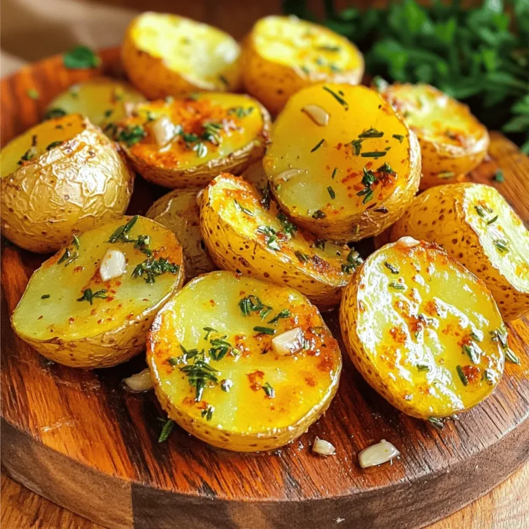 - 2 pounds baby potatoes (or fingerling potatoes), halved - 6 cloves garlic, minced - 1/4 cup olive oil - 2 tablespoons fresh rosemary, chopped - 2 tablespoons fresh thyme, chopped - 1 teaspoon paprika - Salt and pepper to taste - Fresh parsley, for garnish When measuring, keep it simple. Use a kitchen scale for the potatoes. They should weigh about 2 pounds. For the garlic, 6 cloves will give you a strong flavor. A 1/4 cup of olive oil will help the potatoes roast nicely. Use 2 tablespoons each of rosemary and thyme for that fresh herb taste. A teaspoon of paprika adds warmth and color. Finally, season with salt and pepper as you like. Want to mix it up? Try adding lemon zest for a bright flavor. You can also use different herbs like oregano or sage. For a kick, add a pinch of crushed red pepper flakes. If you want a richer taste, sprinkle some grated Parmesan cheese before serving. These options make your garlic herb roasted potatoes truly your own. For the full recipe, check out the main section! Start by washing the baby potatoes. Cut them in half for even cooking. In a big bowl, mix the halved potatoes with minced garlic, olive oil, chopped rosemary, and chopped thyme. Add paprika, salt, and pepper for flavor. Toss everything well until all potatoes are coated. This step is key to ensure every bite is tasty. Spread the coated potatoes on a baking sheet. Make sure they are in a single layer. This helps them roast well and get crispy. If they are crowded, they will steam instead of roast. Toss the potatoes halfway through cooking. This promotes even browning and crispiness. Set your oven to 425°F (220°C). Roast the potatoes for 25-30 minutes. Keep an eye on them. You want them golden brown and crisp. The smell will be amazing as they cook! Once done, let them cool a bit. Transfer them to a serving dish and add fresh parsley on top for color. For the full recipe, check the earlier section. Choose small potatoes for this dish. Baby potatoes or fingerling potatoes work best. Look for firm potatoes without any soft spots. The skin should be smooth and free from blemishes. Fresh potatoes will give you the best taste and texture. To boost flavor, add more herbs. Try mixing in fresh basil or oregano. You can also squeeze lemon juice before serving for a bright touch. For a kick, sprinkle some chili flakes. These simple changes will bring your garlic herb roasted potatoes to life. One mistake is overcrowding the baking sheet. Potatoes need space to roast evenly. If they touch, they will steam instead of crisp. Another mistake is not drying the potatoes after washing. Moisture can prevent them from getting crispy. Lastly, be careful with salt. Too much can overpower the dish. {{image_2}} You can change the flavor of your garlic herb roasted potatoes by adding other herbs. Try using fresh basil or oregano. These herbs add a nice twist. You can mix and match your favorites to find what you like best. For a Mediterranean flair, add some dill or tarragon. They will brighten up the dish and give it extra taste. Just remember, fresh herbs have a stronger flavor than dried ones. If you love heat, make spicy garlic herb roasted potatoes. Add red pepper flakes to the mix. Just a pinch can make a big difference. You can also include cayenne pepper for more kick. Another option is to add sliced jalapeños before roasting. Spicy flavors pair well with the garlic. This version will excite your taste buds and make the dish stand out. You can easily make this dish vegan. Simply replace the olive oil with avocado oil or coconut oil. Both oils work well for roasting. You can also add a splash of lemon juice for extra flavor. If you want a creamy touch, mix in some vegan sour cream after cooking. This keeps the potatoes rich and tasty. These simple changes make garlic herb roasted potatoes suitable for everyone. For the full recipe, check out the details provided earlier. After enjoying your garlic herb roasted potatoes, store any leftovers in an airtight container. Let them cool to room temperature first. Then, place them in the fridge. They stay fresh for about 3 to 5 days. When you want to eat them again, take them out and check for any signs of spoilage. To reheat the potatoes, you can use an oven or a skillet. If using the oven, preheat it to 350°F (175°C). Spread the potatoes on a baking sheet and heat for about 10 to 15 minutes. This makes them crispy again. If using a skillet, add a bit of olive oil over medium heat. Stir for about 5 minutes until warm. Both methods keep the flavor intact. You can freeze garlic herb roasted potatoes if you have too much. Place them in a single layer on a baking sheet. Freeze until solid, then transfer to a freezer bag. They can last up to 3 months in the freezer. To enjoy them later, thaw in the fridge overnight before reheating. For the best taste, try to consume them within a month. For the full recipe, check the link. To make your garlic herb roasted potatoes crispy, follow a few key steps. First, cut the potatoes to a similar size. This ensures they cook evenly. The next step is to soak the potatoes in cold water for 30 minutes. This helps remove excess starch, leading to a crispier texture. After soaking, drain and dry them well. Use enough olive oil to coat the potatoes but avoid drowning them. Spread them in a single layer on your baking sheet. This prevents steaming and promotes crispiness. Finally, toss the potatoes halfway through cooking to ensure even browning. Yes, you can use dried herbs instead of fresh ones in this recipe. Dried herbs are handy when fresh ones are not available. They have a more concentrated flavor, so use less. A good rule of thumb is to use one-third the amount of dried herbs. If the recipe calls for 2 tablespoons of fresh rosemary, use about 2 teaspoons of dried. Remember to add the dried herbs earlier in the cooking process. This allows their flavors to bloom and mix well with the potatoes. Garlic herb roasted potatoes pair well with many dishes. They complement roasted meats, like chicken or beef. You can also serve them alongside grilled fish or a hearty veggie dish. For a simple meal, add a fresh green salad. Consider a tangy vinaigrette to balance the flavors. You might also enjoy them with a dollop of sour cream or a herb dip. These potatoes can elevate any meal, making it special and delicious. For the full recipe, check the details above. In this blog post, I broke down the process of making delicious garlic herb roasted potatoes. We looked at key ingredients, measurements, and optional items for added flavor. Step-by-step instructions covered preparation, roasting techniques, and timing. I shared tips for selecting the best potatoes and avoiding common errors. We also explored tasty variations and how to store leftovers properly. Always remember, a little creativity can make a dish shine. Now, get cooking and enjoy these flavorful potatoes!