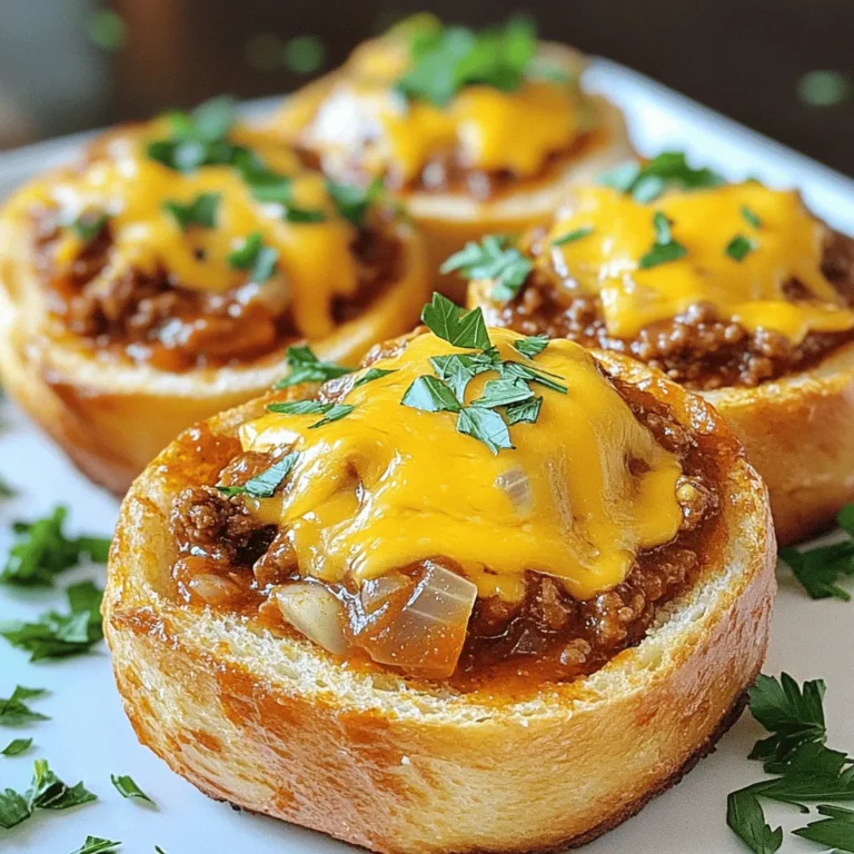- 1 lb ground beef or turkey - 1 small onion, finely chopped - 2 cloves garlic, minced - 1 cup shredded cheddar cheese - 1 cup marinara sauce - 1 tablespoon Worcestershire sauce - 1 teaspoon dried oregano - Salt and freshly ground black pepper to taste - 4 large garlic bread rolls (choose ones with a sturdy texture, like ciabatta or French rolls) - 2 tablespoons butter, softened To make Cheesy Garlic Bread Sloppy Joes, gather the main ingredients first. Ground beef or turkey forms the base of this dish. Add finely chopped onion and minced garlic for flavor. The cheese brings creaminess, while marinara sauce provides the tangy depth. Next, boost the taste with flavor enhancers. Worcestershire sauce adds a savory kick. Dried oregano gives an aromatic touch. Don’t forget salt and black pepper to balance the flavors. Finally, select sturdy garlic bread rolls. These rolls will hold up well to the filling. A good butter spread on the inside adds richness. For the full recipe, check out the [Full Recipe]. 1. Start by heating a large skillet over medium heat. Add 1 lb of ground beef or turkey. Cook it for about 5 to 7 minutes. Break it apart with a spatula as it cooks. You want it to brown evenly. 2. Once the meat is browned, add 1 small finely chopped onion and 2 cloves of minced garlic. Sauté these for 3 to 4 minutes. The onion should turn translucent and smell great. Stir often so nothing sticks. 3. Mix in 1 cup of marinara sauce, 1 tablespoon of Worcestershire sauce, and 1 teaspoon of dried oregano. Add salt and freshly ground black pepper to taste. Let this simmer for about 10 minutes. Stir now and then. This helps the flavors blend and the sauce thicken. 4. While the meat mixture simmers, preheat your oven to 375°F (190°C). This temperature is perfect for toasting. 5. Prepare your garlic bread rolls by cutting them in half horizontally. You want to spread a thin layer of softened butter on the inside of each half. Choose sturdy rolls like ciabatta or French rolls for the best texture. 6. Place the buttered rolls on a baking sheet, cut sides up. Toast them in the oven for about 5 to 7 minutes. Look for golden brown edges to know they are ready. 7. Once the rolls are toasted, remove them from the oven. Generously scoop the hearty meat mixture onto the bottom halves of the toasted garlic bread. 8. Sprinkle 1 cup of shredded cheddar cheese on each loaded bottom half. Make sure you cover it evenly for a nice cheesy topping. 9. Return the baking sheet with the cheesy, loaded rolls to the oven. Bake for an additional 5 minutes, or until the cheese is melted and bubbly. 10. Finally, take them out and garnish with finely chopped fresh parsley. This adds a nice pop of color. Serve right away, placing the top halves of the garlic bread on the side for your guests to add to their sandwiches. For the complete recipe, check out the Full Recipe section above. To boost the taste of your Cheesy Garlic Bread Sloppy Joes, consider these tips: - Seasoning suggestions: Add a pinch of smoked paprika for a smoky kick. A dash of cayenne pepper can give it some heat. You can also try a teaspoon of Italian herbs for extra flavor. - Cheese alternatives: Cheddar cheese is great, but you can mix it up. Try mozzarella for a gooey texture or pepper jack for some spice. For perfect results, follow these cooking tips: - Best stovetop practices: Use medium heat to brown meat evenly. Stir the meat regularly to avoid burning. Cook the onions until soft for great flavor. - Oven settings for perfect toasting: Preheat your oven to 375°F (190°C). Toast the rolls until they are golden but not too hard. A few minutes is all you need. Make your meal even better with these ideas: - Complementary side dishes: Serve with potato chips or a fresh side salad. Both add nice crunch and contrast to your sloppy joes. - Garnishing with parsley: Sprinkle freshly chopped parsley on top for a pop of color. It also adds a fresh taste that brightens the dish. For a full recipe, check out the Cheesy Garlic Bread Sloppy Joes. {{image_4}} You can swap ground beef or turkey for other meats. Ground chicken works great and is leaner. If you prefer a plant-based option, use lentils or a meat substitute. Both choices keep the dish tasty and filling. Boost the flavor by adding spices. Chili powder adds a nice kick. You can also mix in vegetables like bell peppers or mushrooms. These additions make the filling even heartier and more nutritious. The type of bread can change your cheesy garlic bread sloppy joes. Try using different rolls like hoagie or brioche. Each bread adds its own flavor and texture. Experiment to find your perfect match. For the full recipe, check out the [Full Recipe]. To keep Cheesy Garlic Bread Sloppy Joes fresh, store them properly. Place leftovers in an airtight container. This helps keep the flavors intact. Store in the fridge for up to three days. Make sure to let them cool before sealing. When reheating, you have two good options: the microwave and the oven. The microwave is quick but may make the bread soggy. Heat on medium power for about one to two minutes. The oven gives a better result. Preheat to 350°F (175°C) and heat for about 10 minutes. This keeps the bread crispy while warming the filling. Freezing is a great choice for longer storage. To freeze, let the sloppy joes cool completely. Then, scoop the filling into a freezer-safe bag. Remove as much air as possible and seal. You can freeze the mixture for up to three months. To thaw, place the bag in the fridge overnight. Heat it up in the microwave or oven when you're ready to enjoy. Making Cheesy Garlic Bread Sloppy Joes takes about 30 minutes from start to finish. You will spend roughly 10 minutes prepping the ingredients. Cooking the meat and mixing everything takes about 10 more minutes. Finally, baking the rolls takes another 5 to 7 minutes. This timing makes it a quick and tasty meal option. Yes, you can prepare the meat mixture ahead of time. Cook the ground beef or turkey, onions, and garlic as directed. Let it cool, then store it in an airtight container in the fridge for up to three days. When you're ready, simply reheat the mixture and continue with the recipe. This saves time during busy weeknights. If you don't have garlic bread rolls, don't worry! You can use other sturdy breads. Options like ciabatta, French rolls, or even bagels work well. Just make sure they can hold the meat mixture without falling apart. You can also make your own garlic bread by spreading butter and garlic on regular rolls before toasting them. Enjoy experimenting with different breads! This blog covered how to make Cheesy Garlic Bread Sloppy Joes, highlighting key ingredients like beef, cheese, and marinara. I shared step-by-step instructions and helpful tips to boost flavor. You can also explore various meat and bread options to suit your taste. Remember, leftovers store well and reheating is quick. This dish offers easy meals and fun variations. Try making it your own! Enjoying your time in the kitchen makes cooking rewarding and enjoyable.