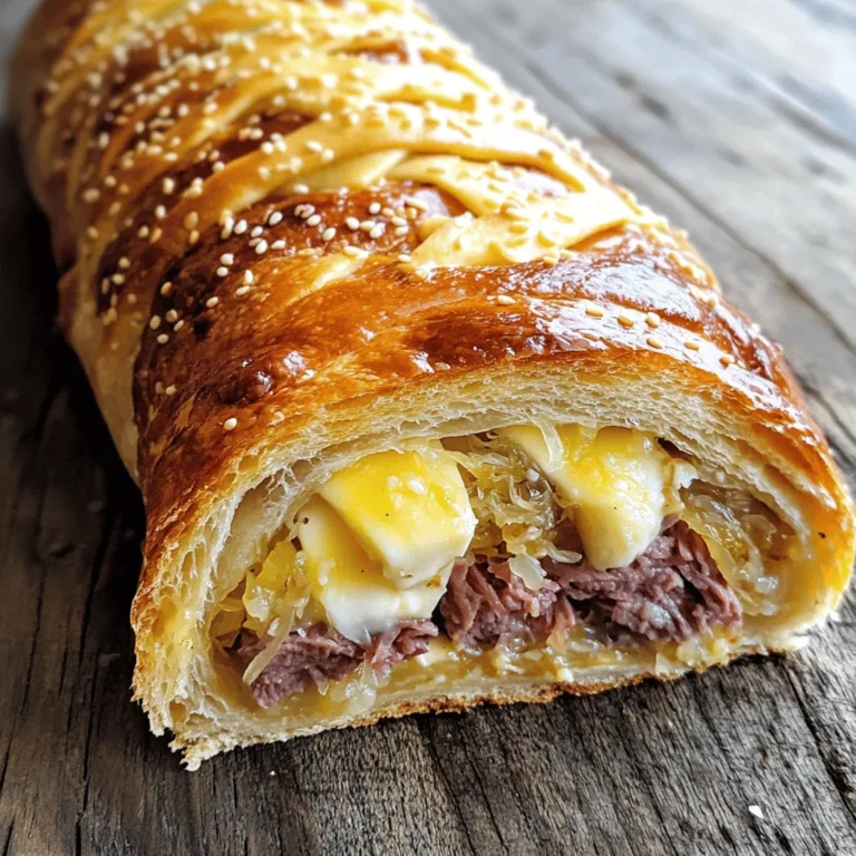 To make a great Reuben Stromboli, you'll need these key items: - 1 lb pizza dough - 1 cup corned beef, thinly sliced - 1 cup sauerkraut, thoroughly drained - 1 cup Swiss cheese, finely shredded - ½ cup Russian or Thousand Island dressing - 1 tablespoon Dijon mustard - 1 egg, beaten (for egg wash) To take your Stromboli to the next level, consider adding: - 1 teaspoon caraway seeds (for added flavor) - 2 tablespoons sesame seeds (for garnish) If you don't have something on hand, here are some swaps: - Use turkey or pastrami instead of corned beef for a lighter option. - Swap sauerkraut with coleslaw for a crunchier texture. - Try provolone or mozzarella in place of Swiss cheese for a different taste. - Use a homemade dressing if you want to elevate the flavors even more. For the complete guide on how to make this dish, check the Full Recipe. To start, gather all your ingredients. You need pizza dough, corned beef, sauerkraut, Swiss cheese, and dressing. Begin by preheating your oven to 400°F (200°C). Line a baking sheet with parchment paper to make cleanup easy. On a floured surface, roll out your pizza dough into a rectangle. Aim for about 12x16 inches. This size allows enough room for filling and rolling. In a small bowl, mix the dressing with Dijon mustard. Stir until smooth. Spread this mixture evenly over the dough, leaving a one-inch border. This border keeps your filling inside. Next, layer the corned beef, sauerkraut, and Swiss cheese on top. Make sure to cover the dressing well. If you like, sprinkle caraway seeds for extra flavor. Now, roll the dough tightly from one long edge. Pinch the seams and ends to seal the Stromboli. Place it seam-side down on the baking sheet. Use a pastry brush to coat the top with beaten egg. This will give it a nice color when baked. Finally, sprinkle sesame seeds on top for a crunchy finish. Once your Stromboli is ready, it’s time to bake. Place the baking sheet in the preheated oven. Bake for 25 to 30 minutes. Look for a golden-brown crust and melted cheese. The edges should be crisp and inviting. After baking, carefully take the Stromboli out of the oven. Let it cool for about five minutes. This wait helps the filling set a bit. Now, slice it into generous portions. Each slice should show off the delicious layers inside. To get that perfect golden crust, follow these tips. First, make sure your oven is fully preheated. An oven that’s too cool will not brown the crust well. Second, use the egg wash generously. It gives the top a lovely shine and color. If you want an extra crunch, try adding more sesame seeds. They enhance both flavor and texture. Lastly, avoid opening the oven door too soon. This could cause the temperature to drop, affecting the baking process. Enjoy your Reuben Stromboli fresh out of the oven for the best taste! When making Stromboli, mistakes can happen easily. Here are some common ones to watch out for: - Overfilling the dough: Too much filling can cause leaks. Keep the filling to a moderate amount. - Not sealing the edges: If the edges are not sealed well, the filling can escape. Pinch the seams tightly to avoid this. - Rolling too loosely: A loose roll can lead to an uneven bake. Make sure to roll it tightly to keep everything intact. Sealing your Stromboli is key for a perfect bake. Here are some tips: - Pinch the seams firmly: After rolling, use your fingers to pinch the dough edges well. - Use water for sealing: A little water on your fingers can help seal the dough better. - Double-check the ends: Don’t forget to seal the ends as well. This keeps all the delicious filling inside. Serving your Reuben Stromboli right can enhance its taste. Here are my favorite ideas: - Serve warm: Warm Stromboli tastes best. It allows the cheese to melt and flavors to blend. - Pair with extra dressing: Offer more Russian or Thousand Island dressing for dipping. - Add a fresh salad: A crisp salad on the side adds freshness and balance to the meal. Try these tips for a tasty and satisfying experience. You can find the full recipe [here]. {{image_4}} You can easily make a vegetarian Reuben Stromboli. Swap corned beef with roasted vegetables. Try mushrooms, bell peppers, or zucchini. Use a plant-based cheese for a creamy touch. Sauerkraut and dressing stay the same. This way, you keep the Reuben’s tangy flavor while enjoying fresh veggies. For a fun twist, give your Reuben an international flair. Try using kimchi instead of sauerkraut for a Korean spin. You can also use spicy harissa and Moroccan spices for a North African touch. The flavors change but still give you that delicious Stromboli feel. Customization makes your Stromboli unique. Add jalapeños for heat or pickles for crunch. You can also mix in caramelized onions for sweetness. Want more cheese? Add provolone or pepper jack for extra flavor. Don’t be shy; explore and mix flavors that excite your taste buds! To keep your leftover Stromboli fresh, wrap it tightly in plastic wrap. You can also use aluminum foil for more protection. Store it in the fridge if you plan to eat it within a few days. This helps keep the flavors intact and the dough soft. When you're ready to enjoy leftovers, preheat your oven to 350°F (175°C). Place the Stromboli on a baking sheet. Heat it for about 10-15 minutes until warm. This method keeps the crust crispy while warming the filling. You can also use a microwave, but it may make the crust soft. If you prefer that method, heat it in short bursts to avoid overcooking. If you want to store Stromboli for a long time, freezing is a great option. Wrap it tightly in plastic wrap, then place it in an airtight container or freezer bag. This keeps out air and moisture. You can freeze it for up to three months. When you're ready to eat, let it thaw in the fridge overnight. Then, reheat it in the oven for the best results. Reuben Stromboli combines two popular dishes: the Reuben sandwich and Stromboli. The Reuben sandwich comes from Jewish delis in America. It has corned beef, sauerkraut, Swiss cheese, and dressing. Stromboli, on the other hand, is an Italian-American dish. It features rolled pizza dough filled with meat, cheese, and veggies. The mix of these two dishes creates a fun and tasty meal. Yes, you can make the dough from scratch. Start with flour, yeast, water, and salt. Mix them until smooth. Let it rise for about an hour. This dough can be used just like store-bought pizza dough. It will give your Reuben Stromboli a fresh taste. However, if you're short on time, store-bought dough works well too. To create a gluten-free version, use gluten-free pizza dough. Many options are available in stores. Or you can make your own using gluten-free flours. The filling can stay the same: corned beef, sauerkraut, Swiss cheese, and dressing. Just ensure all ingredients are gluten-free. This way, you can enjoy the same great taste without gluten. The Reuben Stromboli combines rich flavors with fun techniques. You learned about essential and optional ingredients, plus smart substitutes. I shared easy steps to make and bake your Stromboli perfectly. You now know tips to avoid common mistakes and how to give it a unique touch. Finally, I hope you feel inspired to try your own versions. Enjoy making this dish and share the joy with others. Your kitchen is the stage, and your Stromboli can steal the show!