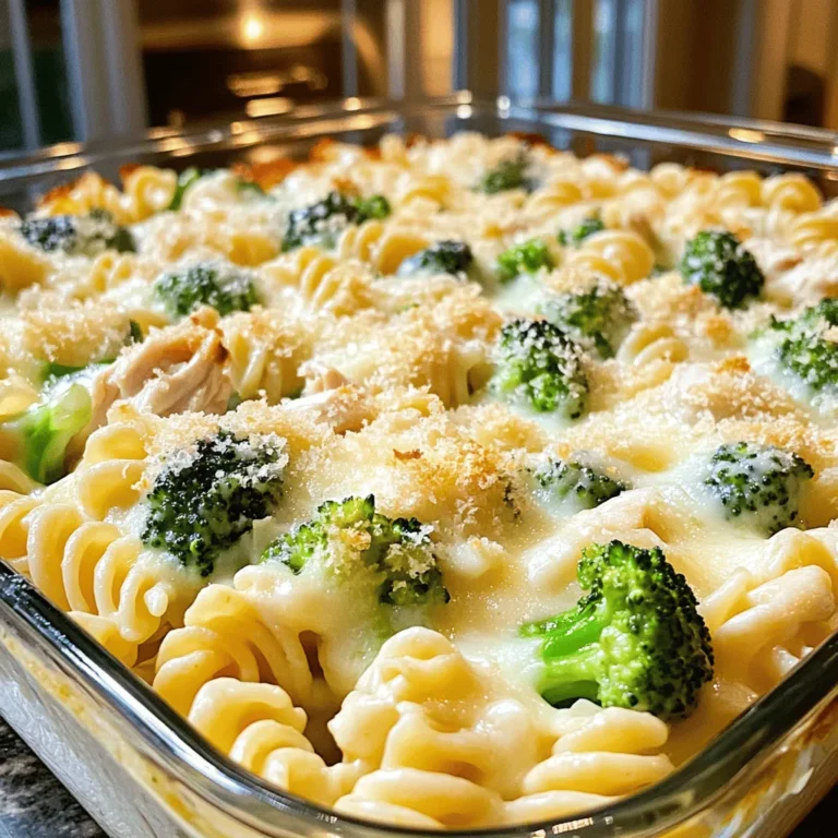 - 2 cups cooked rotini pasta - 2 cups chicken breast, cooked and shredded - 2 cups broccoli florets (fresh or frozen) - 2 cups Alfredo sauce (store-bought or homemade) - 1 cup shredded mozzarella cheese - 1/2 cup grated Parmesan cheese - 1 teaspoon garlic powder - 1 teaspoon Italian seasoning - Salt and pepper to taste - 2 tablespoons olive oil - 1/4 cup breadcrumbs (optional, for topping) I love using rotini pasta for this dish. Its spiral shape holds the creamy sauce well. I often cook the chicken breast in advance to save time. Shredded chicken adds a nice texture and makes it easy to mix. Broccoli brings color and nutrients to the bake. Fresh or frozen works great; I use whatever I have on hand. Alfredo sauce is the star here. You can use store-bought sauce for quick prep. But if you want to make it from scratch, it’s simple and tasty. The cheese blend gives that rich, gooey feel we all crave. I love combining mozzarella for stretch and Parmesan for sharpness. The garlic powder and Italian seasoning add depth to the flavor. Adjust the salt and pepper to your liking. If you want a crunchy topping, sprinkle some breadcrumbs on top. The optional olive oil can help the broccoli sauté nicely. For the full recipe, you can check out the [Full Recipe]. Enjoy making this easy comfort food! - Preheat the oven to 350°F (175°C). - Sauté broccoli until tender, about 3-5 minutes. - Combine cooked rotini, shredded chicken, broccoli, and Alfredo sauce in a mixing bowl. - Mix in garlic powder, Italian seasoning, salt, and pepper. - Transfer mixture to a greased baking dish and top with cheeses and optional breadcrumbs. - Bake covered for 20 minutes, then uncover and bake for an additional 10-15 minutes. This dish is simple and comforting. Every step builds on the last, making it easy to follow. You can use the ready-made Alfredo sauce or make your own. I find that the homemade version adds a touch of warmth. Sautéing the broccoli adds a nice crunch. It takes only a few minutes, but it brings out the flavor. When mixing the ingredients, be sure to coat everything well with the sauce. This gives each bite a creamy texture. As you bake the dish, the cheese melts and gets bubbly. If you choose to add breadcrumbs, they give a nice crunch on top. The best part? The whole kitchen smells amazing! You will love how easy it is to make this Chicken and Broccoli Alfredo Bake. For the full recipe, check the details above! - Use homemade Alfredo sauce for richer taste. - Adjust seasoning based on personal preference. To make your dish shine, I suggest making your own Alfredo sauce. It gives a deeper taste than store-bought. You can blend butter, cream, and Parmesan for a creamy mix. Taste as you go. You might want more salt or garlic powder. Personal touches make every meal special. - Ensure chicken is cooked properly before shredding. - Use a food processor for quicker broccoli chopping. Cooking your chicken well is key. It should be juicy and easy to shred. Use a food thermometer to check it reaches 165°F (75°C). For broccoli, cut down on prep time by using a food processor. Just pulse it a few times. This makes the florets small and ready to cook. - Garnish with fresh parsley or additional cheese before serving. - Serve with a side salad for a balanced meal. For a beautiful dish, add fresh parsley on top. It gives color and freshness. You can also sprinkle more cheese for a rich look. Pair it with a side salad. The crunch and freshness balance the creamy bake. It makes the meal more complete and colorful. {{image_2}} You can easily change this recipe to fit your taste. - Substitute chicken with turkey or shrimp. - Replace rotini with penne or any pasta of your choice. These swaps let you enjoy a new dish while still keeping that creamy goodness. If you need to follow a special diet, I have good news! - Make it gluten-free by using gluten-free pasta. - For vegan options, replace chicken and cheese with plant-based choices. These changes help everyone enjoy this dish without worry. Want to spice things up? Adding extra flavor is simple! - Add spices like red pepper flakes for heat. - Incorporate vegetables like peas or bell peppers for added nutrients. These little tweaks can make your meal even more exciting and healthy. After you enjoy your Chicken and Broccoli Alfredo Bake, let it cool completely. Place the leftovers in airtight containers. This keeps the dish fresh. Store it in the fridge for 3-4 days. This way, you can savor it again! Want to save some for later? Freeze portions in a freezer-safe container. This dish stays good for up to 3 months. When you want to eat it, you can reheat it directly from frozen. Alternatively, thaw it in the fridge first for a few hours. When it’s time to enjoy your leftovers, you have a few options. You can microwave it for a few minutes. Or, heat it in the oven until it's warm. To keep it creamy, add a splash of Alfredo sauce when reheating. This helps bring back that delicious texture! Prep time is around 15 minutes, total time is about 50 minutes. The first 15 minutes focus on chopping and mixing your ingredients. After that, you bake for about 30 minutes. This makes it a quick and easy meal option for busy days. Yes, frozen broccoli works well; just heat until thawed. Frozen broccoli saves time and still gives you a great taste. Just remember to cook it until it's hot, and then you can mix it into the dish. You can substitute with a homemade cheese sauce or a light cream sauce. If you want to change things up, a white sauce made with butter, flour, and milk works well. This gives you a nice base for your bake while keeping it creamy. This Chicken and Broccoli Alfredo Bake is easy to make and very tasty. You learned the main ingredients, cooking steps, and some great tips to boost flavor. Remember to use what you like, whether it’s different pasta or swaps for chicken. This dish is perfect for any meal and great for leftovers too. Enjoy it fresh or freeze it for later. I hope you try this recipe and make it your own. Happy cooking!
