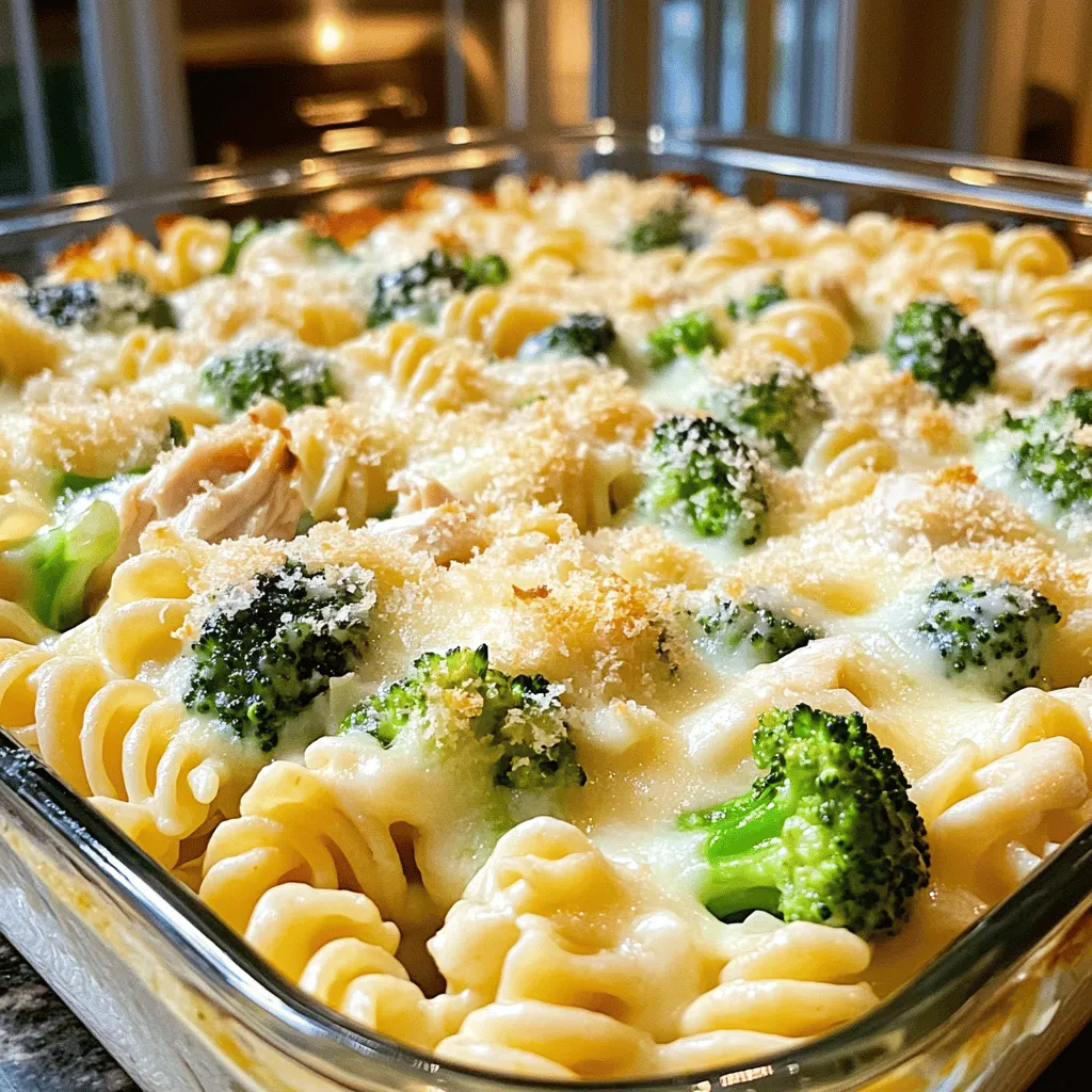 - 2 cups cooked rotini pasta - 2 cups chicken breast, cooked and shredded - 2 cups broccoli florets (fresh or frozen) - 2 cups Alfredo sauce (store-bought or homemade) - 1 cup shredded mozzarella cheese - 1/2 cup grated Parmesan cheese - 1 teaspoon garlic powder - 1 teaspoon Italian seasoning - Salt and pepper to taste - 2 tablespoons olive oil - 1/4 cup breadcrumbs (optional, for topping) I love using rotini pasta for this dish. Its spiral shape holds the creamy sauce well. I often cook the chicken breast in advance to save time. Shredded chicken adds a nice texture and makes it easy to mix. Broccoli brings color and nutrients to the bake. Fresh or frozen works great; I use whatever I have on hand. Alfredo sauce is the star here. You can use store-bought sauce for quick prep. But if you want to make it from scratch, it’s simple and tasty. The cheese blend gives that rich, gooey feel we all crave. I love combining mozzarella for stretch and Parmesan for sharpness. The garlic powder and Italian seasoning add depth to the flavor. Adjust the salt and pepper to your liking. If you want a crunchy topping, sprinkle some breadcrumbs on top. The optional olive oil can help the broccoli sauté nicely. For the full recipe, you can check out the [Full Recipe]. Enjoy making this easy comfort food! - Preheat the oven to 350°F (175°C). - Sauté broccoli until tender, about 3-5 minutes. - Combine cooked rotini, shredded chicken, broccoli, and Alfredo sauce in a mixing bowl. - Mix in garlic powder, Italian seasoning, salt, and pepper. - Transfer mixture to a greased baking dish and top with cheeses and optional breadcrumbs. - Bake covered for 20 minutes, then uncover and bake for an additional 10-15 minutes. This dish is simple and comforting. Every step builds on the last, making it easy to follow. You can use the ready-made Alfredo sauce or make your own. I find that the homemade version adds a touch of warmth. Sautéing the broccoli adds a nice crunch. It takes only a few minutes, but it brings out the flavor. When mixing the ingredients, be sure to coat everything well with the sauce. This gives each bite a creamy texture. As you bake the dish, the cheese melts and gets bubbly. If you choose to add breadcrumbs, they give a nice crunch on top. The best part? The whole kitchen smells amazing! You will love how easy it is to make this Chicken and Broccoli Alfredo Bake. For the full recipe, check the details above! - Use homemade Alfredo sauce for richer taste. - Adjust seasoning based on personal preference. To make your dish shine, I suggest making your own Alfredo sauce. It gives a deeper taste than store-bought. You can blend butter, cream, and Parmesan for a creamy mix. Taste as you go. You might want more salt or garlic powder. Personal touches make every meal special. - Ensure chicken is cooked properly before shredding. - Use a food processor for quicker broccoli chopping. Cooking your chicken well is key. It should be juicy and easy to shred. Use a food thermometer to check it reaches 165°F (75°C). For broccoli, cut down on prep time by using a food processor. Just pulse it a few times. This makes the florets small and ready to cook. - Garnish with fresh parsley or additional cheese before serving. - Serve with a side salad for a balanced meal. For a beautiful dish, add fresh parsley on top. It gives color and freshness. You can also sprinkle more cheese for a rich look. Pair it with a side salad. The crunch and freshness balance the creamy bake. It makes the meal more complete and colorful. {{image_2}} You can easily change this recipe to fit your taste. - Substitute chicken with turkey or shrimp. - Replace rotini with penne or any pasta of your choice. These swaps let you enjoy a new dish while still keeping that creamy goodness. If you need to follow a special diet, I have good news! - Make it gluten-free by using gluten-free pasta. - For vegan options, replace chicken and cheese with plant-based choices. These changes help everyone enjoy this dish without worry. Want to spice things up? Adding extra flavor is simple! - Add spices like red pepper flakes for heat. - Incorporate vegetables like peas or bell peppers for added nutrients. These little tweaks can make your meal even more exciting and healthy. After you enjoy your Chicken and Broccoli Alfredo Bake, let it cool completely. Place the leftovers in airtight containers. This keeps the dish fresh. Store it in the fridge for 3-4 days. This way, you can savor it again! Want to save some for later? Freeze portions in a freezer-safe container. This dish stays good for up to 3 months. When you want to eat it, you can reheat it directly from frozen. Alternatively, thaw it in the fridge first for a few hours. When it’s time to enjoy your leftovers, you have a few options. You can microwave it for a few minutes. Or, heat it in the oven until it's warm. To keep it creamy, add a splash of Alfredo sauce when reheating. This helps bring back that delicious texture! Prep time is around 15 minutes, total time is about 50 minutes. The first 15 minutes focus on chopping and mixing your ingredients. After that, you bake for about 30 minutes. This makes it a quick and easy meal option for busy days. Yes, frozen broccoli works well; just heat until thawed. Frozen broccoli saves time and still gives you a great taste. Just remember to cook it until it's hot, and then you can mix it into the dish. You can substitute with a homemade cheese sauce or a light cream sauce. If you want to change things up, a white sauce made with butter, flour, and milk works well. This gives you a nice base for your bake while keeping it creamy. This Chicken and Broccoli Alfredo Bake is easy to make and very tasty. You learned the main ingredients, cooking steps, and some great tips to boost flavor. Remember to use what you like, whether it’s different pasta or swaps for chicken. This dish is perfect for any meal and great for leftovers too. Enjoy it fresh or freeze it for later. I hope you try this recipe and make it your own. Happy cooking!