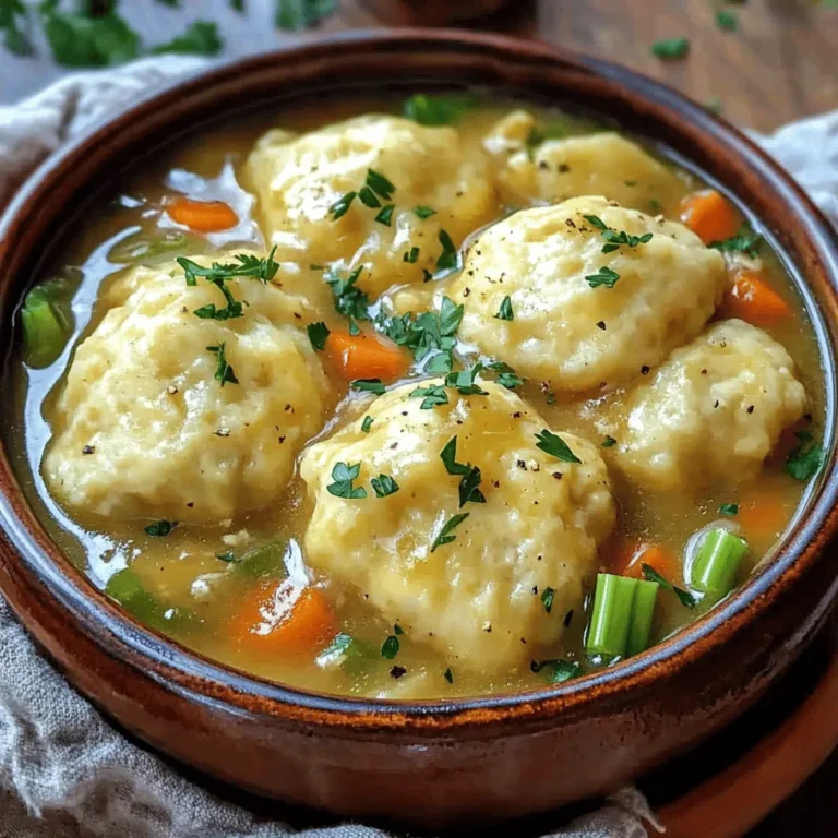 To make Easy Chicken and Dumplings, gather these key ingredients: - 1 lb (450g) boneless chicken thighs, diced - 4 cups chicken broth - 1 medium onion, chopped - 2 cloves garlic, minced - 2 cups carrots, sliced - 1 cup celery, chopped - 1 tsp dried thyme - 1 tsp dried rosemary - Salt and pepper to taste - 1 cup all-purpose flour - 2 tsp baking powder - 1/2 tsp salt - 1/2 cup milk - 2 tbsp butter, melted - Fresh parsley, chopped (for garnish) These ingredients combine to create a warm and filling dish. The chicken provides protein, while the veggies add flavor and color. The broth forms a rich base, and the dumplings offer a fluffy texture. You can add your own twist to this dish with these optional ingredients: - Frozen peas for extra sweetness - Corn for a pop of color - Different herbs like oregano or basil - A splash of cream for a richer broth Feel free to mix and match these to suit your taste. Personalizing your dish can make it even more special. To make this recipe, you will need: - A large pot for cooking - A cutting board and knife for chopping - A mixing bowl for the dough - A whisk for mixing dry ingredients - A spoon for dropping dumplings Using the right tools keeps your cooking smooth and easy. Having everything ready helps you enjoy the process more. For the full recipe, check out the detailed instructions that follow! Start by heating a bit of olive oil in a large pot over medium heat. Add 1 lb of diced boneless chicken thighs. Sauté the chicken until it turns golden brown, which takes about 5 to 7 minutes. Once done, remove the chicken and set it aside. In the same pot, toss in 1 medium chopped onion, 2 minced garlic cloves, 2 cups of sliced carrots, and 1 cup of chopped celery. Sauté these veggies for 5 to 6 minutes, until they soften. This step builds a great flavor base. In a mixing bowl, combine 1 cup of all-purpose flour, 2 teaspoons of baking powder, and 1/2 teaspoon of salt. Mix well. Create a well in the center of the dry mix. Pour in 1/2 cup of milk and 2 tablespoons of melted butter. Stir until the mixture just combines into a dough. Be careful not to overmix; it should remain a bit lumpy for fluffy dumplings. Return the cooked chicken to the pot with the sautéed veggies. Pour in 4 cups of chicken broth and add 1 teaspoon each of dried thyme and dried rosemary. Season with salt and pepper to your taste. Bring this mixture to a gentle simmer. Once simmering, drop spoonfuls of the dumpling dough into the pot. Cover the pot with a lid and let the dumplings cook for about 15 to 20 minutes. This steaming process makes them rise and become fluffy. After cooking, taste and adjust the seasoning if needed. Serve hot, garnished with fresh parsley for a touch of color. For the full recipe, check [Full Recipe]. To make fluffy dumplings, use the right ratio of flour and liquid. The dough should be soft, not too dry or runny. Mix gently; over-mixing leads to tough dumplings. Drop spoonfuls of the dough onto the simmering broth. Cover the pot and let them steam. This helps them rise and stay fluffy. One common mistake is cooking the dumplings uncovered. This can make them dense. Another mistake is using old baking powder. Always check the expiration date for the best rise. Be careful not to stir the dumplings while they cook. Agitation can break them apart and ruin their fluffy texture. To make your dish pop, add fresh herbs like parsley or thyme at the end. A squeeze of lemon juice brightens the flavors. For deeper flavor, sauté the vegetables longer until they caramelize. You can also add a splash of cream for a richer broth. These tips make your chicken and dumplings even more comforting. For the full recipe, check out the recipe section above. {{image_2}} You can make easy chicken and dumplings even creamier. To do this, add 1 cup of heavy cream or half-and-half to the chicken broth. This change gives the dish a rich texture. You can also use a can of cream of chicken soup. It adds creaminess and flavor with little effort. For a fun twist, try using different types of meat like turkey or even a mix of chicken and sausage. If you want a lighter meal, swap chicken thighs for chicken breasts. This reduces fat and calories. You can also use low-sodium chicken broth. For a gluten-free version, replace all-purpose flour with a gluten-free baking mix. Just be sure to check the mix for baking powder. Lastly, you can add more vegetables like peas or spinach for extra nutrients. You can boost the taste of your chicken and dumplings with spices. Add paprika for a smoky flavor or cayenne for some heat. Fresh herbs like parsley, dill, or chives can brighten the dish. You can mix in a squeeze of lemon juice for a fresh zing. Don’t forget to taste as you go! Adjust the seasoning to make it just right for you. These variations make it easy to customize this dish. You can check the Full Recipe for more ideas and tips! To keep your chicken and dumplings fresh, let them cool first. Use an airtight container for storage. This helps keep moisture in and prevents drying out. Store them in the fridge for up to three days. Label the container with the date to track how long it's been there. When ready to eat your leftovers, use a pot for reheating. Add a splash of broth or water to keep the dish moist. Heat on low to medium heat, stirring gently. This helps prevent the dumplings from breaking apart. You can also use the microwave, but stir halfway through for even heating. You can freeze chicken and dumplings for later. Place them in a freezer-safe container or bag. Remove as much air as possible to prevent freezer burn. They can last up to three months in the freezer. To reheat, thaw overnight in the fridge before warming on the stove. This keeps the texture nice and fluffy. For the full recipe, check the main article. I recommend using boneless chicken thighs for chicken and dumplings. They stay juicy and tender during cooking. Thighs also add rich flavor to the dish. If you prefer, you can use boneless chicken breasts. Just keep in mind that they can dry out more easily. Yes, you can use frozen vegetables! Frozen veggies are a great time-saver. They cook quickly and still add good taste. If using frozen carrots or peas, add them to the pot for the last few minutes of cooking. This way, they stay bright and flavorful. Dumplings need about 15 to 20 minutes to cook. Cover the pot with a lid during this time. This helps them steam and rise properly. You’ll know they are done when they puff up and feel firm to the touch. Enjoy the fluffy goodness! For the full recipe, check out the [Full Recipe]. You have all you need to create easy chicken and dumplings. The key ingredients set a strong base. You can customize flavors with optional ingredients and cool spices. Following the step-by-step process ensures a warm and comforting meal. Remember to learn from tips to avoid mistakes and make your dumplings fluffy. Store any leftovers properly and enjoy them later. This dish can change with simple variations, making it a staple in your kitchen. Now, get cooking and share this delightful meal with family.