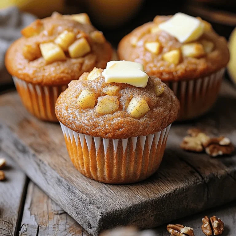 To make these delightful cinnamon apple muffins, you need the following ingredients: - 2 cups all-purpose flour - 1 teaspoon baking soda - 1 teaspoon baking powder - 1 teaspoon ground cinnamon - 1/2 teaspoon salt - 1/2 cup unsalted butter, softened - 1 cup packed brown sugar - 2 large eggs - 1 teaspoon vanilla extract - 1 cup buttermilk - 2 apples, peeled, cored, and diced (preferably Granny Smith for tartness) - 1/2 cup chopped walnuts (optional) - Extra cinnamon sugar for topping (1 tablespoon sugar mixed with 1/2 teaspoon cinnamon) The right mix of these ingredients creates a warm, inviting flavor. I love how the sweet apples and warm cinnamon blend. The buttermilk adds moisture, making the muffins soft and fluffy. You can also add walnuts for a nice crunch, but they are optional. This simple list allows you to bake a batch that brings joy to any kitchen. Follow the [Full Recipe] for step-by-step instructions. - Preheat your oven to 350°F (175°C). - Line a muffin tin with paper liners or grease it well. - In a medium bowl, whisk together the flour, baking soda, baking powder, ground cinnamon, and salt. - In a large mixing bowl, cream softened butter and brown sugar until light and fluffy. - Add eggs one at a time, mixing well after each. Stir in the vanilla extract. - Gradually mix in the dry ingredients and buttermilk. Alternate adding each, starting and ending with dry ingredients. - Fold diced apples and walnuts into the batter. - Spoon the batter into the muffin tin, filling each cup about three-quarters full. - Sprinkle the tops with cinnamon sugar for added crunch and sweetness. - Bake for 18-22 minutes, or until a toothpick comes out clean. This simple method leads to tasty cinnamon apple muffins. For the full recipe, refer to the section above. Enjoy the warm, fluffy bites of joy! - Make sure all your ingredients are at room temperature. This helps them mix better. - Use a toothpick to check for doneness. Insert it in the center; it should come out clean. - Serve your muffins warm with a pat of butter. This adds richness and flavor. - You can also dust them with powdered sugar for a sweet touch. - For a cozy display, place them on a rustic wooden board. It looks inviting! - To achieve a moist muffin, do not overmix the batter. Mix just until combined. - Avoid dense muffins by measuring flour correctly. Too much flour can weigh them down. - Use a light hand when folding in the apples. This keeps the air in the batter. These tips will help you bake delicious cinnamon apple muffins every time! For a full recipe, check the earlier section. {{image_2}} You can switch things up by using different fruits. Instead of apples, try pears or berries. Both options bring a fresh taste to your muffins. If you love dried fruits, add cranberries to the mix. They add a nice chew and burst of flavor. If you want gluten-free muffins, use almond or oat flour instead of regular flour. Both options work well and keep the muffins soft. For those who prefer vegan options, replace eggs with flax eggs and use plant-based milk. These changes make the recipe accessible for everyone. To add more depth, mix in spices like nutmeg or ginger. They pair well with cinnamon and give your muffins a warm flavor. You can also swirl in caramel or chocolate chips for a sweet surprise. These little changes can take your muffins to a whole new level. Check out the Full Recipe for all the details on making these delightful treats! To keep your muffins fresh, store them at room temperature. Place them in an airtight container. This helps retain moisture. If you don't have a container, wrap them tightly in plastic wrap. They will stay soft for about three days. Be sure to keep them away from direct sunlight and heat. For longer storage, freeze your muffins. Allow them to cool completely first. Place them in a freezer-safe bag or container. Remove as much air as possible to prevent freezer burn. They can last up to three months in the freezer. When you want to enjoy one, reheat it for the best texture. You can microwave it for about 20-30 seconds. If you prefer the oven, bake at 350°F (175°C) for about 10 minutes. This keeps the muffins soft and fluffy. For the full recipe, check out the previous section. To make your muffins rise higher, focus on the batter's consistency. Use the right amount of flour. If your batter is too thick, add a touch more liquid. Air pockets help muffins rise, so mix gently but well. Also, make sure your oven is preheated to 350°F (175°C). An oven that is too cool can lead to flat muffins. Yes, you can use different apples. Granny Smith apples are tart and work well. Honeycrisp apples add a nice sweetness and crunch. Fuji apples are also great for a sweeter taste. Try to pick apples that are firm and fresh for the best results. Muffins usually last about 2-3 days at room temperature. Store them in an airtight container. If you want them to last longer, freeze them. In the freezer, they can last up to three months. Just make sure to wrap them well to prevent freezer burn. You can replace buttermilk with milk and vinegar. Just mix 1 cup of milk with 1 tablespoon of vinegar. Let it sit for a few minutes to thicken. Another option is to use yogurt or sour cream. These will also give your muffins a nice texture. For the full recipe, check out the [Full Recipe]. In this blog post, we covered how to make delicious apple muffins step by step, from gathering ingredients to baking tips. We also explored fun variations and smart storage methods. Remember, the right techniques make all the difference in your baking. Whether you stick to the classic recipe or try new flavors, these muffins will delight everyone. Enjoy the process, share them with friends, and savor each bite. Happy baking!