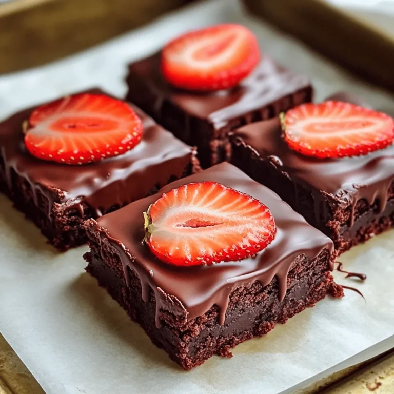 - 1 cup unsalted butter, melted - 1 ½ cups granulated sugar - 4 large eggs - 1 cup all-purpose flour - ¾ cup unsweetened cocoa powder - 1 cup fresh strawberries, hulled and sliced - 1 cup dark chocolate chips - 1 tablespoon coconut oil (for melting chocolate) - Optional: whipped cream or chocolate sauce for serving Chocolate Covered Strawberry Brownies start with rich, simple ingredients. I use unsalted butter for a smooth base. Granulated sugar adds sweetness and helps the brownies rise. Eggs provide structure and moisture. All-purpose flour holds everything together. Cocoa powder gives that deep chocolate flavor we all love. For the added layer of joy, I include fresh strawberries. They bring a burst of fruity flavor. Dark chocolate chips melt beautifully and create a lovely finish. Coconut oil helps the chocolate melt smoothly and adds a hint of richness. If you want, top them with whipped cream or a drizzle of chocolate sauce. You can find the full recipe above to see how all these ingredients come together for a delightful treat. - Preheat the oven to 350°F (175°C). - Grease the baking pan with cooking spray or line it with parchment paper. - In a large bowl, combine melted butter, sugar, and vanilla. Mix until smooth. - Add the eggs one at a time. Mix well after each egg. - In a separate bowl, sift together the flour, cocoa powder, baking powder, and salt. - Gradually add the dry mixture to the wet ingredients. Mix until just combined. - Gently fold in the sliced strawberries. Be careful not to overmix. - Pour the brownie batter into the prepared baking pan. Spread it evenly. - Bake in the preheated oven for 25-30 minutes. A toothpick should come out with a few moist crumbs. After baking, let your brownies cool. This is an important step! You can find the full recipe with details on how to melt the chocolate and cover the brownies beautifully. To get the best brownies, focus on the texture. You want them soft and chewy. Use fresh, room-temperature ingredients. This helps them mix better. When you combine the flour and cocoa, mix until just combined. Overmixing can lead to tough brownies, which we want to avoid. The secret is to fold the batter gently when adding the strawberries. This keeps the air in and maintains a light, fluffy texture. Melting chocolate can be tricky. Use a microwave-safe bowl for ease. Start with dark chocolate chips and coconut oil. Heat them together in short bursts of 30 seconds. Stir in between to avoid burning. If you prefer, you can use a double boiler. Just make sure the water does not touch the bowl. For added flavor, try topping the brownies with crushed nuts or a sprinkle of sea salt. You can even drizzle caramel for a twist. {{image_2}} You can make your chocolate covered strawberry brownies even more special. Try adding nuts like walnuts or pecans for a nice crunch. You can also mix in other fruits, such as bananas or raspberries. Each fruit will give a unique twist to your brownies. Using different types of chocolate can change the flavor too. Swap dark chocolate for milk chocolate for a sweeter taste. White chocolate can add creaminess and sweetness. You can even mix chocolates for a more complex flavor. If you need gluten-free brownies, you can use almond flour or a gluten-free flour blend. This way, everyone can enjoy this treat. Just make sure to check the labels to avoid cross-contamination. For those who follow a vegan diet, you can substitute eggs with flax eggs or applesauce. Use dairy-free chocolate chips and coconut oil to keep it creamy. These small changes will make your brownies vegan-friendly without losing taste. For the full recipe, check the details above. To keep your chocolate covered strawberry brownies fresh, store them in an airtight container. This will prevent them from drying out. Place parchment paper between layers to avoid sticking. You can keep them at room temperature for up to three days. If you want them to last longer, consider freezing them. To freeze brownies, first cut them into squares. Wrap each piece tightly in plastic wrap. Then, place the wrapped brownies in a freezer-safe bag. They can last up to three months in the freezer. When you're ready to enjoy them, just thaw them in the fridge overnight. To reheat your brownies, use the microwave for quick results. Place a brownie on a microwave-safe plate. Heat it for about 10-15 seconds. Check if it’s warm enough. If not, heat it in short bursts of 5 seconds. You can also use the oven. Preheat it to 350°F (175°C). Place the brownies on a baking sheet. Heat them for about 5-10 minutes. This method brings back the fresh-baked taste. Enjoy your chocolate covered strawberry brownies warm! What chocolate is best for melting? I recommend using dark chocolate chips. They melt well and add rich flavor. Choose high-quality chocolate for the best taste. Avoid chocolate bars that contain wax, as they do not melt smoothly. Can I substitute ingredients for allergies? Yes, you can! Use dairy-free butter for a vegan option. Replace eggs with applesauce or flaxseed meal. For gluten-free brownies, try almond flour or a gluten-free flour blend. Always check labels for allergens. How do I know when the brownies are done? Insert a toothpick into the center of the brownies. If it comes out with a few moist crumbs, they are done. If it comes out wet with batter, they need more time. Best ways to serve chocolate covered strawberry brownies Serve these brownies chilled for a delightful treat. Top with whipped cream or a drizzle of chocolate sauce. You can also add fresh strawberry slices on top for extra flair. Pairing ideas for desserts Pair these brownies with vanilla ice cream for a classic combo. A scoop of fresh berry sorbet also works well. You might enjoy serving them alongside a rich espresso or a cup of hot cocoa for a cozy touch. You now have a clear guide to make chocolate-covered strawberry brownies. We covered the main and additional ingredients you need. You learned step-by-step instructions, with tips for the best texture. Don't forget the flavor variations and storage tips for those treats. These brownies offer joy in every bite and endless ways to customize. Enjoy making them and share with friends to spread the happiness!
