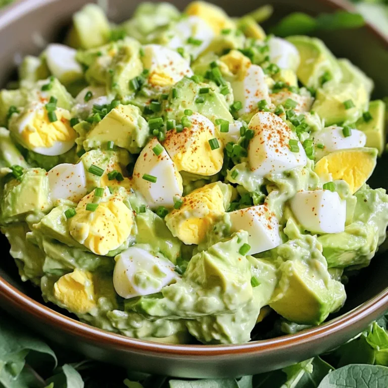 - 4 large eggs - 1 ripe avocado - 2 tablespoons Greek yogurt - 1 tablespoon Dijon mustard - 2 tablespoons fresh chives, chopped - 1 tablespoon lemon juice - Salt and pepper to taste - Optional: Paprika for garnish The ingredients for this avocado egg salad are simple yet powerful. First, you need four large eggs. They add protein and richness to the dish. A ripe avocado is key. It brings creaminess and healthy fats. Next, Greek yogurt keeps the salad light but adds a tangy taste. Dijon mustard gives a slight kick, making each bite exciting. Fresh chives add a mild onion flavor. They also brighten the dish with their green color. Lemon juice brings acidity, balancing the creaminess of the avocado and yogurt. Finally, salt and pepper enhance all the flavors. If you want, sprinkle some paprika on top for a pop of color. Using these fresh ingredients makes the salad both tasty and nutritious. You can find the full recipe with detailed steps to prepare this delicious meal. To start, place your four large eggs in a saucepan. Cover them with cold water, about an inch above the eggs. Turn the heat on high and let the water boil. Once it boils, reduce the heat to medium and let it simmer for 10 to 12 minutes. This gives you hard-boiled eggs with a creamy yolk. After the time is up, transfer the eggs to an ice bath. Fill a bowl with ice and cold water. This cools the eggs quickly and makes peeling easier. Let them sit in the ice bath for about five minutes. While the eggs cool, grab your ripe avocado. Use a sharp knife to cut it in half. Carefully remove the pit. You can twist the halves to help release the pit. Next, scoop the avocado flesh into a mixing bowl using a spoon. Make sure to choose an avocado that is ripe but firm. This gives the salad a creamy texture without being too mushy. Now it’s time to combine everything! Start by mashing the avocado with a fork. You want it to be smooth but still a bit chunky. This adds a nice texture to the salad. Next, add two tablespoons of Greek yogurt and one tablespoon of Dijon mustard. These ingredients add creaminess and flavor. Mix everything well until combined. After that, peel the cooled eggs and chop them into bite-sized pieces. Gently fold the chopped eggs into the avocado mixture. Be careful not to break the eggs too much. Finally, season with salt and pepper to taste. For the Full Recipe, check out the entire list of ingredients and detailed steps. To get the right avocado consistency, pick a ripe avocado. It should yield gently when you press it. Cut it in half, remove the pit, and scoop the flesh into a bowl. Use a fork to mash it until it’s smooth but still a bit chunky. This gives your salad a nice feel. When chopping the eggs, let them cool first. Peel the eggs and chop them into small pieces. Aim for bite-sized chunks, so they mix well with the avocado. To boost flavor, consider adding spices and herbs. Fresh dill or parsley can bring a new taste. A sprinkle of garlic powder or a dash of cayenne pepper can also add a fun kick. For garnishes, you can use paprika for a pop of color or extra chives for freshness. These small touches can make a big difference. Presentation matters. Serve your avocado egg salad in elegant bowls. You can also place it on a bed of mixed greens for a vibrant look. For complementary sides, consider pairing it with whole-grain bread or crispy crackers. A side of fresh fruit can balance the meal nicely. Explore these ideas to make your dish stand out! {{image_2}} You can change the binder in this recipe to fit your taste. If you want a creamier texture, try using mashed silken tofu instead of Greek yogurt. It adds a nice creaminess while keeping it dairy-free. You can also use mayonnaise for a richer flavor. For herbs or spices, get creative! Dill or parsley add fresh notes. You can even add a pinch of garlic powder for an extra kick. Want to make it vegan? Simply swap out the eggs for chickpeas. Mash them up like you would the eggs. Add in some turmeric for color and flavor. This keeps the dish tasty while being plant-based. If you're watching carbs, skip the yogurt and use just avocado. This keeps the dish low-carb and still creamy and delicious. You can also add in some diced celery for crunch without the carbs. Seasonal veggies can really change the dish. In the spring, add in fresh peas or radishes for a pop of color and taste. In the fall, consider mixing in roasted pumpkin or butternut squash for warmth and comfort. Adjust flavors based on the season too. For summer, a hint of lime and fresh cilantro can brighten it up. In winter, add smoked paprika for a deeper, cozy flavor. For the full recipe, refer to the Creamy Avocado Egg Salad section above. To store your avocado egg salad, first, let it cool to room temperature. Place it in an airtight container. This keeps the flavors fresh and prevents drying out. Use glass or plastic containers with tight lids for best results. - Airtight container - Glass or plastic material You can freeze avocado egg salad, but note that the texture may change. To freeze it, scoop the salad into freezer-safe containers. Leave some space at the top for expansion. When ready to eat, thaw it in the fridge for a few hours. Stir well before serving to help regain some creaminess. - Freezer-safe containers - Leave space for expansion In the fridge, your avocado egg salad lasts about 3 to 4 days. Check for signs of spoilage. If you see brown spots or a sour smell, it’s time to toss it. Freshness is key for taste and safety. - 3 to 4 days in the fridge - Look for brown spots or sour smell Yes, you can make Avocado Egg Salad ahead of time. To prep in advance, cook the eggs and mash the avocado a few hours before serving. Store the salad in an airtight container in the fridge. It tastes great for up to two days. For best results, mix in the eggs right before serving. This keeps the texture fresh and tasty. If you don't have Greek yogurt, here are some great substitutes: - Sour cream - Plain yogurt - Silken tofu - Mayonnaise - Cottage cheese Each option adds a unique flavor and texture. Choose what you like best! To make more servings, simply increase the number of eggs and avocado. For example, use 8 eggs and 2 avocados for 8 servings. Adjust the Greek yogurt and mustard too. Keep the same ratio for the other ingredients. This way, everyone gets a tasty meal! Yes, this recipe is gluten-free. All the ingredients used, like eggs and avocado, do not contain gluten. Just ensure any additional ingredients, like mustard, are also gluten-free. It's a perfect choice for those avoiding gluten in their diet. To keep the salad fresh, use these tips: - Add lemon juice to the avocado right away. - Store the salad in an airtight container. - Cover the surface of the salad with plastic wrap, pressing it down to remove air. These steps help keep your Avocado Egg Salad looking bright and green! This blog post covered a delicious recipe for avocado egg salad. We discussed ingredients, cooking steps, and tips for perfecting the dish. Remember, you can customize flavors and make this salad your own. Storage tips ensure your salad stays fresh, while alternatives cater to various diets. Enjoy making this tasty dish, and don't hesitate to experiment with seasonal ingredients. Homemade food always tastes better and is healthier. Happy cooking!