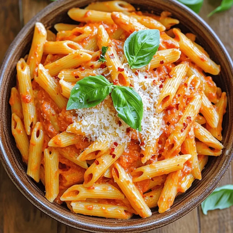 - 12 oz pasta of your choice - 2 large roasted red bell peppers - 1 cup heavy cream - 1 clove garlic, minced - 1 tablespoon olive oil - 1 teaspoon smoked paprika - 1/2 teaspoon red pepper flakes - Fresh basil leaves for garnish - 1/2 cup grated Parmesan cheese - Salt and black pepper to taste For this creamy roasted red pepper pasta, I love to use penne or fettuccine. Both hold the sauce well and add a nice chew. Roasting the red bell peppers brings out their natural sweetness. You can roast them on a grill or under a broiler until they are charred. The heavy cream creates that rich, creamy texture. A single clove of garlic adds flavor without overpowering the dish. Olive oil helps to sauté the garlic and brings everything together. I often add smoked paprika for depth. If you like a bit of heat, red pepper flakes work wonders. Fresh basil leaves are perfect for garnishing and add a fresh taste. Finally, don't forget the Parmesan. It melts beautifully and enhances the creaminess. Adjust salt and black pepper to your liking for the best flavor. For the full recipe, check out the cooking instructions. This dish is simple yet satisfying, perfect for any night of the week. - Bring salted water to a boil. - Cook the pasta according to package instructions. Cooking pasta is easy. Make sure the water is salty. This adds flavor to the pasta. Stir the pasta well while it cooks. This helps it not stick together. When it is done, save a cup of the water. Drain the pasta and set it aside. - How to roast red bell peppers - Peeling and chopping tips To roast red bell peppers, you can use a broiler or a grill. Place them in the heat until they are blackened on all sides. After roasting, put the peppers in a bowl and cover it. This helps the skin come off easily. After about 10 minutes, peel off the charred skin. Cut off the stems and remove the seeds. Now, chop them into smaller pieces for the sauce. - Blending roasted peppers and cream - Adjusting seasoning to taste In a blender, combine the roasted peppers, heavy cream, garlic, smoked paprika, salt, and black pepper. Blend until everything is smooth and creamy. You can taste the sauce to see if you need more salt or pepper. If you want a little heat, add the red pepper flakes too. Mix this creamy sauce with your cooked pasta. If the sauce seems too thick, add some of the saved pasta water. This will make it just right! For the full recipe, check out the details above. Cooking pasta al dente is key for good texture. Al dente means the pasta is firm but cooked through. It holds up better in the sauce. To achieve this, check the package for cooking times. Start tasting a minute early. Before draining, save a cup of pasta water. This liquid is starchy and helps the sauce stick. If your sauce is too thick, add some reserved water. It also adds flavor and creaminess. To boost flavor, try adding spices. A pinch of Italian seasoning or garlic powder works well. Don't forget about fresh herbs like parsley or basil for a fresh taste. If you want more heat, increase the red pepper flakes. Be careful not to overdo it. You want a balance of creaminess and spice. The cream should tone down the heat, making it enjoyable. Pair this dish with a crisp green salad. A simple side salad with lemon dressing adds freshness. You can also serve garlic bread for a comforting touch. For garnishes, sprinkle more Parmesan cheese on top. Fresh basil leaves add color and taste. If you're feeling creative, serve the pasta in a hollowed-out bell pepper. This adds a fun twist and makes it eye-catching. {{image_2}} You can easily add proteins to your creamy roasted red pepper pasta. Chicken, shrimp, or sausage work well. For chicken, grill or pan-fry it until cooked through. Slice it and mix it into the pasta. If you prefer shrimp, sauté them in olive oil until pink and tender. For sausage, cook it in a skillet until browned, then slice or crumble it into the dish. Each protein adds a unique flavor and texture to the meal. If you want a vegetarian version, simply skip the meat. For a vegan option, replace heavy cream with coconut milk or cashew cream. These alternatives keep the sauce rich and creamy. You can also use a gluten-free pasta if needed. Options like rice or chickpea pasta are great substitutes. Feel free to experiment with different sauces. You can swap out the red pepper sauce for a tomato-based sauce or even a fresh pesto. Mixing in other vegetables like spinach or zucchini can add color and nutrition. Just ensure to sauté them until tender before combining them with the pasta. These variations keep the dish exciting and can cater to many tastes. To keep your creamy roasted red pepper pasta fresh, store it in an airtight container. Place the container in the fridge. It will stay good for about three to four days. If you want to freeze it, use a freezer-safe container. Make sure to leave some space at the top since the pasta may expand when frozen. It can last for up to three months in the freezer. When it's time to eat your leftovers, reheat them gently. You can use a microwave or a skillet on low heat. If using a microwave, add a splash of water to the pasta. This helps prevent it from drying out. For a skillet, stir in a little olive oil or cream as you heat it. You can also add leftover pasta to soups or salads for a new twist. You can store creamy roasted red pepper pasta in the fridge for up to four days. In the freezer, it lasts about three months. Always check for signs of spoilage. If you see mold or an off smell, it’s best to toss it. Keeping an eye on these signs helps ensure you enjoy your meals safely. To add some heat, try these tips: - Use more red pepper flakes for extra spice. - Add chopped jalapeños or fresh chili peppers. - Include a dash of hot sauce in the creamy sauce. These options let you control the heat level and make it your own. Yes, you can prep ahead of time. - Cook the pasta and store it in the fridge. - Make the creamy sauce and keep it in an airtight container. - Combine both just before serving for the best taste. This way, you save time and enjoy a quick meal. I recommend these pasta types: - Penne: Holds sauce well in each bite. - Fettuccine: Offers a nice, flat surface for the sauce. - Spaghetti: A classic choice that pairs well. All these options work great and taste delicious. Yes, you can easily make it gluten-free. - Use gluten-free pasta made from rice or corn. - Check labels to avoid hidden gluten ingredients. This way, everyone can enjoy this tasty dish. For the [Full Recipe](#), just follow the steps as usual. This blog post shared a simple and tasty creamy roasted red pepper pasta recipe. You learned about key ingredients, cooking steps, and storage tips. I also covered different variations, like adding proteins or making it vegan. Embrace your creativity in the kitchen! Experiment with flavors and ingredients you love. A delicious dish is just a recipe away. Enjoy your cooking adventure!