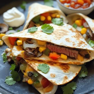 To make loaded steak quesadillas, gather these items: - 1 lb flank steak, thinly sliced - 2 tablespoons olive oil - 1 tablespoon taco seasoning - 1 bell pepper, sliced (any vibrant color) - 1 small red onion, thinly sliced - 1 cup shredded cheese (a delightful blend of cheddar and Monterey Jack) - 4 large flour tortillas - 1 cup mushrooms, sliced - ½ cup corn (can be canned or frozen) - Salt and freshly cracked pepper to taste - Fresh cilantro leaves, for garnish - Sour cream and vibrant salsa, for serving You can tweak your loaded steak quesadillas with these extras: - Avocado slices for creaminess - Jalapeños for some heat - Black beans for added protein - Spinach or kale for extra greens - Lime juice for a zesty kick Having the right tools helps make cooking easier. Here are my top picks: - A large skillet for sautéing - A sharp knife for slicing - A cutting board for prep work - A spatula for flipping quesadillas - A serving platter to display your finished dish These ingredients and tools help create a dish that is both tasty and easy to make. For the full recipe, check out the details earlier in the article. First, gather your ingredients. You'll need flank steak, olive oil, taco seasoning, salt, and pepper. Heat the olive oil in a large skillet over medium-high heat. Once it's hot, add the thinly sliced flank steak. Sprinkle the taco seasoning, salt, and pepper on top. Cook the steak for about 3-4 minutes. Look for a nice brown color and make sure it's cooked through. After cooking, take the steak out and set it aside on a plate. In the same skillet, no need to clean it, add sliced bell pepper, red onion, mushrooms, and corn. This mix adds great flavor and color to your quesadillas. Sauté these veggies for about 5-6 minutes. Stir them occasionally until they are tender and vibrant. The smell will be amazing! Now, let’s make the quesadillas. Place a large flour tortilla in the skillet over medium heat. On one half of the tortilla, sprinkle half of the shredded cheese evenly. This will create a cheesy base. Next, layer half of the cooked steak on top of the cheese. Then, add half of the sautéed vegetables. For extra cheesiness, put another layer of cheese on top. Carefully fold the tortilla in half over all the yummy fillings. Cook the quesadilla for 2-3 minutes on each side. You want the tortilla to turn golden brown and the cheese to melt. Once done, take it out and let it cool for a minute. This makes slicing easier! Cut each quesadilla into wedges for perfect bites. If you want to impress, garnish with fresh cilantro. Serve with sour cream and salsa for a tasty dip. Enjoy your loaded steak quesadillas! For the complete recipe, check out the Full Recipe section. To get that perfect crispiness, use medium heat. High heat can burn the quesadilla. A non-stick skillet works best. Use enough oil to coat the pan. This gives a nice golden color. Flip the quesadilla carefully to keep the filling inside. Let it cook for about 2-3 minutes on each side. You want it golden and crispy! Cheese is key for flavor and texture. I love using a blend of cheddar and Monterey Jack. This mix melts well and adds great taste. You can also try pepper jack for some heat. Or use gouda for a smoky flavor. Feel free to experiment with your favorites. A good cheese makes every bite cheesy and delightful. Garnishing makes your dish look amazing. Fresh cilantro adds color and taste. Chop it finely and sprinkle over the quesadillas. You can also add sliced jalapeños for a kick. Serve with sour cream and salsa on the side. This adds flavor and makes it more fun to eat. A colorful plate makes everyone want to dig in! {{image_4}} You can easily make a tasty vegetarian version of loaded quesadillas. Instead of flank steak, use hearty ingredients like black beans, zucchini, or even roasted sweet potatoes. These veggies add flavor, texture, and nutrition. You can follow the same cooking steps, just swap the steak for your chosen vegetables. A blend of cheeses can also enhance the flavor, making your quesadillas cheesy and delicious. If you love heat, try making spicy loaded steak quesadillas. Use the same flank steak, but add jalapeños or diced green chilies. You can also mix in some hot sauce with the taco seasoning for extra kick. Adjust the level of spice to your liking. The combination of savory steak and spicy elements will give your quesadillas a delightful twist. For a gluten-free option, simply swap the flour tortillas for corn tortillas. Corn tortillas work well and offer a slightly different texture. Just make sure to check the labels for any added ingredients. You can still use all the same fillings and enjoy every bit of flavor in your loaded quesadillas. This way, everyone can savor this tasty meal! Feel free to explore all these options to create your perfect loaded steak quesadillas. For the full recipe, check out the gourmet loaded steak quesadillas section. To keep your leftover quesadillas fresh, wrap them tightly in plastic wrap. You can also use foil for an extra layer. Place them in an airtight container. This helps prevent drying out. Store them in the fridge for up to three days. If you want to enjoy them later, freezing is a great option. For the best taste, reheat quesadillas in a skillet. Heat it over medium heat. This helps restore the crispiness. Cook each side for about 2-3 minutes. You can also use an oven. Preheat it to 350°F (175°C). Place the quesadillas on a baking sheet for about 10-15 minutes. This method makes them warm and crispy again. To freeze your quesadillas, let them cool completely. Then, wrap each one in plastic wrap or foil. Place them in a freezer-safe bag or container. Be sure to label them with the date. You can freeze them for up to three months. When you are ready to eat, thaw in the fridge overnight before reheating. Enjoy your loaded steak quesadillas anytime! For more details, check the Full Recipe. For quesadillas, flank steak is my go-to. It has great flavor and cooks fast. You can also use skirt steak, sirloin, or even leftover steak if you have some. Just slice it thinly for the best texture. Each type gives a tasty bite, but flank steak shines here. Yes, you can prepare them ahead! Cook the steak and veggies, then let them cool. You can store them in the fridge for a day. When you're ready to eat, just assemble and cook them. This saves time and still gives you fresh, hot quesadillas. To make your quesadillas crispy, use a hot skillet. Add a touch of oil before cooking. This helps the outside get golden brown. You can also use a non-stick pan or a cast iron skillet. If you want more crispiness, press down gently while they cook. This blog post covered everything you need for loaded steak quesadillas. We discussed the key ingredients, cooking steps, and tips for crispiness. You can also explore fun variations, from vegetarian options to gluten-free recipes. Storing and reheating your quesadillas is easy, too. Remember to choose the right steak and cheese for the best taste. Enjoy your culinary adventure with these delicious quesadillas!