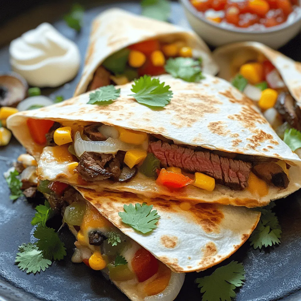 To make loaded steak quesadillas, gather these items: - 1 lb flank steak, thinly sliced - 2 tablespoons olive oil - 1 tablespoon taco seasoning - 1 bell pepper, sliced (any vibrant color) - 1 small red onion, thinly sliced - 1 cup shredded cheese (a delightful blend of cheddar and Monterey Jack) - 4 large flour tortillas - 1 cup mushrooms, sliced - ½ cup corn (can be canned or frozen) - Salt and freshly cracked pepper to taste - Fresh cilantro leaves, for garnish - Sour cream and vibrant salsa, for serving You can tweak your loaded steak quesadillas with these extras: - Avocado slices for creaminess - Jalapeños for some heat - Black beans for added protein - Spinach or kale for extra greens - Lime juice for a zesty kick Having the right tools helps make cooking easier. Here are my top picks: - A large skillet for sautéing - A sharp knife for slicing - A cutting board for prep work - A spatula for flipping quesadillas - A serving platter to display your finished dish These ingredients and tools help create a dish that is both tasty and easy to make. For the full recipe, check out the details earlier in the article. First, gather your ingredients. You'll need flank steak, olive oil, taco seasoning, salt, and pepper. Heat the olive oil in a large skillet over medium-high heat. Once it's hot, add the thinly sliced flank steak. Sprinkle the taco seasoning, salt, and pepper on top. Cook the steak for about 3-4 minutes. Look for a nice brown color and make sure it's cooked through. After cooking, take the steak out and set it aside on a plate. In the same skillet, no need to clean it, add sliced bell pepper, red onion, mushrooms, and corn. This mix adds great flavor and color to your quesadillas. Sauté these veggies for about 5-6 minutes. Stir them occasionally until they are tender and vibrant. The smell will be amazing! Now, let’s make the quesadillas. Place a large flour tortilla in the skillet over medium heat. On one half of the tortilla, sprinkle half of the shredded cheese evenly. This will create a cheesy base. Next, layer half of the cooked steak on top of the cheese. Then, add half of the sautéed vegetables. For extra cheesiness, put another layer of cheese on top. Carefully fold the tortilla in half over all the yummy fillings. Cook the quesadilla for 2-3 minutes on each side. You want the tortilla to turn golden brown and the cheese to melt. Once done, take it out and let it cool for a minute. This makes slicing easier! Cut each quesadilla into wedges for perfect bites. If you want to impress, garnish with fresh cilantro. Serve with sour cream and salsa for a tasty dip. Enjoy your loaded steak quesadillas! For the complete recipe, check out the Full Recipe section. To get that perfect crispiness, use medium heat. High heat can burn the quesadilla. A non-stick skillet works best. Use enough oil to coat the pan. This gives a nice golden color. Flip the quesadilla carefully to keep the filling inside. Let it cook for about 2-3 minutes on each side. You want it golden and crispy! Cheese is key for flavor and texture. I love using a blend of cheddar and Monterey Jack. This mix melts well and adds great taste. You can also try pepper jack for some heat. Or use gouda for a smoky flavor. Feel free to experiment with your favorites. A good cheese makes every bite cheesy and delightful. Garnishing makes your dish look amazing. Fresh cilantro adds color and taste. Chop it finely and sprinkle over the quesadillas. You can also add sliced jalapeños for a kick. Serve with sour cream and salsa on the side. This adds flavor and makes it more fun to eat. A colorful plate makes everyone want to dig in! {{image_4}} You can easily make a tasty vegetarian version of loaded quesadillas. Instead of flank steak, use hearty ingredients like black beans, zucchini, or even roasted sweet potatoes. These veggies add flavor, texture, and nutrition. You can follow the same cooking steps, just swap the steak for your chosen vegetables. A blend of cheeses can also enhance the flavor, making your quesadillas cheesy and delicious. If you love heat, try making spicy loaded steak quesadillas. Use the same flank steak, but add jalapeños or diced green chilies. You can also mix in some hot sauce with the taco seasoning for extra kick. Adjust the level of spice to your liking. The combination of savory steak and spicy elements will give your quesadillas a delightful twist. For a gluten-free option, simply swap the flour tortillas for corn tortillas. Corn tortillas work well and offer a slightly different texture. Just make sure to check the labels for any added ingredients. You can still use all the same fillings and enjoy every bit of flavor in your loaded quesadillas. This way, everyone can savor this tasty meal! Feel free to explore all these options to create your perfect loaded steak quesadillas. For the full recipe, check out the gourmet loaded steak quesadillas section. To keep your leftover quesadillas fresh, wrap them tightly in plastic wrap. You can also use foil for an extra layer. Place them in an airtight container. This helps prevent drying out. Store them in the fridge for up to three days. If you want to enjoy them later, freezing is a great option. For the best taste, reheat quesadillas in a skillet. Heat it over medium heat. This helps restore the crispiness. Cook each side for about 2-3 minutes. You can also use an oven. Preheat it to 350°F (175°C). Place the quesadillas on a baking sheet for about 10-15 minutes. This method makes them warm and crispy again. To freeze your quesadillas, let them cool completely. Then, wrap each one in plastic wrap or foil. Place them in a freezer-safe bag or container. Be sure to label them with the date. You can freeze them for up to three months. When you are ready to eat, thaw in the fridge overnight before reheating. Enjoy your loaded steak quesadillas anytime! For more details, check the Full Recipe. For quesadillas, flank steak is my go-to. It has great flavor and cooks fast. You can also use skirt steak, sirloin, or even leftover steak if you have some. Just slice it thinly for the best texture. Each type gives a tasty bite, but flank steak shines here. Yes, you can prepare them ahead! Cook the steak and veggies, then let them cool. You can store them in the fridge for a day. When you're ready to eat, just assemble and cook them. This saves time and still gives you fresh, hot quesadillas. To make your quesadillas crispy, use a hot skillet. Add a touch of oil before cooking. This helps the outside get golden brown. You can also use a non-stick pan or a cast iron skillet. If you want more crispiness, press down gently while they cook. This blog post covered everything you need for loaded steak quesadillas. We discussed the key ingredients, cooking steps, and tips for crispiness. You can also explore fun variations, from vegetarian options to gluten-free recipes. Storing and reheating your quesadillas is easy, too. Remember to choose the right steak and cheese for the best taste. Enjoy your culinary adventure with these delicious quesadillas!