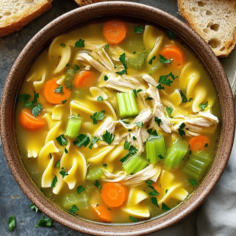 To make a great chicken noodle soup, you need simple, fresh ingredients. Here’s what you need: - 1 tablespoon olive oil - 1 medium onion, chopped - 2 cloves garlic, minced - 2 medium carrots, diced - 2 celery stalks, diced - 1 teaspoon dried thyme - 1 teaspoon dried rosemary - 6 cups chicken broth - 2 cups cooked chicken, shredded - 2 cups egg noodles - Salt and pepper to taste - 1 tablespoon fresh parsley, chopped (for garnish) These ingredients create a warm and tasty soup. The chicken broth gives it depth. Fresh veggies add crunch and color. To cook your chicken noodle soup, you’ll need a few basic tools: - Large pot - Cutting board - Sharp knife - Wooden spoon - Measuring spoons - Ladle - Serving bowls These tools will help you prepare and serve your soup easily. A large pot is key for making enough soup for everyone. Using fresh herbs and spices can boost flavor. Here are some great options: - Fresh parsley - Bay leaves - Fresh thyme - Fresh rosemary Adding these fresh herbs gives your soup a vibrant taste. They make your dish feel special and fresh. For a unique twist, try adding a squeeze of lemon for brightness. This will enhance the flavors and make every spoonful delightful. For the full recipe, check out the instructions later. Start by gathering all your ingredients. You will need: - 1 tablespoon olive oil - 1 medium onion, chopped - 2 cloves garlic, minced - 2 medium carrots, diced - 2 celery stalks, diced - 1 teaspoon dried thyme - 1 teaspoon dried rosemary - 6 cups chicken broth - 2 cups cooked chicken, shredded - 2 cups egg noodles - Salt and pepper to taste - 1 tablespoon fresh parsley, chopped (for garnish) Chop the onion, carrots, and celery. Mince the garlic. This helps the flavors mix well. In a large pot, heat the olive oil over medium heat. Add the chopped onion. Sauté until it turns translucent. This takes about 3-4 minutes. Stir in the minced garlic, diced carrots, and diced celery. Cook for another 5 minutes. Stir often. You want the veggies to soften. Next, add the dried thyme and rosemary. Mix these herbs in well. They add nice flavor to your soup. Pour in the chicken broth and bring it to a boil. Once boiling, reduce the heat to a simmer. This is where the magic happens! Add the shredded chicken and let it simmer for about 15 minutes. This allows the flavors to meld together beautifully. Now, stir in the egg noodles. Cook for an additional 8-10 minutes. Check the noodles to ensure they are tender. After that, season the soup with salt and pepper to taste. Remove the pot from heat. Garnish with fresh chopped parsley. Your soup is now ready! Serve it in warm bowls with crusty bread on the side. This classic chicken noodle soup is the perfect comfort food. For the full recipe, check out the earlier section. To boost the flavor of your chicken noodle soup, consider adding more veggies. You can try peas, corn, or even spinach. Each of these adds great taste and color. A splash of lemon juice brightens the soup, making it fresh. For spice lovers, a pinch of red pepper flakes adds warmth. If you want a richer taste, a tablespoon of soy sauce works wonders. Each ingredient brings its own charm and makes the soup your own. Cooking noodles right is key to a tasty soup. Add the noodles when the soup is almost done. This keeps them from getting too soft. For egg noodles, about 8 to 10 minutes is perfect. Test them a minute or two early. They should be tender but not mushy. If you cook them too long, the noodles soak up too much broth. Then your soup could turn thick and less enjoyable. Leftover chicken is a great time-saver for this soup. Shred any cooked chicken you have and add it to the pot. This cuts down on prep time and still gives great flavor. You can use rotisserie chicken, grilled chicken, or even baked chicken. Just make sure to warm it through before serving. This way, you get a hearty meal with little effort. It’s a clever way to make a quick dinner when you’re busy. {{image_2}} You can make chicken noodle soup healthier by lowering the sodium. Choose low-sodium chicken broth. This lets you control the salt. You can also swap the egg noodles for gluten-free noodles. Look for rice or quinoa noodles. These options keep the soup tasty while being kinder to your body. You can give your soup a global spin! Try adding ginger and lemongrass for a Thai vibe. For a Mexican twist, add lime juice and cilantro. A hint of curry powder gives it an Indian flair. Each change brings a new flavor without losing the comfort of the classic soup. Adding veggies boosts health and flavor. You can toss in spinach or kale for extra greens. Peas and green beans add color and sweetness. Try zucchini or bell peppers for a crunchy texture. Each bite becomes more nutritious and exciting. Plus, these additions make the soup even more filling! To store your chicken noodle soup, let it cool first. Once cool, transfer it to an airtight container. This keeps the soup fresh for up to three days in the fridge. Make sure the lid is tight to prevent spills or strong odors from getting in. Label the container with the date, so you know when you made it. If you want to save the soup for later, freezing is a great option. Pour the cooled soup into freezer-safe bags or containers. Leave some space at the top for expansion. Seal the bags tightly and label them with the date. Your soup can last up to three months in the freezer. For best results, avoid freezing the noodles. They can get mushy when thawed. When you are ready to enjoy the soup, reheat it gently. Pour the soup into a pot and warm it over medium heat. Stir it often to make sure it heats evenly. If the soup is too thick, add a splash of broth or water. You can also microwave it in a bowl with a cover, stirring halfway through. This keeps the flavor fresh and delicious. I recommend using boneless, skinless chicken breasts or thighs. Thighs give more flavor. You can also use a whole chicken for richer broth. Cooking the chicken first helps create a tasty base. Yes, you can! Just add all your ingredients to the slow cooker. Set it on low for 6-8 hours or high for 3-4 hours. This method lets flavors blend well and makes it super easy. Chicken noodle soup lasts about 3-4 days in the fridge. Make sure to store it in an airtight container. To keep it fresh longer, let it cool before putting it in the fridge. Serve your soup with crusty bread or crackers for dipping. A side salad also pairs well. You can even add a simple fruit dish for a fresh touch. Yes, you can use any type of noodle you like! Egg noodles are classic, but you can try rice noodles or whole wheat pasta. Just adjust the cooking time based on the noodle type. For the full recipe, check the section above. In this article, we covered how to make classic chicken noodle soup. We discussed essential ingredients, tools, and herbs that add flavor. You learned simple steps to prepare and cook the soup. Tips for enhancing flavor, timing noodles, and using leftovers help make it even better. We explored healthy alternatives and ways to store the soup properly. This dish is not just a meal; it's comfort in a bowl. Enjoy your homemade soup and get creative with your variations!