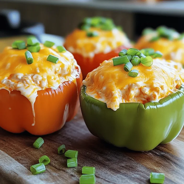 - 4 large bell peppers (any color) - 2 cups cooked shredded chicken - 1/2 cup buffalo sauce (adjust to taste) - 1 cup cream cheese, softened - 1 cup shredded cheddar cheese, divided - 1/2 cup ranch dressing - 1/4 cup green onions, chopped (plus extra for garnish) - Salt and pepper to taste - Baking dish - Mixing bowl - Knife and cutting board - Spoon or spatula Gather these simple ingredients to make your buffalo chicken stuffed peppers. I love using any color bell peppers for their sweet flavor and bright look. The chicken should be cooked and shredded beforehand. You can use leftovers or a rotisserie chicken for ease. The buffalo sauce gives the dish heat, and you can adjust it to your taste. Cream cheese adds creaminess, while cheddar cheese brings richness. Ranch dressing balances the spice and adds a cool flavor. Don't forget those green onions for a fresh touch! You’ll need a few kitchen tools too. A baking dish helps hold the peppers while they cook. A mixing bowl is key for combining all your filling ingredients. A sharp knife and cutting board will help you prep the peppers easily. Finally, a spoon or spatula is perfect for mixing and stuffing. Now you have everything you need for a fun and tasty meal. Check out the Full Recipe to whip these up! - Preheat your oven to 375°F (190°C). - Prepare the bell peppers by cutting the tops off and removing the seeds and membranes. Set aside. - In a large bowl, combine the shredded chicken and buffalo sauce until well coated. - Add cream cheese, half of the cheddar cheese, ranch dressing, and chopped green onions. Stir until creamy and well mixed. - Spoon the buffalo chicken mixture into each bell pepper, packing them tightly. - Place stuffed peppers in a baking dish and sprinkle the remaining cheddar cheese on top. - Bake covered with aluminum foil for 25 minutes, then remove the foil and bake for an additional 10-15 minutes. These steps create a tasty meal that looks great on the table. You can follow the Full Recipe for all the details. - Ensure chicken is evenly shredded for a better texture. - Adjust the amount of buffalo sauce according to your heat preference. When you shred chicken, it helps mix better with the sauce. Larger pieces can make the filling clumpy. You can use store-bought rotisserie chicken for ease. Just make sure it is well shredded. Buffalo sauce can vary in heat. If you love spice, add more sauce. If you prefer mild flavors, use less. Try a taste test before you mix everything. - Slightly pre-bake the peppers before stuffing for a firmer texture. - Avoid overcooking during the final baking period. Pre-baking your peppers for about ten minutes helps them stay firm. It also gives them a nice roasted flavor. Just bake them in your oven at 375°F for a short time. Be careful not to overcook them. Check the peppers during the last ten minutes of baking. You want them soft but not mushy. - Pair with a side salad or veggie sticks. - Serve with extra ranch or blue cheese dressing for dipping. A fresh salad adds a nice crunch and balances the heat of the peppers. Veggie sticks like carrots or celery can also work well. Dipping sauces like ranch or blue cheese dressing can cool down the spice. They also add flavor and make each bite even better. You can serve them on the side for a fun touch. For the full recipe, check the ingredient list above. {{image_2}} You can make Buffalo Chicken Stuffed Peppers lighter. Substitute low-fat cream cheese and shredded cheese for a healthier taste. This change helps cut calories without losing flavor. You can also use cauliflower rice instead of shredded chicken. This gives a tasty vegetarian option. It’s fun to see how these swaps can change the dish! Want to add more flavor? Try crumbled bacon in the filling. The smoky taste pairs well with buffalo chicken. You can also add diced celery or carrots. These bring extra crunch and freshness to each bite. It’s amazing how a few simple ingredients can change the whole dish! Don’t feel stuck with just bell peppers! You can experiment with other peppers too. Try poblano for a smoky taste or jalapeño for extra heat. Mini sweet peppers are great for smaller servings. Each pepper type brings its own flavor and texture. Explore and find your favorite combination! For the full recipe on how to prepare Buffalo Chicken Stuffed Peppers, check out the detailed instructions. Allow the stuffed peppers to cool before storing in an airtight container. This step helps keep them fresh and tasty. Make sure they are not hot, or they may steam and get soggy. Refrigerate leftovers for up to 3 days. Store them in a sealed container to avoid drying out. If you want to keep them longer, freeze wrapped individually for up to 3 months. This way, you can enjoy your meal later. To reheat, place the peppers in the oven at 350°F until heated through. This helps maintain their texture and flavor. You can also use a microwave; just heat in short increments to retain moisture. This keeps the peppers from drying out and makes them perfect for your next meal. Yes, you can prep the peppers and filling a day in advance. Just store them in the fridge. When you're ready, stuff the peppers and bake. This saves time and makes dinner easier. You can use Greek yogurt or any other salad dressing of your choice. A creamy dressing adds flavor and keeps the filling moist. Feel free to experiment and find what you like best. The spice level can be adjusted based on the buffalo sauce used. If you want less heat, opt for mild sauce. You can always add more sauce later if you want it spicier. Replace chicken with cooked quinoa or black beans for a delicious vegetarian option. This keeps the dish filling and flavorful while making it meat-free. You still get the great taste! Buffalo chicken stuffed peppers are fun and easy to make. This dish uses bell peppers, shredded chicken, buffalo sauce, and cream cheese. You can tweak the flavors and spice levels to suit your taste. Follow the steps for a tasty meal that can be prepped ahead. Enjoy your cooking and get creative with variations! The best meals are those made with your own spin.