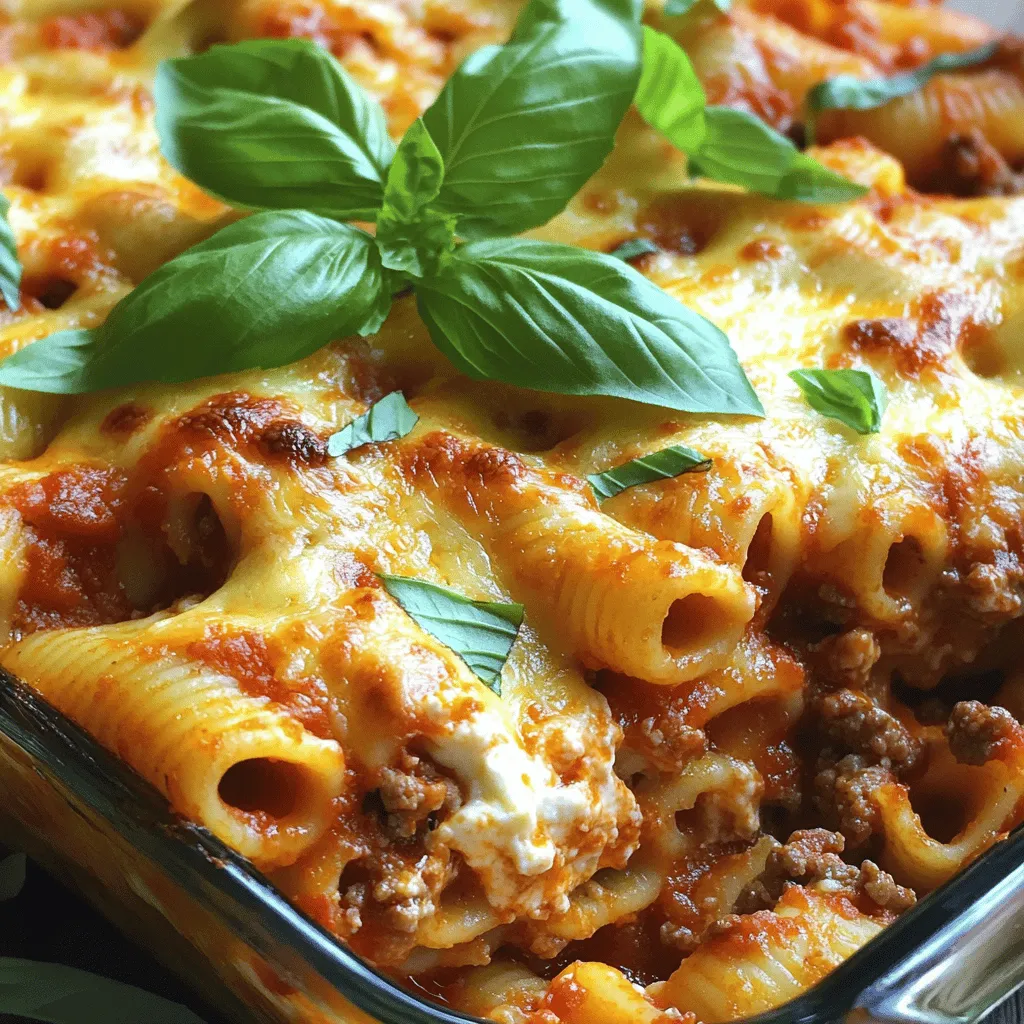 - 1 pound ziti pasta - 2 tablespoons olive oil - 1 onion, finely chopped - 3 cloves garlic, minced - 1 pound ground beef (or plant-based ground meat) - 1 jar (24 ounces) marinara sauce - 1 can (15 ounces) ricotta cheese - 1 egg - 2 cups shredded mozzarella cheese - 1 cup grated Parmesan cheese - 1 teaspoon Italian seasoning - Salt and pepper to taste - Fresh basil leaves for garnish (optional) For baked ziti, the ingredients are simple but full of flavor. First, you need ziti pasta as your base. I prefer the traditional ziti shape, but penne can work too. Olive oil adds richness and helps in cooking the onion and garlic. Next, the onion and garlic create a savory base for the meat sauce. You can choose ground beef for a classic taste, or use a plant-based option for a lighter meal. Marinara sauce brings the dish together, adding moisture and flavor. Ricotta cheese is a must. It adds creaminess. Mixing it with an egg binds everything together and gives a smooth texture. Mozzarella and Parmesan are essential for that cheesy top that makes baked ziti so appealing. Finally, season with Italian herbs, salt, and pepper. Fresh basil as a garnish adds a pop of color and flavor. If you want the full recipe, just check the section titled Full Recipe. 1. Preheat your oven to 375°F (190°C). This makes sure your dish cooks evenly. 2. Cook the ziti pasta according to package instructions until al dente. Drain the pasta and set it aside. Al dente means it should be firm but not hard. This helps keep the pasta from getting mushy later. 1. In a large skillet, heat the olive oil over medium heat. 2. Add the chopped onion and minced garlic. Sauté them until the onion turns translucent. This step builds flavor and aroma. 3. Next, add the ground beef to the skillet. Cook it until it is browned, breaking it apart with a spatula as it cooks. If there’s extra fat, drain it out. 4. Stir in the marinara sauce and Italian seasoning. Let the sauce simmer for about 5 minutes. This allows the flavors to mingle. Remove it from heat when done. 1. In a large mixing bowl, combine the cooked ziti with the meat sauce. Stir well to coat all the pasta with the sauce. 2. To assemble, spread half of the ziti mixture into a greased 9x13 inch baking dish. 3. Dollop half of the ricotta mixture over the pasta, spreading it gently. 4. Sprinkle half of the shredded mozzarella cheese on top. 5. Add the remaining ziti mixture on top, then dollop with the remaining ricotta. 6. Finally, sprinkle the rest of the mozzarella and Parmesan cheese over everything. 7. Cover the baking dish with aluminum foil and bake for 25 minutes. 8. Remove the foil and bake for an additional 15-20 minutes. Look for bubbly and golden brown cheese. 9. Let the baked ziti cool for about 10 minutes before serving. If you like, garnish with fresh basil leaves for a nice touch. For the full recipe, check out the detailed ingredient list above. Enjoy your delicious, comforting meal! How to avoid overcooked pasta To keep your pasta just right, cook the ziti for 2 minutes less than the package says. This way, the pasta stays firm after baking. Remember, it will cook more in the oven, so don't overdo it! Browning the cheese for extra flavor For a rich taste, broil the dish for the last few minutes. This gives the cheese a nice brown color and a crunchy bite. Just watch it closely so it doesn’t burn. Recommended herbs and spices Add freshness with basil or oregano. A pinch of red pepper flakes can give it a nice kick! Mix these in your meat sauce for a burst of flavor. Suggested cheese alternatives If you want to change things up, try goat cheese or feta instead of ricotta. They add a tangy twist. For mozzarella, fresh mozzarella balls can create a creamy texture and taste. Best sides to accompany baked ziti Serve your baked ziti with a simple green salad. A side of garlic bread goes great too! The crunch and flavors balance the creamy pasta. Pairing with wines and salads A light red wine, like Chianti, pairs well with baked ziti. If you prefer white, a crisp Pinot Grigio is also nice. For salads, a Caesar or caprese salad adds freshness to your meal. For the complete process, check the [Full Recipe]. {{image_2}} If you want a meatless option, try plant-based ground meat. This makes the dish lighter but still tasty. You can use lentils or mushrooms for a hearty feel. If you prefer, you can simply omit the meat. This gives you a delicious vegetarian baked ziti. You still get great flavor from the sauce and cheese. Cheese makes baked ziti special. Using fresh mozzarella gives a creamy and stretchy texture. Shredded mozzarella melts well, too. You can mix both types for extra flavor. Ricotta adds a nice creaminess. Try different ricotta brands or even mix in some herbs for added taste. You can make it your own with these cheese choices. Adding vegetables can boost flavor and nutrition. Spinach, zucchini, or bell peppers are great choices. Just chop them small so they blend well. Sauté them with the onion and garlic to enhance their taste. When adding veggies, balance is key. Use them with the right amount of sauce and cheese. This way, every bite stays flavorful. For more details, check the Full Recipe. To keep baked ziti fresh, cool it first. Then, place it in an airtight container. Glass or plastic containers work well for refrigeration. Make sure to seal the lid tightly to lock in moisture. When you reheat baked ziti, avoid the microwave if you can. Instead, use an oven set to 350°F (175°C). Cover it with foil to keep moisture in. Heat for about 20 minutes. If you want to freeze leftovers, let the ziti cool completely. Place it in freezer-safe containers, leaving space for expansion. Baked ziti lasts about 3 to 5 days in the fridge. If you freeze it, it can last up to 3 months. To ensure best flavor and texture, wrap it well before freezing. How long do I bake baked ziti? I bake baked ziti for about 40 to 45 minutes. First, cover it with foil and bake for 25 minutes. Then, remove the foil and bake for another 15 to 20 minutes. This method helps the cheese get nice and bubbly. Can I prepare baked ziti ahead of time? Yes, you can prepare baked ziti ahead of time. Assemble it the day before and keep it in the fridge. Just make sure to cover it well. Bake it the next day, adding a few extra minutes if it’s cold from the fridge. Gluten-free options for ziti To make a gluten-free baked ziti, use gluten-free ziti pasta. There are many brands available that taste great. Just check the package for cooking directions, as they may vary from regular pasta. Low-carb alternatives For a low-carb version, swap the ziti for spiralized zucchini or cauliflower rice. Both options are tasty and keep the dish light. Just be sure to adjust cooking times as needed. Can I replace ricotta cheese? Yes, you can replace ricotta cheese with cottage cheese or cream cheese. Both give a nice creamy texture. If you want to keep it dairy-free, use tofu blended with a little lemon juice. What to use instead of marinara sauce? If you don’t have marinara sauce, try using a homemade tomato sauce or even pesto. Both options add unique flavors to the dish. Just make sure to season them well for the best taste. [Full Recipe] Baked ziti is a classic dish that brings warmth and joy. It combines pasta, meat, and cheese into one tasty meal. Let me share how to make this comforting dish. - 1 pound ziti pasta - 2 tablespoons olive oil - 1 onion, finely chopped - 3 cloves garlic, minced - 1 pound ground beef (or plant-based ground meat) - 1 jar (24 ounces) marinara sauce - 1 can (15 ounces) ricotta cheese - 1 egg - 2 cups shredded mozzarella cheese - 1 cup grated Parmesan cheese - 1 teaspoon Italian seasoning - Salt and pepper to taste - Fresh basil leaves for garnish (optional) 1. Preheat your oven to 375°F (190°C). This ensures even cooking. 2. Cook the ziti pasta until it is al dente. Drain and set it aside. You want it firm so it holds up in the oven. 3. Heat olive oil in a large skillet over medium heat. Add the chopped onion and garlic. Cook until the onion is soft. 4. Add the ground beef to the skillet. Cook until it turns brown. Break it into small pieces as it cooks. Drain any extra fat if needed. 5. Stir in the marinara sauce and Italian seasoning. Let it simmer for about 5 minutes. This helps blend the flavors. 6. In a bowl, mix the ricotta cheese, egg, salt, and pepper. Stir until smooth. This will give creamy layers. 7. In another large bowl, combine the cooked ziti with the meat sauce. Mix well. Make sure every piece of pasta is coated. 8. Spread half of the ziti mixture into a greased baking dish. Add half of the ricotta mixture on top and sprinkle half of the mozzarella cheese. 9. Layer the rest of the ziti mixture on top. Add the remaining ricotta and sprinkle the rest of the mozzarella and Parmesan cheese. 10. Cover the dish with foil and bake for 25 minutes. This keeps it moist while cooking. 11. Remove the foil and bake for another 15-20 minutes. Look for bubbly and golden cheese on top. 12. Let it cool for about 10 minutes before serving. Garnish with fresh basil leaves if you like. With this recipe, you will create a dish that comforts and delights. Enjoy every cheesy bite! Baked ziti is a hearty dish made with simple ingredients. We covered the essential components, from pasta and sauce to cheese. I shared easy steps for cooking and assembling, plus tips for perfecting your meal. Remember, you can customize baked ziti with proteins and veggies to fit your taste. Don't forget about storage and reheating guidelines for leftovers. Enjoy this dish with friends and family, making each bite memorable!
