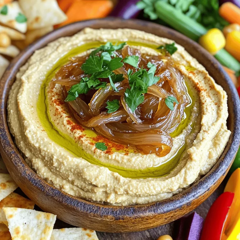 To make delicious caramelized onion hummus, you'll need some simple ingredients. Here’s what to gather: - 2 medium onions, thinly sliced - 2 tablespoons olive oil - 1 can (15 oz) chickpeas, drained and rinsed - 2 tablespoons tahini - 2 tablespoons lemon juice - 1 garlic clove, minced - 1/2 teaspoon cumin - Salt and pepper to taste - Water, as needed - Fresh herbs (parsley or thyme) for garnish These ingredients come together to create a rich and flavorful dip. The caramelized onions add sweetness, while the chickpeas give it a creamy texture. Tahini and lemon juice bring a nice balance of nutty and tangy flavors. You can easily find these items at your local grocery store. Remember, using fresh herbs for garnish makes your dish look pretty and tastes great too. For the full recipe, follow the steps carefully to achieve the best results! - Heat olive oil in a skillet over medium heat. - Add the thinly sliced onions and stir. - Cook the onions for about 20-25 minutes. - Stir occasionally until the onions are golden brown. Caramelizing onions takes patience, but the sweet, rich flavor is worth it. You want them to turn soft and brown, not burn. The longer you cook them, the sweeter they get. Once they are done, remove them from heat and let them cool a bit. - In a food processor, combine chickpeas, tahini, and seasonings. - Add lemon juice, minced garlic, and half of the caramelized onions. Blend these ingredients until smooth. Chickpeas give a creamy base, while tahini adds a nutty flavor. The garlic brings a nice kick. Don't forget to save some caramelized onions for later. They will add a tasty finish to your dip! - If the mixture is too thick, add water. - Start with one tablespoon at a time until you reach the right consistency. - Taste the hummus and season with salt and pepper. Blend again to mix the seasonings well. The texture should be creamy and spreadable. If you want to impress, drizzle olive oil on top and sprinkle some smoked paprika. This dips well with pita chips or fresh veggies. For the full recipe, check out the complete guide. To make the best caramelized onions, follow these tips. First, use a heavy skillet. This helps heat spread evenly. Second, slice your onions thin. Thin slices cook better and faster. Cook on medium heat, not high. Stir often to keep them from burning. This process takes about 20-25 minutes. You want them golden, not dark brown. The right timing brings out their sweet flavor. Want to spice up your hummus? Try adding cumin or smoked paprika. These spices add depth. If you like heat, add a pinch of cayenne. You can also switch up the garnishes. Fresh herbs like parsley or thyme brighten the dish. A drizzle of balsamic glaze adds a nice touch too. Experimenting with flavors keeps things exciting. When serving hummus, think about pairings. Pita chips, fresh veggies, or warm pita bread work great. For a fun twist, serve with crunchy crackers. Presentation matters too! Use a wide bowl for the hummus. Create a swirl in the top, then drizzle with olive oil. Lastly, sprinkle some smoked paprika for a pop of color. These small touches make your dish shine. For the full recipe, check the Caramelized Onion Hummus section. {{image_2}} You can make your caramelized onion hummus even better. Try adding roasted peppers for a spicy kick. They give a nice warmth and depth. You can also toss in fresh herbs like basil or cilantro. This adds a fresh taste and brightens the flavor. If you want a twist, use white beans instead of chickpeas. They create a smooth texture and mild taste. For nut butter lovers, swap tahini with almond or cashew butter. This change adds a unique flavor profile and keeps it creamy. You can get creative with how you serve hummus. Use it as a spread on sandwiches for a tasty lunch. It also works great as a dip for parties or game nights. Pair it with fresh veggies or pita chips for a fun snack. For the full recipe, check out the details above! To keep your caramelized onion hummus fresh, use an airtight container. Glass jars work best since they do not absorb odors. You can also use plastic containers with tight lids. Make sure to seal the container well. Place a layer of plastic wrap between the hummus and the lid for extra freshness. Store your hummus in the fridge right after making it. This helps keep it safe and tasty. If you want to enjoy it later, avoid leaving it out at room temperature for more than two hours. How long does it keep in the fridge? Homemade hummus lasts about five to seven days in the fridge. Always check for signs of spoilage, like an off smell or mold. If you see any, throw it away. Freezing hummus for extended storage is also easy. Portion it out in small containers for quick access. Hummus can last up to three months in the freezer. Just remember to thaw it in the fridge overnight before you eat it again. This way, you can enjoy your delicious hummus anytime you want. For the full recipe, check here: [Full Recipe]. Caramelized onion hummus is a creamy dip made with chickpeas and sweet, soft onions. The onions add a rich flavor, while the chickpeas give a smooth and hearty base. This hummus is perfect for dipping or spreading. Its texture is creamy and thick, making it great for pairing with chips or veggies. The sweetness of the caramelized onions balances the nutty taste of tahini and the zest of lemon. Yes, you can use store-bought caramelized onions for this recipe. They save time and still taste great. However, making them at home gives you more control over the flavor. Homemade onions can be cooked to your liking. They also add freshness to the dish. If you choose store-bought, check the label for added ingredients. You want to keep it simple and healthy. Hummus is packed with good nutrients. Chickpeas provide protein and fiber, which help keep you full. Tahini, made from sesame seeds, adds healthy fats and calcium. Garlic can boost your immune system. Lemon juice gives a dose of vitamin C. Overall, hummus is a healthy snack that supports a balanced diet. It’s a great way to enjoy veggies and whole grains while keeping your meals tasty. In this blog post, we explored how to make a delicious caramelized onion hummus. We covered each ingredient, from onions to tahini, and provided step-by-step instructions for caramelizing and blending. I shared tips for perfecting flavor and offered variations to try. Storing your hummus properly keeps it fresh longer. Finally, I answered common questions to enhance your hummus knowledge. Enjoy making this tasty dip! It's easy and brings joy to your meals.