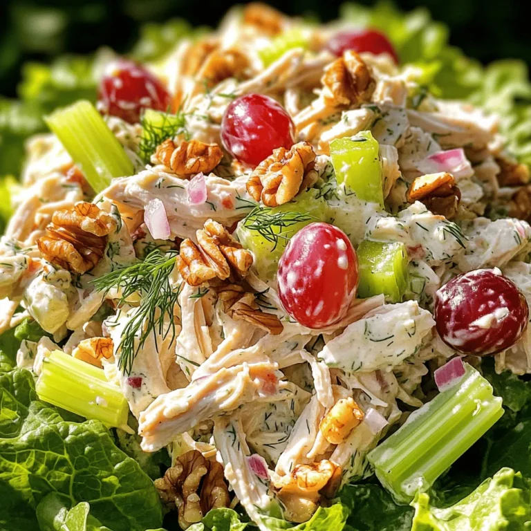 Here’s what you need for the Greek Yogurt Chicken Salad: - 2 cups cooked chicken breast, shredded - 1 cup plain Greek yogurt - 1/2 cup celery, diced - 1/2 cup red grapes, halved - 1/4 cup walnuts, toasted and chopped - 1/4 cup red onion, finely chopped - 2 tablespoons fresh dill, chopped - 1 tablespoon lemon juice - Salt and pepper to taste Each ingredient adds flavor and texture to this tasty salad. The chicken gives protein, while Greek yogurt makes it creamy. The celery brings crunch, and the grapes add a sweet touch. Walnuts give a nice bite, and dill adds freshness. I always prefer fresh ingredients for my salads. Fresh celery makes the dish crisp. Fresh dill offers a bright flavor that dried can't match. Use fresh grapes for sweetness. Dried ingredients can work in some recipes, but not here. They lack the same flavor and texture. You can swap some ingredients to fit your taste. Try using plain yogurt if you don't have Greek yogurt. For a nut-free version, leave out the walnuts. You can also use chicken thighs for a richer taste. Add other fruits like apples or berries to mix it up. This recipe is flexible, so feel free to get creative! Check the Full Recipe for more ideas. Start by gathering your ingredients. You need cooked chicken, Greek yogurt, and some fresh veggies. In a large bowl, add 2 cups of shredded chicken and 1 cup of plain Greek yogurt. Mix them well until the chicken gets fully coated. Next, toss in 1/2 cup of diced celery, 1/2 cup of halved red grapes, and 1/4 cup of toasted walnuts. Add 1/4 cup of finely chopped red onion and 2 tablespoons of fresh dill. Lastly, drizzle in 1 tablespoon of lemon juice and sprinkle with salt and pepper. Gently fold the mix together. Make sure everything is blended well. Shredding chicken can be simple. First, use cooked chicken breasts for the best taste. You can use two forks to pull apart the chicken. Alternatively, you can shred it with your hands for a quicker method. If you have a stand mixer, it can shred chicken in seconds. Just place the chicken in the bowl and mix on low speed. This will save time and give you perfect shreds. Chilling your chicken salad is key. After mixing, cover the bowl with plastic wrap or a lid. Place it in the refrigerator for at least 30 minutes. This helps the flavors blend well. The chill makes every bite refreshing. Once chilled, serve your salad on leafy greens. You can also wrap it in whole grain wraps. Enjoy your tasty Greek yogurt chicken salad! For the full recipe, check out the details above. To season your Greek yogurt chicken salad, start with salt and pepper. These basics bring out the flavors. You can add a squeeze of lemon juice for a fresh taste. Fresh dill adds a nice herby note. Mix and taste as you go. Adjust the seasoning to suit your preference. Remember, seasoning makes all the difference. For the best flavor, use fresh ingredients. Fresh celery and grapes add crunch and sweetness. Toast the walnuts before adding them. This step brings out their rich flavor. Mixing the salad and letting it chill helps the flavors blend. A cold salad is refreshing and tasty. Consider adding a splash of vinegar for extra zing. One common mistake is over-seasoning. It’s easy to add too much salt or spice. Start with a little, and taste it first. Another mistake is not chilling the salad long enough. The flavors need time to meld. Lastly, avoid using dry chicken. Always use moist, cooked chicken for a better texture. For the full recipe, check out the Greek Yogurt Chicken Salad with a Twist. {{image_2}} Greek yogurt is a great ingredient for this salad. It is thick and creamy. It has less sugar and more protein than regular yogurt. This means it helps you feel full longer. Greek yogurt also has probiotics. These good bacteria can aid digestion. Using Greek yogurt instead of mayo makes the dish healthier. It cuts down on fat while adding flavor. Plus, it adds calcium, which is good for bones. Each serving of Greek yogurt chicken salad gives you balanced nutrition. Here’s what you get: - Calories: About 300 - Protein: Around 30 grams - Fat: About 15 grams - Carbohydrates: Roughly 20 grams - Fiber: 2 grams The chicken provides lean protein. The yogurt adds healthy fats. The fruits and veggies offer fiber and vitamins. This makes it a nutritious choice for lunch or dinner. Traditional chicken salad often uses mayo. This adds more fat and calories. In contrast, Greek yogurt chicken salad is lighter. It has less saturated fat and more protein. This means it is better for your heart. You can enjoy it without feeling guilty. Greek yogurt chicken salad also has a fresh taste. It’s a fun twist on a classic dish. You get all the flavor without the heaviness. Try this recipe [Full Recipe] for a refreshing meal! You can change up your Greek yogurt chicken salad by adding more veggies. Try these options for a fresh twist: - Cucumbers: Diced cucumbers add crunch and hydration. - Bell Peppers: Use red, yellow, or green for color and sweetness. - Carrots: Grated carrots add a nice texture and a hint of sweetness. - Spinach: Chopped spinach can boost the nutrition and flavor. Mixing in different vegetables will keep your salad exciting and tasty. You can swap the chicken for other proteins too. Here are some ideas: - Turkey: Use shredded turkey for a leaner option. - Chickpeas: For a vegetarian choice, add canned chickpeas. They’re full of protein. - Tuna: Try canned tuna for a seafood twist. It pairs well with Greek yogurt. - Hard-Boiled Eggs: Chopped hard-boiled eggs can add creaminess and protein. These changes can make your dish unique and fun. Experimenting with flavors can elevate your Greek yogurt chicken salad. Here are some tasty combinations: - Curry Powder: Add a teaspoon for a warm and spicy kick. - Honey Mustard: Mix in a tablespoon for sweetness and tang. - Smoked Paprika: A pinch can add depth and a smoky flavor. - Fresh Herbs: Experiment with parsley, basil, or cilantro for freshness. These combinations can make your salad more exciting and delicious. For the full recipe, check out the Greek Yogurt Chicken Salad with a Twist. Yes, you can make Greek yogurt chicken salad ahead of time. This salad tastes even better after chilling. The flavors mix well when it sits. I suggest making it a day before you plan to serve it. Just keep it in the fridge until you're ready. You can serve Greek yogurt chicken salad in many ways. Here are some great ideas: - On a bed of leafy greens - In whole grain wraps - With whole-grain crackers - Alongside fresh veggies Each option adds a nice touch to your meal. Store any leftover Greek yogurt chicken salad in an airtight container. It can last up to three days in the fridge. If you see any signs of spoilage, like an off smell or change in texture, toss it out. Always check before eating to stay safe. For the best taste, enjoy it fresh! For the full recipe, check above. In this post, we explored the best ingredients for Greek yogurt chicken salad, differentiating between fresh and dried options. I shared step-by-step instructions for preparation. You learned tips for shredding chicken and chilling before serving. We discussed ways to season and enhance flavors, plus common mistakes to avoid. This salad is a healthy choice, thanks to Greek yogurt. With numerous variations, you can customize it to your taste. Now, you can create a delicious and nutritious meal that everyone will love. Enjoy your cooking!