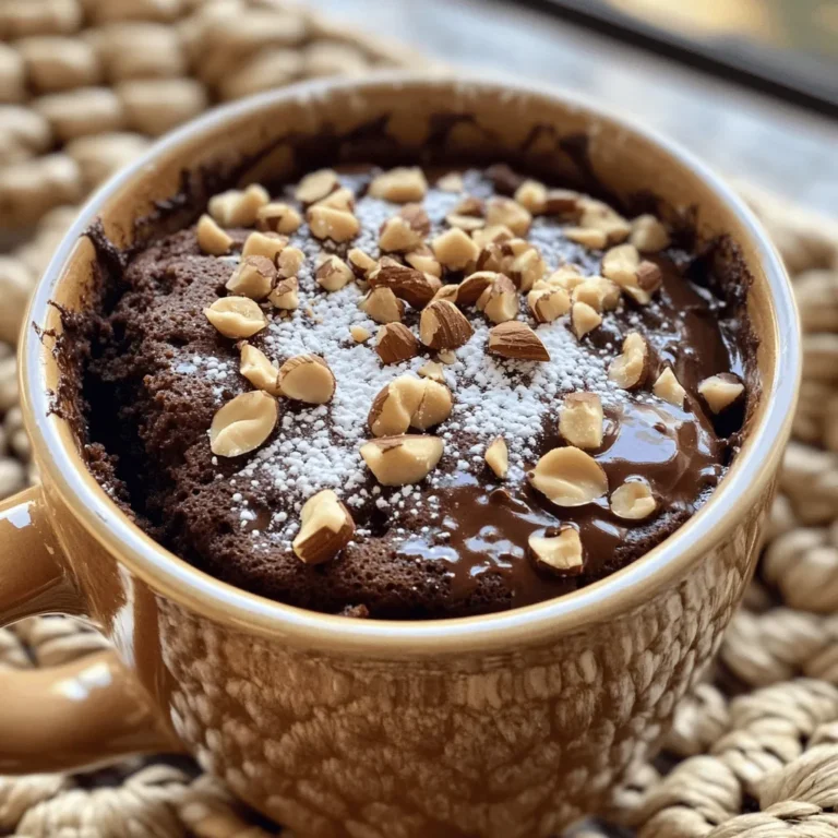 - 4 tablespoons all-purpose flour: This is the base of your cake. It gives structure and helps it rise. - 2 tablespoons cocoa powder: This adds rich chocolate flavor. It also gives the cake that lovely dark color. - 3 tablespoons granulated sugar: Sugar sweetens the cake. You can use brown sugar for a deeper flavor. - 1/8 teaspoon baking powder: This helps the cake rise in the microwave, making it light and fluffy. - A pinch of salt: Salt balances the sweetness. It enhances all the flavors in your cake. - 3 tablespoons milk: Milk keeps the cake moist. It also helps mix the dry ingredients smoothly. - 1 tablespoon vegetable oil: Oil adds moisture and helps keep the cake soft. It also makes mixing easier. - 1 tablespoon chocolate hazelnut spread: This is the star of the show! It adds a creamy chocolatey taste and makes the cake extra special. - 1 tablespoon chopped hazelnuts (for topping): Chopped hazelnuts give a nice crunch. They also enhance the nutty flavor. - Optional: A sprinkle of powdered sugar for dusting: This adds a sweet touch and looks pretty on top of the cake. These ingredients come together to create a quick and easy chocolate hazelnut mug cake that you will love. For the full recipe, check the earlier section. - First, grab a microwave-safe mug. This is where your cake will bake. - In the mug, mix together: - 4 tablespoons all-purpose flour - 2 tablespoons cocoa powder - 3 tablespoons granulated sugar - 1/8 teaspoon baking powder - A pinch of salt - Stir these dry ingredients well. You want to get rid of any lumps. - Next, pour in: - 3 tablespoons milk - 1 tablespoon vegetable oil - Mix until the batter is smooth. It should look well combined. - Now, add in: - 1 tablespoon chocolate hazelnut spread - Fold it into the batter. Make sure it spreads evenly throughout. - Place the mug in the microwave. Cook it on high for about 1 minute. - If your microwave is strong, check at 1 minute. If not, go for 1 minute and 30 seconds. - The cake is ready when it rises and looks set in the middle. - Be cautious when taking the mug out. It will be hot! Use oven mitts if needed. - Let the mug cake cool for about a minute before digging in. - You can add some fun toppings. Try: - 1 tablespoon chopped hazelnuts - A sprinkle of powdered sugar - These extras make your cake look special and taste even better! Now you have a delicious Chocolate Hazelnut Mug Cake ready to enjoy. For the full recipe, check the details above! To make the best chocolate hazelnut mug cake, avoid common mistakes. Make sure to mix your dry ingredients well. Lumps can ruin the texture. When you add wet ingredients, stir until smooth. This step is key for a fluffy cake. For the ideal texture, don’t overcook it. Start with one minute, then check. You want it to be set but not dry. If it looks too wet, add more time in ten-second bursts. You can personalize the flavor easily. Try adding extra chocolate chips. A pinch of cinnamon can also enhance the taste. If you love nuts, swap hazelnuts for walnuts or almonds. Use a microwave-safe mug for best results. A larger mug helps the cake rise evenly. Avoid small cups, as they may overflow. For microwave wattage, 800 watts is great. If your microwave is stronger, adjust cooking time. Lower wattage might need more time. A hot mug cake pairs well with milk or coffee. The creaminess of milk balances the rich cake. For coffee lovers, a strong brew enhances the flavors. You can also enjoy this cake with ice cream. Vanilla or hazelnut ice cream adds a nice touch. If you want something lighter, whipped cream is a great choice. If you want to dive deeper into the chocolate hazelnut goodness, check out the Full Recipe for more details. {{image_2}} You can easily change the flavor of your mug cake. Adding chocolate chips gives a nice meltiness. You can also try using different spreads. Almond butter or peanut butter can work well. If you want a nut-free option, use sunflower seed butter. For nuts, hazelnuts are great, but walnuts or pecans can be fun too. Each type of nut brings its own flavor and crunch. If you need gluten-free options, swap the all-purpose flour with almond flour or gluten-free flour. Both options work well in this recipe. For those who want a dairy-free cake, replace the milk with almond milk or oat milk. These swaps help everyone enjoy the cake without losing taste. This mug cake is perfect for any setting. If you have friends over, make a batch and let everyone customize their cake. You can set up toppings like sprinkles or extra nuts. For special events, consider festive mug cake variations. Add seasonal flavors like pumpkin spice for fall or peppermint for winter. This way, you can enjoy a delicious treat all year round! Store any uneaten mug cake in an airtight container. This keeps it fresh. You can also wrap it in plastic wrap. Place it in the fridge if you plan to keep it for more than a day. For reheating, use the microwave. Heat it in 15-second bursts until warm. This method helps prevent drying out. You can prepare the dry mix ahead of time. Combine flour, cocoa powder, sugar, baking powder, and salt in a bowl. Store this mix in a sealed bag or container. On busy days, just add milk, oil, and the hazelnut spread to the dry mix. This makes it quick to whip up a delicious treat. This mug cake stays fresh for about 2 days in the fridge. After that, it may lose taste and texture. Signs of spoilage include an off smell or visible mold. If you notice these signs, it's best to throw it away. Enjoy your mug cake while it’s fresh! Can I use a different type of flour? Yes, you can use whole wheat flour or gluten-free flour. Each type will change the taste and texture a bit. Whole wheat adds a nutty flavor, while gluten-free flour may give a denser cake. Experiment to find your favorite! What if my microwave doesn't have a turntable? If your microwave lacks a turntable, simply stop it halfway. Rotate the mug by hand to cook evenly. This helps ensure that your mug cake bakes properly and rises well. How do I know when my mug cake is done? Your mug cake is done when it rises and looks set in the middle. You can insert a toothpick into the center; if it comes out clean, it's ready. Just be careful, as the mug will be hot! Can I make this recipe without sugar? Yes, you can use a sugar substitute like stevia or monk fruit. These options often work well, but adjust to taste. Remember that sugar adds moisture, so your cake may be drier without it. How can I add fruit to my mug cake? You can mix in small pieces of fruit like bananas or berries. Add them right before microwaving. They add freshness and flavor, making your mug cake even more delicious. Overview of calories and macros This mug cake has about 350 calories. It contains carbs, fats, and proteins. The exact numbers depend on your specific ingredients, so check labels for accuracy. Healthier modifications for guilt-free indulgence To make it healthier, try using less sugar or a sugar substitute. You can also use almond milk instead of regular milk. Adding nuts or seeds boosts nutrition and flavor! This blog offered a detailed guide on making a delicious mug cake. We explored key ingredients like flour, cocoa powder, and chocolate hazelnut spread. Then, I shared easy steps for preparing and cooking your cake perfectly. Tips for customizing flavors and pairing drinks made the process more fun. Lastly, you learned how to store your mug cake and answer common questions. Enjoying this sweet treat is quick and easy, so grab your mug and start baking!