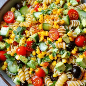 To make a tasty California pasta salad, gather these ingredients: - 8 oz. rotini pasta - 1 cup cherry tomatoes, halved - 1 cup cucumber, diced - 1/2 cup red bell pepper, chopped - 1/2 cup black olives, sliced - 1/2 cup corn kernels (fresh or frozen) - 1 ripe avocado, diced - 1/4 cup red onion, finely chopped - 1/4 cup fresh cilantro or parsley, chopped - 1/4 cup high-quality olive oil - 2 tablespoons apple cider vinegar - 1 teaspoon garlic powder - Salt and freshly ground black pepper to taste If you don’t have an ingredient, here are some swaps: - Pasta: Use penne or fusilli if rotini is not available. - Tomatoes: Swap cherry tomatoes for grape tomatoes. - Cucumber: Try zucchini for a twist. - Bell Pepper: Use yellow or green bell pepper instead. - Olives: Green olives work well here too. - Corn: Canned corn can replace fresh or frozen corn. - Avocado: If you prefer, use a dollop of guacamole. - Herbs: Swap cilantro for basil or dill if you like. Choosing fresh produce is key to a great salad. Here are my tips: - Tomatoes: Look for firm, bright colors. They should feel heavy for their size. - Cucumbers: Choose ones that are smooth and dark green. They should be firm, not soft. - Bell Peppers: Pick ones that are shiny with no blemishes. They should feel heavy for their size. - Avocados: Gently press the avocado. It should yield slightly but not feel mushy. - Herbs: Smell the herbs. They should have a strong, fresh scent. Choose leaves that are vibrant and not wilting. Using fresh ingredients makes your California pasta salad pop with flavor. For the full recipe, check out the detailed instructions! Start by boiling water in a large pot. Add salt to the water to enhance the flavor. Once it boils, add the rotini pasta. Cook it according to the package instructions, usually for about 8-10 minutes. You want the pasta to be firm but tender, known as al dente. When it's done, drain the pasta and rinse it under cold water. This stops the cooking and cools it down. Make sure the pasta is well-drained before moving on. Grab a spacious mixing bowl for the vegetables. First, add the halved cherry tomatoes. Next, include the diced cucumber and chopped red bell pepper. Then, toss in the sliced black olives, corn kernels, and diced avocado. Lastly, mix in the finely chopped red onion and fresh herbs, either cilantro or parsley. Use a spatula to gently fold everything together. Be careful not to mash the avocado while mixing. For the dressing, take a small bowl and add olive oil. Then, pour in the apple cider vinegar. Add the garlic powder, along with a pinch of salt and black pepper. Whisk these ingredients until they blend well and become smooth. This mixture will add a great flavor to your salad. Now it’s time to put everything together. Pour the dressing over the pasta and vegetable mixture. Gently toss all the ingredients until every piece is coated with dressing. Make sure to be gentle so the avocado stays intact. Taste the salad and adjust the salt or pepper if needed. After that, cover the bowl and let it chill in the fridge for at least 30 minutes. This helps the flavors mix together nicely. For the full recipe, check out the rest of the article. To keep your pasta from sticking, follow these steps: - Use plenty of water. A large pot helps. - Add salt to the water. It helps flavor and prevents sticking. - Stir the pasta during cooking. This helps separate the noodles. - Rinse the pasta after draining. Cold water stops the cooking process. These tips ensure your rotini stays separate and ready for the salad. Seasoning your salad well can make all the difference. Here’s how: - Use salt in stages. Add some while cooking the pasta and again in the dressing. - Taste as you go. This helps you find the right balance. - Fresh herbs add brightness. Use cilantro or parsley for a fresh touch. - A splash of vinegar adds zing. Apple cider vinegar works best in this salad. Good seasoning brings out the flavors of each ingredient. You can make your California Pasta Salad even better with some add-ins. Here are a few ideas: - Add protein like grilled chicken or chickpeas for more substance. - Toss in some cheese, like feta or mozzarella, for a creamy texture. - Sprinkle nuts or seeds for crunch. Pine nuts or sunflower seeds work well. - Try roasted vegetables for a deeper flavor. Zucchini or bell peppers are great. Experiment with these options to find your favorite twist on the classic recipe. For the full recipe, check out California Dreamin' Pasta Salad. {{image_4}} You can add protein to your California pasta salad for extra flavor and nutrition. Chicken, shrimp, or tuna are great choices. Cooked chicken breast, diced and seasoned, makes the salad heartier. Simply mix in about 1 cup of cooked chicken. For tuna, use one can, drained and flaked. This change boosts the protein and makes the dish more filling. If you want a vegetarian or vegan option, skip the meat. You can add chickpeas or black beans instead. They offer protein and fiber. Use about 1 cup of canned beans, drained and rinsed. You can also toss in some toasted nuts or seeds for crunch. Walnuts and sunflower seeds work well. Just remember to keep it colorful and fresh! You can change the flavor of your pasta salad with different dressings. A creamy dressing made from yogurt or vegan mayo adds richness. For a zing, try a lemon vinaigrette or a spicy sriracha mayo. Just mix your chosen dressing in a separate bowl and adjust to your taste. Adding herbs like dill or basil can also enhance the flavor. Experiment with what you love! For the full recipe, check out California Dreamin' Pasta Salad. To keep your California Pasta Salad fresh, store it in an airtight container. This helps prevent moisture from making it soggy. Place it in the fridge as soon as you finish serving. If you have leftovers, seal them tightly. This will keep the flavors intact and the salad crisp. You can freeze this pasta salad, but it may change texture. If you want to freeze it, leave out the avocado and any fresh herbs. They do not freeze well. Store the salad in a freezer-safe container. Label it with the date. Use it within three months for the best taste. In the fridge, your California Pasta Salad will stay fresh for about three to five days. Check for any off smells or changes in color before eating. If it looks or smells strange, it’s best to toss it. For frozen pasta salad, thaw it in the fridge overnight before serving. Yes, you can make California Pasta Salad ahead of time. It tastes better after sitting for a while. The flavors blend and become more vibrant. I recommend making it a few hours before serving. Just keep it in the fridge. If you make it the night before, that works too! Rotini pasta is best for pasta salad. Its twists hold dressing well. You can also use fusilli or bowtie pasta. These shapes add fun and texture. They help catch all the yummy ingredients, making each bite tasty. To make California Pasta Salad gluten-free, use gluten-free pasta. There are many options available in stores. Just cook it according to the package instructions. The rest of the recipe stays the same. You can enjoy the salad without gluten! California Pasta Salad pairs well with grilled chicken. This adds protein and makes it a full meal. You can also serve it with garlic bread. A fresh fruit salad is another great choice. It adds sweetness and balances the meal. Enjoy your meal with these tasty sides! In this post, we explored making a tasty California Pasta Salad. We covered key ingredients, helpful cooking steps, and smart tips to boost flavor. You learned about fun variations and best storage methods to keep leftovers fresh. With these insights, you can create a delicious dish that suits your needs. Enjoy your cooking and make this salad your own!
