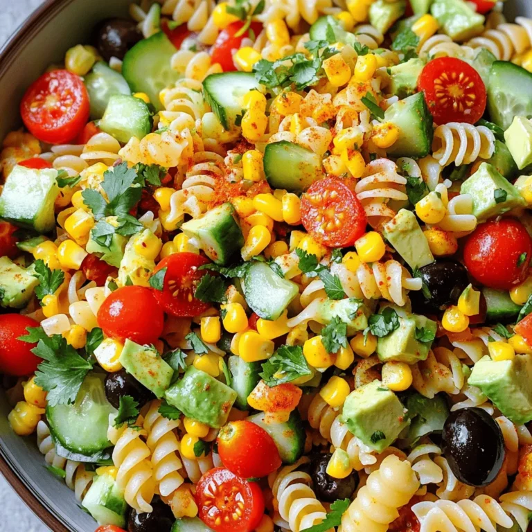 To make a tasty California pasta salad, gather these ingredients: - 8 oz. rotini pasta - 1 cup cherry tomatoes, halved - 1 cup cucumber, diced - 1/2 cup red bell pepper, chopped - 1/2 cup black olives, sliced - 1/2 cup corn kernels (fresh or frozen) - 1 ripe avocado, diced - 1/4 cup red onion, finely chopped - 1/4 cup fresh cilantro or parsley, chopped - 1/4 cup high-quality olive oil - 2 tablespoons apple cider vinegar - 1 teaspoon garlic powder - Salt and freshly ground black pepper to taste If you don’t have an ingredient, here are some swaps: - Pasta: Use penne or fusilli if rotini is not available. - Tomatoes: Swap cherry tomatoes for grape tomatoes. - Cucumber: Try zucchini for a twist. - Bell Pepper: Use yellow or green bell pepper instead. - Olives: Green olives work well here too. - Corn: Canned corn can replace fresh or frozen corn. - Avocado: If you prefer, use a dollop of guacamole. - Herbs: Swap cilantro for basil or dill if you like. Choosing fresh produce is key to a great salad. Here are my tips: - Tomatoes: Look for firm, bright colors. They should feel heavy for their size. - Cucumbers: Choose ones that are smooth and dark green. They should be firm, not soft. - Bell Peppers: Pick ones that are shiny with no blemishes. They should feel heavy for their size. - Avocados: Gently press the avocado. It should yield slightly but not feel mushy. - Herbs: Smell the herbs. They should have a strong, fresh scent. Choose leaves that are vibrant and not wilting. Using fresh ingredients makes your California pasta salad pop with flavor. For the full recipe, check out the detailed instructions! Start by boiling water in a large pot. Add salt to the water to enhance the flavor. Once it boils, add the rotini pasta. Cook it according to the package instructions, usually for about 8-10 minutes. You want the pasta to be firm but tender, known as al dente. When it's done, drain the pasta and rinse it under cold water. This stops the cooking and cools it down. Make sure the pasta is well-drained before moving on. Grab a spacious mixing bowl for the vegetables. First, add the halved cherry tomatoes. Next, include the diced cucumber and chopped red bell pepper. Then, toss in the sliced black olives, corn kernels, and diced avocado. Lastly, mix in the finely chopped red onion and fresh herbs, either cilantro or parsley. Use a spatula to gently fold everything together. Be careful not to mash the avocado while mixing. For the dressing, take a small bowl and add olive oil. Then, pour in the apple cider vinegar. Add the garlic powder, along with a pinch of salt and black pepper. Whisk these ingredients until they blend well and become smooth. This mixture will add a great flavor to your salad. Now it’s time to put everything together. Pour the dressing over the pasta and vegetable mixture. Gently toss all the ingredients until every piece is coated with dressing. Make sure to be gentle so the avocado stays intact. Taste the salad and adjust the salt or pepper if needed. After that, cover the bowl and let it chill in the fridge for at least 30 minutes. This helps the flavors mix together nicely. For the full recipe, check out the rest of the article. To keep your pasta from sticking, follow these steps: - Use plenty of water. A large pot helps. - Add salt to the water. It helps flavor and prevents sticking. - Stir the pasta during cooking. This helps separate the noodles. - Rinse the pasta after draining. Cold water stops the cooking process. These tips ensure your rotini stays separate and ready for the salad. Seasoning your salad well can make all the difference. Here’s how: - Use salt in stages. Add some while cooking the pasta and again in the dressing. - Taste as you go. This helps you find the right balance. - Fresh herbs add brightness. Use cilantro or parsley for a fresh touch. - A splash of vinegar adds zing. Apple cider vinegar works best in this salad. Good seasoning brings out the flavors of each ingredient. You can make your California Pasta Salad even better with some add-ins. Here are a few ideas: - Add protein like grilled chicken or chickpeas for more substance. - Toss in some cheese, like feta or mozzarella, for a creamy texture. - Sprinkle nuts or seeds for crunch. Pine nuts or sunflower seeds work well. - Try roasted vegetables for a deeper flavor. Zucchini or bell peppers are great. Experiment with these options to find your favorite twist on the classic recipe. For the full recipe, check out California Dreamin' Pasta Salad. {{image_4}} You can add protein to your California pasta salad for extra flavor and nutrition. Chicken, shrimp, or tuna are great choices. Cooked chicken breast, diced and seasoned, makes the salad heartier. Simply mix in about 1 cup of cooked chicken. For tuna, use one can, drained and flaked. This change boosts the protein and makes the dish more filling. If you want a vegetarian or vegan option, skip the meat. You can add chickpeas or black beans instead. They offer protein and fiber. Use about 1 cup of canned beans, drained and rinsed. You can also toss in some toasted nuts or seeds for crunch. Walnuts and sunflower seeds work well. Just remember to keep it colorful and fresh! You can change the flavor of your pasta salad with different dressings. A creamy dressing made from yogurt or vegan mayo adds richness. For a zing, try a lemon vinaigrette or a spicy sriracha mayo. Just mix your chosen dressing in a separate bowl and adjust to your taste. Adding herbs like dill or basil can also enhance the flavor. Experiment with what you love! For the full recipe, check out California Dreamin' Pasta Salad. To keep your California Pasta Salad fresh, store it in an airtight container. This helps prevent moisture from making it soggy. Place it in the fridge as soon as you finish serving. If you have leftovers, seal them tightly. This will keep the flavors intact and the salad crisp. You can freeze this pasta salad, but it may change texture. If you want to freeze it, leave out the avocado and any fresh herbs. They do not freeze well. Store the salad in a freezer-safe container. Label it with the date. Use it within three months for the best taste. In the fridge, your California Pasta Salad will stay fresh for about three to five days. Check for any off smells or changes in color before eating. If it looks or smells strange, it’s best to toss it. For frozen pasta salad, thaw it in the fridge overnight before serving. Yes, you can make California Pasta Salad ahead of time. It tastes better after sitting for a while. The flavors blend and become more vibrant. I recommend making it a few hours before serving. Just keep it in the fridge. If you make it the night before, that works too! Rotini pasta is best for pasta salad. Its twists hold dressing well. You can also use fusilli or bowtie pasta. These shapes add fun and texture. They help catch all the yummy ingredients, making each bite tasty. To make California Pasta Salad gluten-free, use gluten-free pasta. There are many options available in stores. Just cook it according to the package instructions. The rest of the recipe stays the same. You can enjoy the salad without gluten! California Pasta Salad pairs well with grilled chicken. This adds protein and makes it a full meal. You can also serve it with garlic bread. A fresh fruit salad is another great choice. It adds sweetness and balances the meal. Enjoy your meal with these tasty sides! In this post, we explored making a tasty California Pasta Salad. We covered key ingredients, helpful cooking steps, and smart tips to boost flavor. You learned about fun variations and best storage methods to keep leftovers fresh. With these insights, you can create a delicious dish that suits your needs. Enjoy your cooking and make this salad your own!