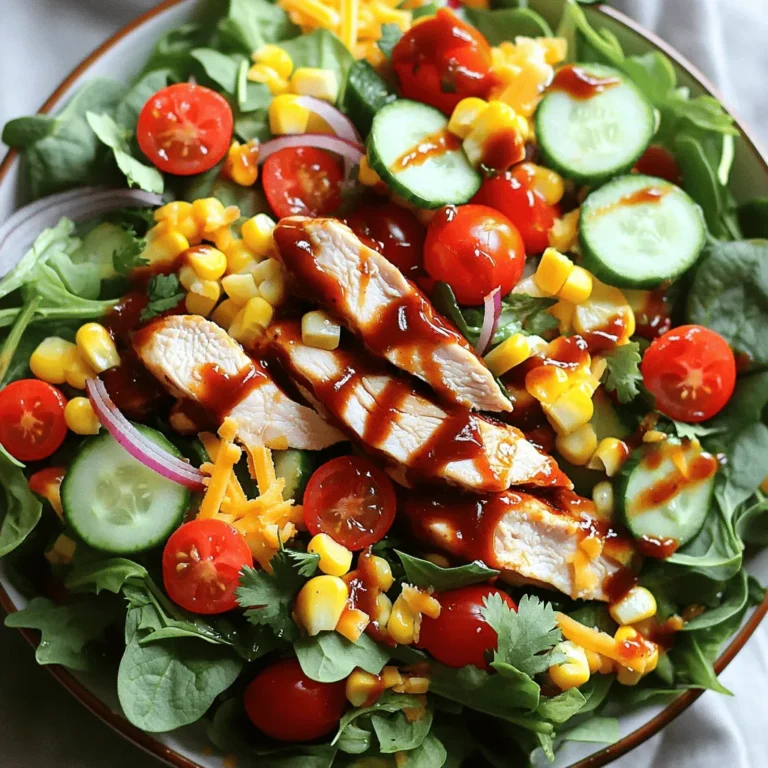 For this BBQ ranch chicken salad, you will need: - 2 boneless, skinless chicken breasts - 1 cup BBQ sauce (divided) - 6 cups mixed greens (spinach, arugula, and romaine) - 1 cup cherry tomatoes, halved - 1 cucumber, sliced - 1 cup corn (fresh or canned) - 1/2 red onion, thinly sliced - 1 cup shredded cheddar cheese - 1/2 cup ranch dressing - 1/4 cup fresh cilantro, chopped (optional) - Salt and pepper to taste - Olive oil for grilling To make your BBQ ranch chicken salad stand out, use high-quality ingredients. Choose organic chicken for a juicier bite. Fresh, local greens add a crisp taste. Opt for ripe cherry tomatoes for sweetness. Sweet corn complements the BBQ sauce well. Aged cheddar cheese enhances the flavor depth. If you can, use homemade ranch dressing. This adds a personal touch and fresh flavor. You can easily adjust this recipe for different diets. If you're vegan, swap chicken for grilled tofu or chickpeas. Use a vegan BBQ sauce and ranch dressing to keep it plant-based. For gluten-free options, ensure your BBQ sauce and ranch are gluten-free. If you're dairy-free, use a dairy-free cheese or skip it entirely. Enjoying this salad can fit your needs while still being delicious! Start by preheating your grill to medium-high heat. This gives you a nice, hot grill for cooking. While the grill heats up, brush your chicken breasts with olive oil. This helps keep the chicken juicy. Season the chicken with salt and pepper for flavor. Grill the chicken for about 6 to 7 minutes on each side. You want the chicken to reach an internal temperature of 165°F (75°C). Near the end, brush one side with BBQ sauce. This adds a great smoky flavor. Once done, take the chicken off the grill. Let it rest for about 5 minutes before slicing it into thin strips. Grab a large salad bowl for this part. In the bowl, mix together the greens, cherry tomatoes, cucumber, corn, red onion, and shredded cheddar cheese. This mix adds color and texture to your salad. It’s a great way to sneak in some veggies. Next, place the sliced grilled chicken on top of the salad mixture. This creates a beautiful layered look. Now, it’s time for the dressings! Drizzle the remaining BBQ sauce and ranch dressing over the salad. Use enough to coat the salad well, but not too much that it gets soggy. Toss the salad gently to combine all the ingredients. Make sure everything gets a bit of dressing. If you like, you can garnish with chopped cilantro for a fresh touch. This adds a nice pop of color and flavor. For the full recipe, check out the complete instructions above. Enjoy your BBQ Ranch Chicken Salad! To grill chicken just right, start with good quality meat. Use boneless, skinless chicken breasts for even cooking. Brush them lightly with olive oil to help them stay moist. Season with salt and pepper for extra flavor. Preheat your grill to medium-high heat. Place the chicken on the grill and cook for 6-7 minutes on each side. This ensures they cook through. Brush BBQ sauce on the chicken in the last few minutes. This adds a nice glaze to the chicken. Always check that the internal temperature reaches 165°F (75°C). Let the chicken rest for five minutes before slicing. This helps keep the juices in. Making ranch dressing from scratch is simple and fun. You need just a few ingredients. Mix together 1/2 cup of sour cream, 1/4 cup of mayonnaise, and 1/4 cup of buttermilk. Add 1 teaspoon of garlic powder and 1 teaspoon of onion powder. Stir in a pinch of salt and pepper. For extra flavor, add fresh herbs like dill or parsley. Whisk everything until it's smooth and creamy. Adjust thickness by adding more buttermilk if needed. This dressing pairs perfectly with the BBQ Ranch Chicken Salad. When serving the salad, make it look appealing. Use a large bowl to let guests help themselves. Layer the salad ingredients for a colorful display. Start with mixed greens as the base. Next, add the cherry tomatoes and cucumbers. Sprinkle corn and red onion on top. Place the grilled chicken strips attractively on the salad. Drizzle BBQ sauce and ranch dressing over the top. Garnish with chopped cilantro for a fresh touch. This not only adds flavor but also makes the dish pop visually. If you want to dive deeper into the full recipe, check out the [Full Recipe]. {{image_2}} You can easily swap chicken for tofu. Use firm or extra-firm tofu. First, press the tofu to remove excess water. Then, slice it into thick strips. Marinate the tofu in BBQ sauce for 30 minutes. Grill it for about 5-7 minutes on each side. This gives you a smoky flavor without meat. Serve it on your salad just like you would with chicken. For a keto-friendly version, keep the BBQ sauce low in sugar. Use fresh veggies like spinach and cucumbers. Skip the corn and reduce the amount of cheese. You can add avocado for healthy fats. This keeps the salad tasty while staying low in carbs. Want to boost flavor? Try adding crispy bacon bits or sliced jalapeños. You can also toss in some black beans or avocado. These will add texture and richness. For a crunch, consider adding nuts or seeds. Each addition enhances the taste and visual appeal. Check out the Full Recipe for all the details! To keep your BBQ Ranch Chicken Salad fresh, store it in an airtight container. Make sure the salad is cool before sealing it. If you have extra dressing, keep it separate for the best taste. This way, the greens stay crisp, and you avoid sogginess. When stored correctly, your salad can last up to three days in the fridge. After that, the quality may drop. Always check for any signs of spoilage before eating. If it looks or smells funny, it's best to toss it. I prefer this salad cold, straight from the fridge. The flavors blend well when chilled. If you want to warm it up, heat the chicken separately. Adding hot chicken to the salad can make the greens wilt. Enjoy it how you like, but cold is my top choice! Don't forget to check the full recipe for more details. You can serve BBQ Ranch Chicken Salad with warm bread or crispy tortilla chips. Grilled corn on the cob makes a great side too. If you want a drink, try iced tea or lemonade. They balance the flavors of the salad well. A light fruit salad also pairs nicely for a fresh touch. Yes, you can use store-bought BBQ sauce. Many brands offer tasty options that save time. Look for sauces with natural ingredients for the best flavor. If you want a kick, try spicy BBQ sauce. Just remember to adjust the amount to fit your taste. Homemade BBQ sauce gives a fresh touch, but store-bought is fine. You can make parts of this salad in advance. Grill the chicken and cool it, then slice it. Store it in the fridge until you need it. Chop veggies like cucumbers and onions ahead of time too. Keep them in an airtight container. Mix the greens just before serving to keep them fresh. Dress the salad right before serving to avoid sogginess. For the full recipe, check the section above. You now know how to make a tasty BBQ Ranch Chicken Salad. We covered the key ingredients, steps for grilling chicken, and assembling the salad. I shared tips for grilling perfectly and making the dressing from scratch. Plus, you learned fun variations for different diets. Enjoy this salad fresh or store it for later. You can adapt it easily for your taste. This meal is great for everyone, so get creative and have fun!