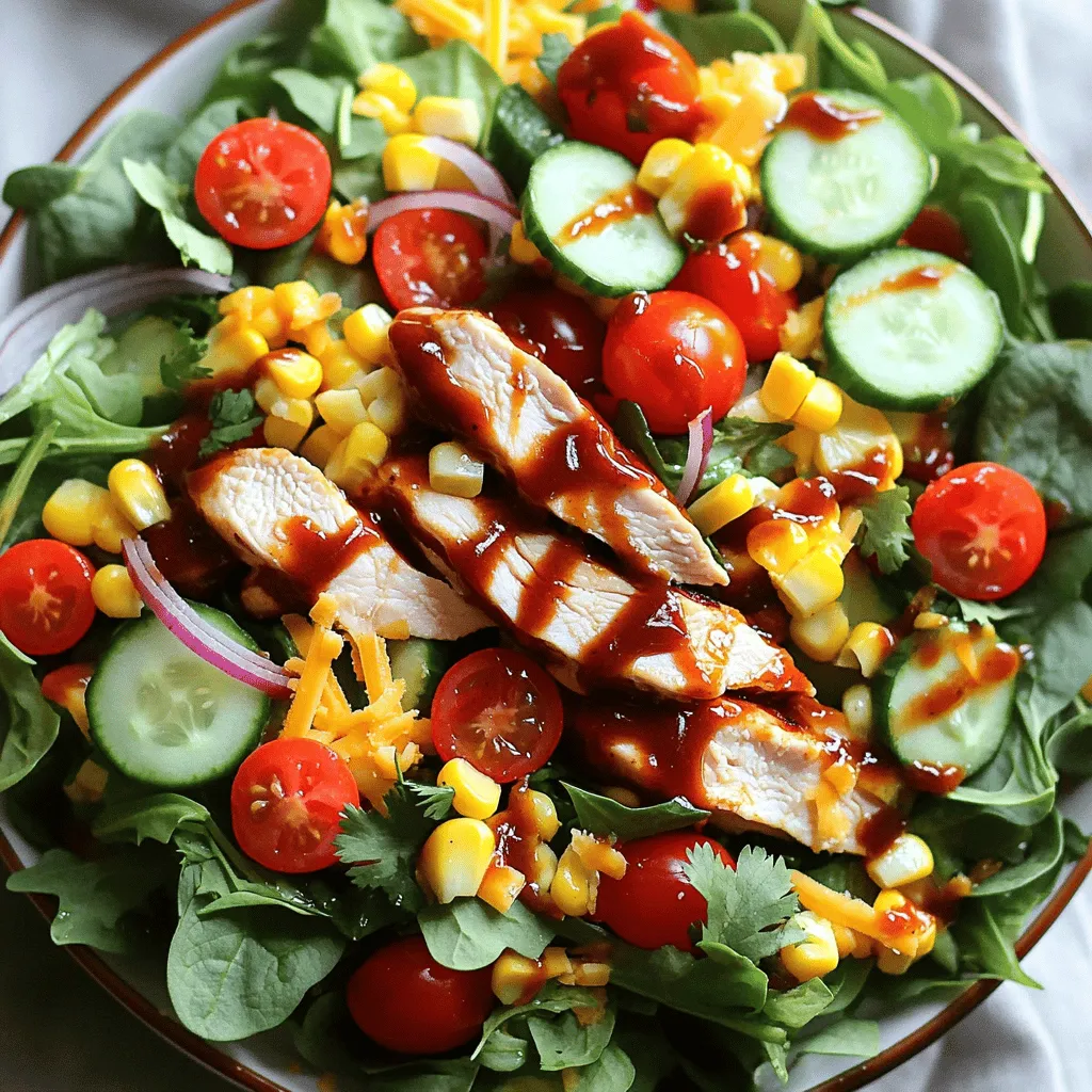 For this BBQ ranch chicken salad, you will need: - 2 boneless, skinless chicken breasts - 1 cup BBQ sauce (divided) - 6 cups mixed greens (spinach, arugula, and romaine) - 1 cup cherry tomatoes, halved - 1 cucumber, sliced - 1 cup corn (fresh or canned) - 1/2 red onion, thinly sliced - 1 cup shredded cheddar cheese - 1/2 cup ranch dressing - 1/4 cup fresh cilantro, chopped (optional) - Salt and pepper to taste - Olive oil for grilling To make your BBQ ranch chicken salad stand out, use high-quality ingredients. Choose organic chicken for a juicier bite. Fresh, local greens add a crisp taste. Opt for ripe cherry tomatoes for sweetness. Sweet corn complements the BBQ sauce well. Aged cheddar cheese enhances the flavor depth. If you can, use homemade ranch dressing. This adds a personal touch and fresh flavor. You can easily adjust this recipe for different diets. If you're vegan, swap chicken for grilled tofu or chickpeas. Use a vegan BBQ sauce and ranch dressing to keep it plant-based. For gluten-free options, ensure your BBQ sauce and ranch are gluten-free. If you're dairy-free, use a dairy-free cheese or skip it entirely. Enjoying this salad can fit your needs while still being delicious! Start by preheating your grill to medium-high heat. This gives you a nice, hot grill for cooking. While the grill heats up, brush your chicken breasts with olive oil. This helps keep the chicken juicy. Season the chicken with salt and pepper for flavor. Grill the chicken for about 6 to 7 minutes on each side. You want the chicken to reach an internal temperature of 165°F (75°C). Near the end, brush one side with BBQ sauce. This adds a great smoky flavor. Once done, take the chicken off the grill. Let it rest for about 5 minutes before slicing it into thin strips. Grab a large salad bowl for this part. In the bowl, mix together the greens, cherry tomatoes, cucumber, corn, red onion, and shredded cheddar cheese. This mix adds color and texture to your salad. It’s a great way to sneak in some veggies. Next, place the sliced grilled chicken on top of the salad mixture. This creates a beautiful layered look. Now, it’s time for the dressings! Drizzle the remaining BBQ sauce and ranch dressing over the salad. Use enough to coat the salad well, but not too much that it gets soggy. Toss the salad gently to combine all the ingredients. Make sure everything gets a bit of dressing. If you like, you can garnish with chopped cilantro for a fresh touch. This adds a nice pop of color and flavor. For the full recipe, check out the complete instructions above. Enjoy your BBQ Ranch Chicken Salad! To grill chicken just right, start with good quality meat. Use boneless, skinless chicken breasts for even cooking. Brush them lightly with olive oil to help them stay moist. Season with salt and pepper for extra flavor. Preheat your grill to medium-high heat. Place the chicken on the grill and cook for 6-7 minutes on each side. This ensures they cook through. Brush BBQ sauce on the chicken in the last few minutes. This adds a nice glaze to the chicken. Always check that the internal temperature reaches 165°F (75°C). Let the chicken rest for five minutes before slicing. This helps keep the juices in. Making ranch dressing from scratch is simple and fun. You need just a few ingredients. Mix together 1/2 cup of sour cream, 1/4 cup of mayonnaise, and 1/4 cup of buttermilk. Add 1 teaspoon of garlic powder and 1 teaspoon of onion powder. Stir in a pinch of salt and pepper. For extra flavor, add fresh herbs like dill or parsley. Whisk everything until it's smooth and creamy. Adjust thickness by adding more buttermilk if needed. This dressing pairs perfectly with the BBQ Ranch Chicken Salad. When serving the salad, make it look appealing. Use a large bowl to let guests help themselves. Layer the salad ingredients for a colorful display. Start with mixed greens as the base. Next, add the cherry tomatoes and cucumbers. Sprinkle corn and red onion on top. Place the grilled chicken strips attractively on the salad. Drizzle BBQ sauce and ranch dressing over the top. Garnish with chopped cilantro for a fresh touch. This not only adds flavor but also makes the dish pop visually. If you want to dive deeper into the full recipe, check out the [Full Recipe]. {{image_2}} You can easily swap chicken for tofu. Use firm or extra-firm tofu. First, press the tofu to remove excess water. Then, slice it into thick strips. Marinate the tofu in BBQ sauce for 30 minutes. Grill it for about 5-7 minutes on each side. This gives you a smoky flavor without meat. Serve it on your salad just like you would with chicken. For a keto-friendly version, keep the BBQ sauce low in sugar. Use fresh veggies like spinach and cucumbers. Skip the corn and reduce the amount of cheese. You can add avocado for healthy fats. This keeps the salad tasty while staying low in carbs. Want to boost flavor? Try adding crispy bacon bits or sliced jalapeños. You can also toss in some black beans or avocado. These will add texture and richness. For a crunch, consider adding nuts or seeds. Each addition enhances the taste and visual appeal. Check out the Full Recipe for all the details! To keep your BBQ Ranch Chicken Salad fresh, store it in an airtight container. Make sure the salad is cool before sealing it. If you have extra dressing, keep it separate for the best taste. This way, the greens stay crisp, and you avoid sogginess. When stored correctly, your salad can last up to three days in the fridge. After that, the quality may drop. Always check for any signs of spoilage before eating. If it looks or smells funny, it's best to toss it. I prefer this salad cold, straight from the fridge. The flavors blend well when chilled. If you want to warm it up, heat the chicken separately. Adding hot chicken to the salad can make the greens wilt. Enjoy it how you like, but cold is my top choice! Don't forget to check the full recipe for more details. You can serve BBQ Ranch Chicken Salad with warm bread or crispy tortilla chips. Grilled corn on the cob makes a great side too. If you want a drink, try iced tea or lemonade. They balance the flavors of the salad well. A light fruit salad also pairs nicely for a fresh touch. Yes, you can use store-bought BBQ sauce. Many brands offer tasty options that save time. Look for sauces with natural ingredients for the best flavor. If you want a kick, try spicy BBQ sauce. Just remember to adjust the amount to fit your taste. Homemade BBQ sauce gives a fresh touch, but store-bought is fine. You can make parts of this salad in advance. Grill the chicken and cool it, then slice it. Store it in the fridge until you need it. Chop veggies like cucumbers and onions ahead of time too. Keep them in an airtight container. Mix the greens just before serving to keep them fresh. Dress the salad right before serving to avoid sogginess. For the full recipe, check the section above. You now know how to make a tasty BBQ Ranch Chicken Salad. We covered the key ingredients, steps for grilling chicken, and assembling the salad. I shared tips for grilling perfectly and making the dressing from scratch. Plus, you learned fun variations for different diets. Enjoy this salad fresh or store it for later. You can adapt it easily for your taste. This meal is great for everyone, so get creative and have fun!