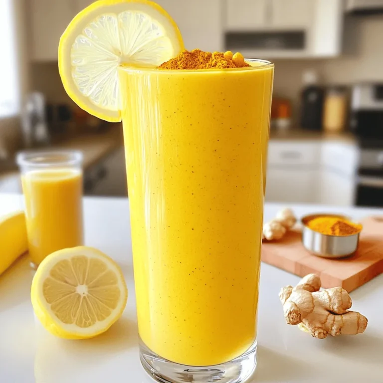 For the Lemon Ginger Turmeric Smoothie, gather these simple ingredients: - 1 banana, frozen - 1 cup almond milk (or any milk of choice) - 1 tablespoon fresh ginger, grated - 1 teaspoon ground turmeric - 1 tablespoon honey (or maple syrup for a vegan option) - Juice of 1 lemon - 1/2 teaspoon cinnamon - A pinch of black pepper (to enhance turmeric absorption) - Ice cubes (optional, for a colder smoothie) - Banana adds creaminess and provides potassium. This helps with muscle function and heart health. - Almond milk is low in calories and dairy-free. It offers a nutty flavor and healthy fats. - Fresh ginger boosts digestion and fights inflammation. It also adds a zesty kick. - Ground turmeric contains curcumin, which has anti-inflammatory effects. This spice may help improve brain health. - Honey gives natural sweetness and has antioxidants. It can soothe sore throats and boost energy. - Lemon juice is high in vitamin C. It supports your immune system and adds a refreshing taste. - Cinnamon can regulate blood sugar and may help lower cholesterol levels. It adds warmth to the flavor. - Black pepper enhances the absorption of turmeric. It also adds a little heat to the mix. - Ice cubes make the smoothie cold and refreshing, especially in warm weather. You can swap ingredients to fit your needs: - Use any frozen fruit in place of banana for different flavors. - Substitute coconut milk or soy milk for almond milk if you prefer. - Replace fresh ginger with ground ginger in a pinch, but use less. - Use agave syrup instead of honey for a vegan sweetener. - If you don’t have ground turmeric, fresh turmeric can work as well. - For a spice boost, consider adding nutmeg instead of cinnamon. Feel free to mix and match to create your perfect smoothie! You can find the Full Recipe for detailed steps and tips. Start by gathering your ingredients. You will need: - 1 banana, frozen - 1 cup almond milk (or any milk of choice) - 1 tablespoon fresh ginger, grated - 1 teaspoon ground turmeric - 1 tablespoon honey (or maple syrup for a vegan option) - Juice of 1 lemon - 1/2 teaspoon cinnamon - A pinch of black pepper - Ice cubes (optional) Peel and grate the fresh ginger. This step makes the ginger easier to blend. Next, freeze your banana overnight. This will give your smoothie a creamy texture. Now it’s time to blend. In a blender, add: - The frozen banana - Almond milk - Grated ginger - Ground turmeric - Honey - Lemon juice - Cinnamon - Black pepper Blend on high speed for about 1-2 minutes. You want the mixture to be smooth and creamy. If you like it colder, add some ice cubes. Blend again until well mixed. Taste your smoothie. If you want it sweeter, add more honey or maple syrup. Blend briefly again if you do. Pour your smoothie into a tall glass. For a nice touch, garnish with a slice of lemon on the rim. You can also sprinkle a bit of turmeric on top. This makes the drink look great and adds a little extra flavor. Enjoy your Lemon Ginger Turmeric Smoothie right away for the best taste. For the full recipe, check the previous section. To get the smoothest texture, always use a frozen banana. This gives the smoothie a creamy base. Make sure to blend on high speed for about one to two minutes. If you find the texture too thick, add more almond milk. This helps to create a silky consistency. Taste your smoothie before serving. If you want more sweetness, add a bit of honey or maple syrup. Start with a small amount, like a half tablespoon. Blend again to mix well. You can always add more, but you can’t take it out! A high-speed blender works best for this smoothie. It makes sure all the ingredients blend evenly. If you don’t have one, a regular blender will work, but you may need to blend longer. Use a measuring cup for accurate ingredient amounts. A good knife makes peeling and grating ginger easier. For the full recipe, check out the section above. {{image_2}} You can make this smoothie even better by adding seasonal fruits. Fresh fruits can change the flavor and add more nutrition. In spring, try fresh strawberries or peaches. In summer, add ripe mango or watermelon. Autumn brings apples and pears, while winter is perfect for oranges or pomegranates. Each fruit offers unique vitamins that boost your health. This smoothie is easy to make dairy-free and vegan. Use almond milk or coconut milk instead of regular milk. For sweetness, use maple syrup instead of honey. This keeps the drink plant-based and still delicious. You can also add a scoop of your favorite plant-based protein powder for extra fuel. Want to make your smoothie even healthier? Consider adding a handful of spinach or kale. This gives you more fiber and vitamins without changing the taste much. You can also throw in some chia seeds or flaxseeds for healthy fats and omega-3s. These small changes can pack a big punch in nutrition. For the full recipe, check out the section above. If you have leftover smoothie, store it in an airtight container. Place it in the fridge. It can last for up to two days. When you want to enjoy it again, give it a good shake or stir. This will help mix it back up. The smoothie may separate a bit, but that’s normal. You can freeze parts of the smoothie for later use. Freeze the banana and ginger separately. This way, you can blend them fresh when you want a smoothie. To freeze, slice the banana and place it in a bag. Grate the ginger and store it in a small container. You can use these frozen pieces anytime for a quick, healthy drink. Smoothies are best enjoyed cold, but if you need to reheat, do so gently. Pour it into a pot and warm it on low heat. Stir often to keep the texture smooth. You can also add a little almond milk to refresh it if it thickens. For a quick pick-me-up, blend in some ice cubes to chill it right before serving. For the full recipe and more tips, check out the [Full Recipe]. Yes, you can use frozen ginger. It still has great flavor. However, fresh ginger adds a brighter taste. If you use frozen, just grate it first. This will help it blend better. Turmeric is known for its many health benefits. It may help reduce inflammation in the body. This spice also supports brain health and boosts immunity. Turmeric contains curcumin, which is a powerful antioxidant. Adding black pepper helps your body absorb turmeric better. If your smoothie is too thick, add more liquid. You can use almond milk or water. Blend it again until you reach your desired thickness. Another option is to use less frozen banana. Adjust it to fit your taste! Check out the Full Recipe for more tips. This blog post covered key smoothie ingredients and their health benefits. We explored how to prepare, blend, and serve your smoothies for the best taste. Tips helped you achieve great texture and adjust sweetness perfectly. You learned about delicious variations and smart storage methods. In summary, making smoothies can be fun and healthy. Experiment with flavors and find what you love. Enjoy your smoothie journey and boost your health!