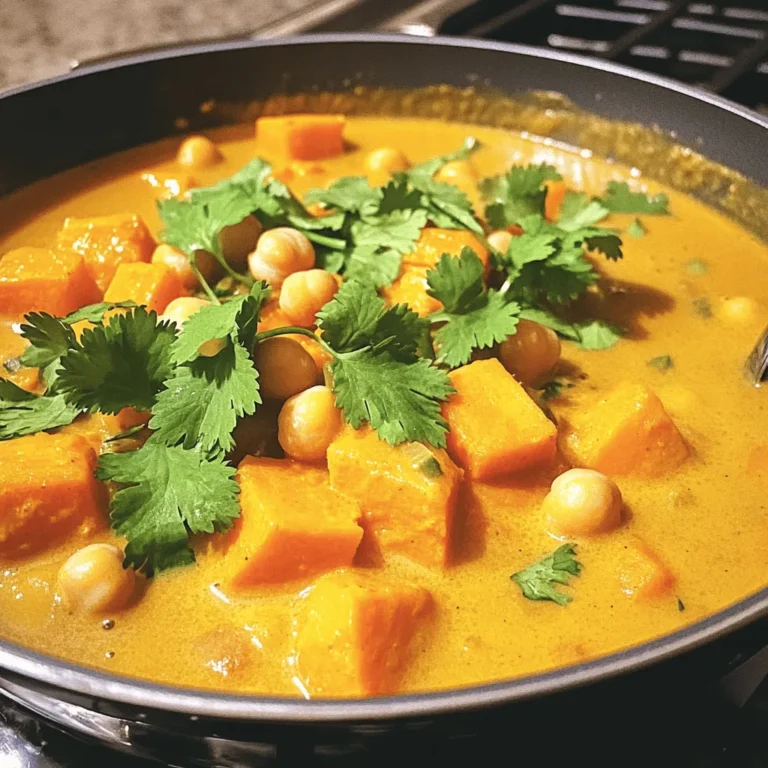 - Sweet Potatoes and Chickpeas - 2 medium sweet potatoes, diced - 1 can (15 oz) chickpeas, drained and rinsed - Aromatics and Spices - 1 onion, finely chopped - 3 cloves garlic, minced - 1 inch ginger, grated - 2 tablespoons curry powder - 1 teaspoon turmeric powder - 1 teaspoon cumin - 1 teaspoon red chili flakes (adjust for spice level) - Liquid Ingredients - 1 can (14 oz) coconut milk - 2 cups vegetable broth - 2 tablespoons olive oil - Salt and pepper to taste - Fresh cilantro, for garnish This mix of ingredients gives the dish its bold and flavorful taste. Sweet potatoes bring a natural sweetness and creaminess. Chickpeas add protein and texture. The onion, garlic, and ginger create a strong base. Spices like curry powder and turmeric give warmth and depth. Coconut milk adds richness, while vegetable broth brings it all together. Don't forget to adjust the red chili flakes to suit your taste. For the full recipe, check out the Sweet Potato & Chickpea Delight 🥔. Sautéing the Aromatics First, grab a large pot and heat olive oil on medium heat. Add finely chopped onion. Sauté for about five minutes. You want the onion to turn translucent. Next, stir in minced garlic and grated ginger. Cook this for two minutes. The aroma will fill your kitchen. Toasting the Spices Now, add curry powder, turmeric, cumin, and red chili flakes. Stir the mix for about one minute. This toasting brings out the spices' flavors. You will notice a warm, fragrant scent. Cooking the Sweet Potatoes Next, incorporate diced sweet potatoes into the pot. Mix them well with the spices. Ensure they are fully coated. This step adds depth to the curry's taste. Adding Coconut Milk and Vegetable Broth Pour in the coconut milk and vegetable broth. Stir the mixture gently. Bring it to a gentle simmer. The sweet potatoes will soften as it cooks. Incorporating Chickpeas and Seasoning Now, add drained and rinsed chickpeas. Stir everything to combine. Season with salt and pepper to your liking. This is where the dish gets its hearty texture. Simmering the Curry Cover the pot and let it simmer for about 20 to 25 minutes. This allows the sweet potatoes to become tender. You want them to be easy to pierce with a fork. Adjusting Seasoning and Serving Once cooked, taste the curry. Adjust the seasoning if needed. You can add more chili for heat or cumin for depth. Serve the curry hot. Garnish with fresh cilantro for a pop of color. For the complete recipe, check the [Full Recipe]. - Perfecting the Texture of Sweet Potatoes To get the best texture, cut sweet potatoes into even pieces. This helps them cook uniformly. If you want them soft and creamy, cook them until tender. You can check by piercing them with a fork. If they break apart easily, they are done. - Balancing Flavor with Seasoning Start with the spices. Toast them to release their oils and enhance their taste. Taste the curry as it cooks. You can always add more salt or spices. If you want more heat, add red chili flakes. For a deeper flavor, add extra cumin. - Ideas for Accompaniments Serve the curry with rice or quinoa. They soak up the sauce well. You can also pair it with naan or pita bread for a fun twist. Add a side salad for some crunch and freshness. - Garnishing Tips Fresh cilantro adds a nice touch. Chop it finely and sprinkle on top just before serving. You can also drizzle a little coconut milk for creaminess and visual flair. For a pop of color, add lime wedges on the side. These tips will help you make the Sweet Potato Chickpea Curry truly special. Be sure to check the Full Recipe for all the details! {{image_2}} You can change up the protein in this dish. Tofu or tempeh works well. Both add great texture and soak up the flavors. For a heartier option, consider lentils. They cook quickly and mix nicely with the sweet potatoes. You can also swap in different veggies. Spinach adds color and nutrition. Kale offers a chewy texture that holds up well in the curry. Carrots or green beans bring crunch. Feel free to get creative with what you have on hand! If you like it hot, increase the red chili flakes. Start with a pinch, then taste as you go. You can also add fresh chili peppers for more heat. Just slice them and toss them in during cooking. For unique flavors, add a dash of cinnamon or nutmeg. These spices add warmth without overpowering the dish. You could also try curry pastes or blends. They can add a different twist to the classic taste. For the full recipe of this tasty dish, check the [Full Recipe]. To keep your sweet potato chickpea curry fresh, follow these tips: - Refrigerating Leftovers: Place leftover curry in an airtight container. It lasts about 3 to 5 days in the fridge. Make sure it cools down before sealing. This helps lock in flavor and freshness. - Freezing for Long-Term Storage: If you want to save some for later, freezing is a great option. Use a freezer-safe container or a heavy-duty freezer bag. Your curry can stay good for up to 3 months. Just remember to leave some space for expansion as it freezes. For the best taste when reheating, consider these methods: - Best Methods for Reheating: The stove is ideal for reheating. Pour the curry into a pot and warm it over low heat. Stir it often to heat evenly. You can also use the microwave. Place it in a microwave-safe bowl and cover it. Heat in short bursts, stirring in between, until hot. These simple storage and reheating tips ensure that your sweet potato chickpea curry remains delicious and satisfying every time you enjoy it. How long does the curry last in the fridge? Sweet Potato Chickpea Curry stays fresh for about 4 to 5 days in the fridge. Store it in an airtight container. The flavors deepen as it sits. Can I make Sweet Potato Chickpea Curry ahead of time? Yes, you can make this curry a day early. This dish tastes even better after resting. Just reheat it gently on the stove or in the microwave. Is this recipe gluten-free or vegan? Absolutely! This recipe is both gluten-free and vegan. It uses wholesome ingredients like sweet potatoes and chickpeas. You can enjoy it without worry. Health Benefits of Sweet Potatoes and Chickpeas Sweet potatoes are rich in vitamins and fiber. They support your immune system and digestion. Chickpeas provide protein and keep you full. They also have good fats and help with heart health. Nutritional Information for the Recipe Each serving of Sweet Potato Chickpea Curry offers: - Calories: 320 - Protein: 10g - Carbohydrates: 50g - Fiber: 12g - Fat: 10g This dish is a great choice for a healthy meal. You get nourishment and flavor in every bite. For the complete recipe, check the [Full Recipe]. This blog post covered the key steps to make a delicious sweet potato chickpea curry. We explored the ingredients, from sweet potatoes to spices. I shared tips on perfecting texture and flavor. You learned how to store and reheat leftovers effectively. In the end, this curry is simple, tasty, and full of nutrition. Feel free to modify it as you like. Enjoy making it your own!