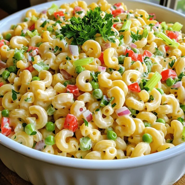 To make a delicious classic macaroni salad, you need simple, fresh ingredients. Here’s what you will need: - 2 cups elbow macaroni - 1 cup creamy mayonnaise - 2 tablespoons apple cider vinegar - 1 tablespoon Dijon mustard - 1 teaspoon granulated sugar - 1 cup celery, finely diced - 1 cup red bell pepper, diced - 1/2 cup red onion, finely chopped - 1 cup frozen peas, thawed - Salt and freshly cracked black pepper, to taste - Fresh parsley or chives, chopped, for garnish These ingredients create a salad that is both creamy and crunchy. The elbow macaroni serves as the base, while the veggies add color and texture. The dressing blends everything together, making each bite flavorful. When preparing the salad, always use fresh ingredients for the best taste. You can find the full recipe in the article. To cook the elbow macaroni, start with a large pot. Fill it with enough water to cover the pasta. Add a big pinch of salt to the water. Bring it to a rolling boil. Once boiling, pour in the macaroni. Cook it for about 8 to 10 minutes. You want it to be al dente, which means it should still have a little bite. When it's ready, drain it in a colander. Rinse it under cold water to stop the cooking. Let it cool completely. For the dressing, you need a few simple ingredients. Gather 1 cup of creamy mayonnaise, 2 tablespoons of apple cider vinegar, 1 tablespoon of Dijon mustard, and 1 teaspoon of granulated sugar. In a large bowl, whisk these together. Mix until it is smooth and creamy. Make sure there are no lumps left. This dressing adds the perfect flavor to your salad. Now it's time to combine everything. First, add the cooled macaroni to the bowl with the dressing. Then, fold in the veggies gently. Use 1 cup of finely diced celery, 1 cup of diced red bell pepper, ½ cup of finely chopped red onion, and 1 cup of thawed peas. Be careful not to mash the pasta. You want all the ingredients to be evenly coated with the dressing. Taste the salad to check the seasoning. Add salt and freshly cracked black pepper as needed. Mix it again to make sure every bite is tasty. Next, cover the bowl with plastic wrap or a lid. Put it in the refrigerator for at least 1 hour. This chilling time helps the flavors blend together. When it's ready, give it a gentle stir and adjust any seasoning if needed. Serve it in a big bowl or in individual portions. A sprinkle of fresh parsley or chives on top makes it look great. For the full recipe, check out the details above! Overcooking the macaroni is a mistake many people make. It turns mushy and loses its bite. Aim for al dente, which means firm but cooked. Follow the package time closely, usually about 8-10 minutes. Rinse it under cold water right after cooking to stop the heat. Not seasoning enough is another common error. A dash of salt makes a big difference. Taste your salad while mixing. Add salt and pepper slowly until you find the right level. To boost flavor, consider adding fresh herbs. Chopped dill, parsley, or chives add a nice touch. You could also try a sprinkle of paprika or garlic powder for extra zest. Chilling your salad is key. It allows the flavors to blend together. Let it sit in the fridge for at least one hour. The longer you chill, the better it tastes. Macaroni salad pairs well with grilled meats. It complements burgers, hot dogs, or barbecued chicken perfectly. You can also serve it with fresh veggies, chips, or fruit. For presentation, use a large, colorful bowl. You can garnish with extra herbs or slices of bell pepper on top. This makes the salad look as good as it tastes. Enjoy your beautiful dish! {{image_4}} You can easily change the classic macaroni salad by using different ingredients. One great swap is to replace mayonnaise with Greek yogurt. This makes the salad lighter and adds a nice tang. Greek yogurt also packs in protein, making your salad more filling. You can also add protein like chicken or tuna. This simple change makes it a full meal. Just shred cooked chicken or mix in canned tuna. You’ll have a hearty dish that everyone will love. To give your salad a new twist, try different flavors. For a Mediterranean twist, add olives and feta cheese. This adds a briny flavor that pairs well with the creamy dressing. The feta also gives a nice texture contrast. If you like spice, try adding jalapeños. This will give your salad a kick that may surprise your guests. You can adjust the amount based on how spicy you want it. If you need gluten-free options, use gluten-free macaroni. Many brands offer pasta made from rice or quinoa. These work great and taste delicious in the salad. For a vegan option, replace the mayo with a vegan dressing. You can find many great recipes online or in stores. This way, everyone can enjoy your macaroni salad without worry. For the full recipe, check out the [Full Recipe]. To keep your macaroni salad fresh, use an airtight container. Glass or plastic containers with tight lids work best. Avoid leaving it uncovered in the fridge. Covering it keeps out odors and maintains flavor. Store the salad in the fridge right after serving. The cool temperature slows spoilage. It's best to eat it within a few days for optimal taste. Classic macaroni salad usually lasts for about 3 to 5 days in the fridge. Make sure to check for signs of spoilage. If you see mold or an off smell, it’s best to discard it. Also, if the salad looks dry or the texture changes, it may not be safe to eat. Always trust your senses when assessing food safety. Reheating macaroni salad is usually not necessary. This dish is best served cold. If you have leftovers, you can enjoy them straight from the fridge. If you want to refresh the salad, add a bit more dressing. Stir it well to mix in the new dressing. This will help bring back some of the creaminess. Enjoy your classic macaroni salad with a burst of flavor! Yes, you can make macaroni salad ahead of time. It tastes better when chilled. I recommend chilling it for at least one hour. If you have more time, chilling overnight will enhance the flavors even more. If you want a creamy texture without mayonnaise, try Greek yogurt. It adds creaminess and a bit of tang. You can also use avocado or a mix of sour cream and mustard. These options are tasty and healthy. To make your macaroni salad creamier, add more mayonnaise or yogurt. Mixing in a little pasta water can also help. If you prefer a richer taste, consider adding a splash of heavy cream. Each of these tips can really boost the creaminess. Yes, it is safe to eat leftover macaroni salad if stored properly. Keep it in an airtight container in the fridge. It should be eaten within three to five days. Always check for any signs of spoilage before eating. This article explored making a classic macaroni salad, from ingredients to storage. Remember, cooking the macaroni al dente and chilling the salad enhance flavors. Avoid common mistakes like overcooking and under-seasoning. Variations, like using yogurt or adding protein, can create new tastes. Proper storage ensures your salad stays fresh. With these tips, you can enjoy a delicious macaroni salad any time. Now, it’s your turn to make it and impress your friends and family!