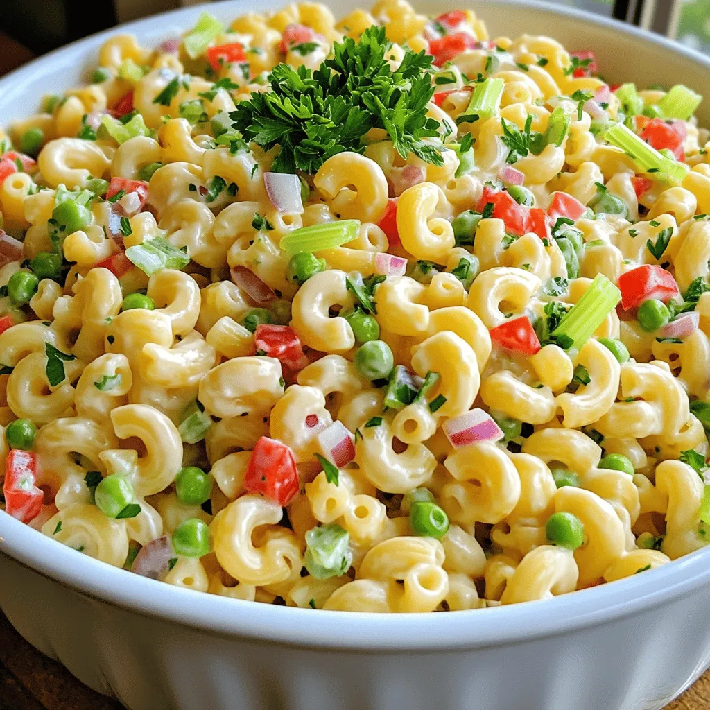 To make a delicious classic macaroni salad, you need simple, fresh ingredients. Here’s what you will need: - 2 cups elbow macaroni - 1 cup creamy mayonnaise - 2 tablespoons apple cider vinegar - 1 tablespoon Dijon mustard - 1 teaspoon granulated sugar - 1 cup celery, finely diced - 1 cup red bell pepper, diced - 1/2 cup red onion, finely chopped - 1 cup frozen peas, thawed - Salt and freshly cracked black pepper, to taste - Fresh parsley or chives, chopped, for garnish These ingredients create a salad that is both creamy and crunchy. The elbow macaroni serves as the base, while the veggies add color and texture. The dressing blends everything together, making each bite flavorful. When preparing the salad, always use fresh ingredients for the best taste. You can find the full recipe in the article. To cook the elbow macaroni, start with a large pot. Fill it with enough water to cover the pasta. Add a big pinch of salt to the water. Bring it to a rolling boil. Once boiling, pour in the macaroni. Cook it for about 8 to 10 minutes. You want it to be al dente, which means it should still have a little bite. When it's ready, drain it in a colander. Rinse it under cold water to stop the cooking. Let it cool completely. For the dressing, you need a few simple ingredients. Gather 1 cup of creamy mayonnaise, 2 tablespoons of apple cider vinegar, 1 tablespoon of Dijon mustard, and 1 teaspoon of granulated sugar. In a large bowl, whisk these together. Mix until it is smooth and creamy. Make sure there are no lumps left. This dressing adds the perfect flavor to your salad. Now it's time to combine everything. First, add the cooled macaroni to the bowl with the dressing. Then, fold in the veggies gently. Use 1 cup of finely diced celery, 1 cup of diced red bell pepper, ½ cup of finely chopped red onion, and 1 cup of thawed peas. Be careful not to mash the pasta. You want all the ingredients to be evenly coated with the dressing. Taste the salad to check the seasoning. Add salt and freshly cracked black pepper as needed. Mix it again to make sure every bite is tasty. Next, cover the bowl with plastic wrap or a lid. Put it in the refrigerator for at least 1 hour. This chilling time helps the flavors blend together. When it's ready, give it a gentle stir and adjust any seasoning if needed. Serve it in a big bowl or in individual portions. A sprinkle of fresh parsley or chives on top makes it look great. For the full recipe, check out the details above! Overcooking the macaroni is a mistake many people make. It turns mushy and loses its bite. Aim for al dente, which means firm but cooked. Follow the package time closely, usually about 8-10 minutes. Rinse it under cold water right after cooking to stop the heat. Not seasoning enough is another common error. A dash of salt makes a big difference. Taste your salad while mixing. Add salt and pepper slowly until you find the right level. To boost flavor, consider adding fresh herbs. Chopped dill, parsley, or chives add a nice touch. You could also try a sprinkle of paprika or garlic powder for extra zest. Chilling your salad is key. It allows the flavors to blend together. Let it sit in the fridge for at least one hour. The longer you chill, the better it tastes. Macaroni salad pairs well with grilled meats. It complements burgers, hot dogs, or barbecued chicken perfectly. You can also serve it with fresh veggies, chips, or fruit. For presentation, use a large, colorful bowl. You can garnish with extra herbs or slices of bell pepper on top. This makes the salad look as good as it tastes. Enjoy your beautiful dish! {{image_4}} You can easily change the classic macaroni salad by using different ingredients. One great swap is to replace mayonnaise with Greek yogurt. This makes the salad lighter and adds a nice tang. Greek yogurt also packs in protein, making your salad more filling. You can also add protein like chicken or tuna. This simple change makes it a full meal. Just shred cooked chicken or mix in canned tuna. You’ll have a hearty dish that everyone will love. To give your salad a new twist, try different flavors. For a Mediterranean twist, add olives and feta cheese. This adds a briny flavor that pairs well with the creamy dressing. The feta also gives a nice texture contrast. If you like spice, try adding jalapeños. This will give your salad a kick that may surprise your guests. You can adjust the amount based on how spicy you want it. If you need gluten-free options, use gluten-free macaroni. Many brands offer pasta made from rice or quinoa. These work great and taste delicious in the salad. For a vegan option, replace the mayo with a vegan dressing. You can find many great recipes online or in stores. This way, everyone can enjoy your macaroni salad without worry. For the full recipe, check out the [Full Recipe]. To keep your macaroni salad fresh, use an airtight container. Glass or plastic containers with tight lids work best. Avoid leaving it uncovered in the fridge. Covering it keeps out odors and maintains flavor. Store the salad in the fridge right after serving. The cool temperature slows spoilage. It's best to eat it within a few days for optimal taste. Classic macaroni salad usually lasts for about 3 to 5 days in the fridge. Make sure to check for signs of spoilage. If you see mold or an off smell, it’s best to discard it. Also, if the salad looks dry or the texture changes, it may not be safe to eat. Always trust your senses when assessing food safety. Reheating macaroni salad is usually not necessary. This dish is best served cold. If you have leftovers, you can enjoy them straight from the fridge. If you want to refresh the salad, add a bit more dressing. Stir it well to mix in the new dressing. This will help bring back some of the creaminess. Enjoy your classic macaroni salad with a burst of flavor! Yes, you can make macaroni salad ahead of time. It tastes better when chilled. I recommend chilling it for at least one hour. If you have more time, chilling overnight will enhance the flavors even more. If you want a creamy texture without mayonnaise, try Greek yogurt. It adds creaminess and a bit of tang. You can also use avocado or a mix of sour cream and mustard. These options are tasty and healthy. To make your macaroni salad creamier, add more mayonnaise or yogurt. Mixing in a little pasta water can also help. If you prefer a richer taste, consider adding a splash of heavy cream. Each of these tips can really boost the creaminess. Yes, it is safe to eat leftover macaroni salad if stored properly. Keep it in an airtight container in the fridge. It should be eaten within three to five days. Always check for any signs of spoilage before eating. This article explored making a classic macaroni salad, from ingredients to storage. Remember, cooking the macaroni al dente and chilling the salad enhance flavors. Avoid common mistakes like overcooking and under-seasoning. Variations, like using yogurt or adding protein, can create new tastes. Proper storage ensures your salad stays fresh. With these tips, you can enjoy a delicious macaroni salad any time. Now, it’s your turn to make it and impress your friends and family!