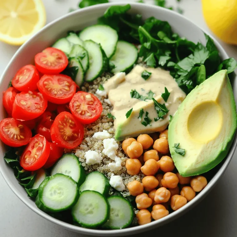 - 1 cup quinoa, rinsed - 1 can (15 oz) chickpeas, drained and rinsed - 1 red bell pepper, diced - 1 cucumber, diced - 1 cup cherry tomatoes, halved - 2 cups fresh spinach or mixed greens - Optional: 1/4 cup feta cheese, crumbled - 1/4 cup tahini - 2 tablespoons lemon juice - 2 tablespoons olive oil - 1 teaspoon garlic powder - Salt and pepper to taste - Fresh parsley, chopped - Sliced avocado - Optional: slice of lemon for presentation Gathering fresh, vibrant ingredients is key to a delicious Chickpea Quinoa Power Bowl. Start with quinoa. It’s high in protein and cooks quickly. Rinse it well to remove any bitterness. The chickpeas add a nice, hearty texture and boost your protein. You can use canned chickpeas for ease, just drain and rinse them. Next, pick a red bell pepper for sweetness and color. Dice it up for a crunchy bite. A cucumber adds freshness and coolness. Cherry tomatoes bring a burst of flavor with every bite. I love using spinach or mixed greens for extra nutrients and a lovely green touch. If you want a creamy element, add crumbled feta cheese. It gives a nice salty flavor that pairs well with the other ingredients. For the dressing, tahini is a must. It brings a nutty richness. Combine it with lemon juice for brightness, olive oil for smoothness, and garlic powder for depth. Adjust the seasoning with salt and pepper to your taste. This power bowl is as nutritious as it is tasty. You can find the full recipe for this delightful dish and see how it all comes together. Happy cooking! - Measure and rinse 1 cup of quinoa in cold water. - In a saucepan, combine the rinsed quinoa with 2 cups of water. - Bring the mixture to a boil. Then, cover the pan and lower the heat. Simmer for 15 minutes. Fluff the quinoa with a fork and set it aside to cool. - In a small bowl, whisk together 1/4 cup tahini, 2 tablespoons lemon juice, and 2 tablespoons olive oil. - Add 1 teaspoon garlic powder, salt, and pepper to taste. - If the dressing is too thick, adjust its consistency with water. Add water a tablespoon at a time until smooth. - In a large mixing bowl, combine the cooked quinoa, 1 can of drained chickpeas, diced red bell pepper, diced cucumber, halved cherry tomatoes, and 2 cups of fresh spinach. - Drizzle the tahini dressing over the mixture. Toss gently to coat all the ingredients. - Serve the quinoa bowl in individual bowls or arrange it on a large platter. Top with sliced avocado and crumbled feta cheese if you like. Garnish with fresh parsley. For the full recipe, check out the details above! Rinsing quinoa is vital to remove its natural bitterness. Just add it to a fine mesh strainer and rinse under cold water. This simple step greatly enhances the taste. For even more flavor, use vegetable broth instead of water when cooking quinoa. It adds depth and richness to your dish. To make your dressing creamier, substitute tahini with yogurt. This small change can make a big impact. You can also spice things up! Adding a pinch of cumin or paprika gives it an extra kick. Experimenting with spices can lead to a new favorite flavor. You can serve this bowl warm or cold, making it versatile for any meal. This power bowl is also great for meal prep! You can prepare it ahead of time and enjoy it throughout the week. It stays fresh and tasty in the fridge. For the full recipe, check the previous section. {{image_2}} You can enhance your Chickpea Quinoa Power Bowl with protein. - Add grilled chicken for a tasty twist. - Toss in shrimp for a seafood flair. - Use roasted tofu if you prefer a vegetarian option. These proteins not only add flavor but also boost the meal's nutrition. Making this bowl vegan is easy and still delicious. - Simply skip the feta cheese to keep it plant-based. - For extra crunch, sprinkle in pumpkin or sunflower seeds. These seeds are full of nutrients and add a nice texture. Using fresh, seasonal ingredients can elevate your power bowl. - Try adding zucchini or asparagus for a spring or summer touch. - Swap in fruits like mango or pomegranate for a burst of sweetness. Seasonal ingredients not only taste better but also add color and variety. For the full recipe, check out the detailed steps above! Store leftovers in an airtight container for up to 4 days. This makes it easy to grab a meal when you're busy. It keeps well for meal prepping lunch or dinner. You can enjoy it all week! You can freeze individual portions for convenience. This way, you can enjoy a healthy meal on a busy day. Just thaw overnight in the refrigerator before using. It will be ready to eat when you need it. To reheat, use the microwave or stovetop with a splash of water. This keeps it moist and tasty. You can also enjoy it cold as a salad straight from the fridge. It’s a refreshing option for warm days. Approximately 15 minutes to cook quinoa properly. Start by rinsing the quinoa to remove any bitterness. Place it in a medium saucepan with water, and bring it to a boil. Reduce the heat, cover, and let it simmer. In just a few minutes, you’ll have fluffy quinoa ready for your power bowl. Yes, omit the feta cheese and use a vegan dressing. This bowl is very versatile. By leaving out the cheese, you keep it plant-based. You can also use a dressing made from tahini or a lemon vinaigrette. This will keep the flavors fresh and vibrant. Chickpeas provide protein and fiber; quinoa is a complete protein packed with nutrients. Chickpeas are great for your gut health and help keep you full. Quinoa contains all nine essential amino acids, making it a rare plant protein. Together, they create a balanced meal that fuels your body. This power bowl combines healthy ingredients like quinoa, chickpeas, and fresh veggies. You learned how to cook quinoa, make a tasty tahini dressing, and assemble the bowl. I shared tips for customizing the recipe and ensuring it stays fresh. You can store leftovers easily or even freeze portions for later. Healthy meals should be simple and enjoyable. Experiment with your own mix of ingredients and flavors. Embrace these ideas, and make this dish your own every time!