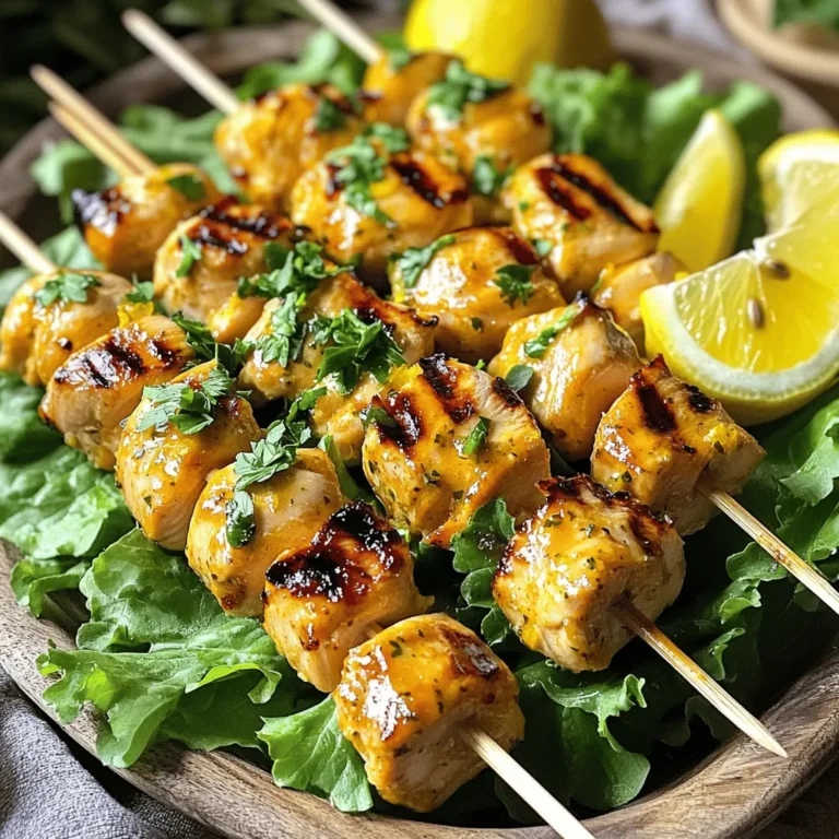 - 1 pound boneless, skinless chicken breasts - 2 lemons (zest and juice) - 3 tablespoons olive oil - 2 cloves garlic, minced - 1 teaspoon dried oregano - 1 teaspoon smoked paprika - Salt and pepper to taste - Fresh parsley for garnish - Wooden or metal skewers - Additional spices or herbs (e.g., cumin, thyme) - Marinade enhancers (e.g., honey, mustard) In this recipe, the main ingredients bring bright flavors to your chicken skewers. The lemon zest and juice add a fresh zing. Olive oil keeps the chicken juicy. Garlic gives it a nice kick, while oregano and smoked paprika add depth. Don't forget the salt and pepper to enhance all the flavors. The optional ingredients can change the skewers to fit your taste. Adding cumin or thyme can create a new flavor profile. Honey can sweeten the marinade, and mustard can add tanginess. Feel free to mix and match these options to make the dish your own. For full details, check out the Full Recipe. To make the marinade, start by mixing the zest and juice of two lemons in a large bowl. Add three tablespoons of olive oil for richness. Next, include two minced garlic cloves, one teaspoon of dried oregano, and one teaspoon of smoked paprika. Finish with salt and pepper to taste. This mixture will give your chicken a bright, zesty flavor. Take one pound of boneless, skinless chicken breasts, and cut them into one-inch cubes. Toss these chicken cubes in the marinade. Make sure each piece is well-coated. Cover the bowl and place it in the refrigerator for at least 30 minutes. This step is key because it allows the chicken to soak up all the flavors. Before grilling, preheat your grill or grill pan to medium-high heat. While it heats, thread the marinated chicken onto skewers, leaving space between pieces for even cooking. Grill the skewers for about 10 to 12 minutes. Turn them occasionally to achieve nice grill marks. Use a meat thermometer to check that the chicken reaches an internal temperature of 165°F (75°C). Once cooked, remove the skewers from the grill and let them rest for a few minutes. For a fresh touch, garnish with chopped parsley before serving. You can find the Full Recipe for a complete guide. - Ideal marinating time: Marinate your chicken for at least 30 minutes. This helps the chicken soak up all the tasty flavors. For even better results, you can marinate for up to 4 hours. - How to enhance flavor profiles: Add zest from more lemons for a brighter taste. You can also mix in a bit of honey for sweetness. A splash of soy sauce brings a savory kick. - Tips for achieving grill marks: Preheat your grill well. This helps the chicken sear quickly and get those nice lines. Place the skewers on the grill and do not move them for the first few minutes. - How to avoid dry chicken: Use a meat thermometer to check the chicken's internal temperature. Remove it from the grill when it reaches 165°F. Let it rest for a few minutes; this keeps it juicy. - Creative serving ideas: Serve the skewers on a big platter with fresh lettuce. You can also add colorful veggies for a bright look. - Garnishing recommendations: Sprinkle chopped parsley on top for color. Serve with lemon wedges to let guests add more zest. For a fun touch, add small bowls of dipping sauces. For the full recipe, check out the Zesty Lemon Chicken Skewers section. {{image_2}} You can change the taste of your zesty lemon chicken skewers with fun flavors. Adding tropical fruits like pineapple brings sweetness and a fresh twist. The juicy bits of pineapple grill up nicely, pairing well with the lemony chicken. You can also try a yogurt-based marinade. Yogurt adds a creamy texture and tangy flavor, making the chicken super tender. Just mix yogurt with lemon juice, garlic, and your favorite spices for a new take. Mix things up by adding vegetables to your skewers. Bell peppers, onions, and zucchini add color and crunch. They grill beautifully and soak up the marinade flavors. You can also switch proteins. Shrimp cooks quickly and pairs well with lemon. If you prefer plant-based options, tofu is a great choice. Just press and marinate it like chicken for tasty results. Serve your skewers with sides that balance the meal. Rice or a fresh salad complements the zesty chicken. You can even add a fruit salad for a refreshing touch. If you like meal prep, these skewers are perfect. Grill them ahead of time and store them in the fridge. They make for tasty lunches or easy dinners throughout the week. For more ideas, check the Full Recipe for additional serving suggestions. To keep your Zesty Lemon Chicken Skewers fresh, store them in the fridge. Place them in an airtight container. They will stay good for up to 3 days. If you want to keep them longer, consider freezing. For freezing, first, let the skewers cool down. Then, wrap them tightly in plastic wrap. After that, place them in a freezer-safe bag. This way, they can last for about 2 months. When ready to eat, thaw them in the fridge overnight. Reheating skewers can be tricky. The best way is to use an oven or a grill. Preheat your oven to 350°F (175°C). Place the skewers on a baking sheet and cover them with foil. Heat for about 10-15 minutes. If you use a grill, warm it up to medium heat. Place the skewers on the grill for a few minutes, turning them often. This method helps keep the chicken moist. Avoid microwaving, as it can make the chicken dry and tough. Enjoy your leftovers just as you did when they were fresh! For the full recipe, check out the complete guide above. You can use several tasty alternatives for chicken skewers. Here are some great options: - Turkey: Use turkey breast cut into cubes. - Shrimp: Large shrimp works well and cooks quickly. - Tofu: Firm tofu can soak up the marinade flavor. - Beef: Cut beef sirloin into bite-sized pieces. - Pork: Pork tenderloin is another delicious option. Each of these proteins will pair well with the zesty lemon flavor. Yes, you can prepare this recipe ahead of time! Here are some tips: - Marinate the chicken: You can marinate it up to 24 hours before grilling. - Skewer the chicken: Prepare the skewers and store them in the fridge. - Prep sides: Chop vegetables or make salads in advance. - Refrigerate everything: Keep all items covered until you are ready to grill. Making this ahead saves time and enhances the flavors. Grilling time varies based on skewer thickness and size. Here’s a quick guide: - Thin skewer chicken: Grill for about 8-10 minutes. - Thicker pieces: Aim for 10-12 minutes. - Check doneness: The chicken should reach 165°F (75°C) internally. Keep turning the skewers for even cooking and nice grill marks. This blog post covered a tasty grilled chicken skewers recipe. We explored main ingredients, optional flavors, and step-by-step marinating and grilling instructions. I shared tips to achieve the best flavor and presentation. Remember, you can easily adapt the recipe with different proteins or veggies. Proper storage and reheating methods ensure leftovers stay delicious. Get creative—try new variations to suit your taste! Enjoy grilling and savor every bite of your flavorful meal!
