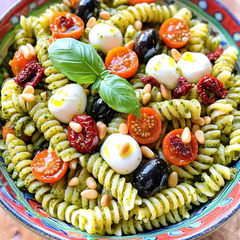 To make a delicious pesto pasta salad, gather the following ingredients: - 8 oz fusilli pasta - 1 cup homemade or store-bought basil pesto - 1 cup cherry tomatoes, halved - 1/2 cup black olives, sliced - 1/2 cup mozzarella balls, halved - 1/4 cup sun-dried tomatoes, chopped - 1/4 cup pine nuts, toasted - 2 tablespoons olive oil - Salt and pepper to taste - Fresh basil leaves for garnish This list covers all you need for a vibrant and tasty dish. I always prefer homemade pesto. It tastes fresh and bright. You can control the flavors and ingredients. Making it takes just a few minutes. Blend fresh basil, nuts, garlic, olive oil, and cheese. Adjust to your taste. Store-bought pesto works too. It saves time and is easy to find. Look for high-quality brands with real ingredients. Read the label to avoid additives. Either way, the pesto gives the pasta salad its lovely flavor. Using fresh herbs makes a big difference in taste. Fresh basil adds a sweet, aromatic flavor. It brightens the salad and looks great as a garnish. Dried herbs can work in a pinch but lack the same impact. If you use dried herbs, remember they are stronger. Use about one-third of the amount. Fresh herbs keep your salad lively and appealing. So, go for fresh whenever you can! First, bring a pot of salted water to a boil. Add 8 oz of fusilli pasta. Cook it until it is al dente, which usually takes about 8 to 10 minutes. Drain the pasta in a colander and rinse it under cold water. This cools the pasta and stops the cooking. This step is key to keep the pasta firm and tasty. In a large bowl, add the cooled fusilli pasta. Pour in 1 cup of basil pesto. Mix them well to coat the pasta evenly. Next, add 1 cup of halved cherry tomatoes, 1/2 cup of sliced black olives, and 1/2 cup of halved mozzarella balls. Toss gently so everything gets mixed. For added taste, include 1/4 cup of chopped sun-dried tomatoes. Finally, drizzle 2 tablespoons of olive oil over the salad. Season with salt and pepper to taste, then mix again. To make your dish look great, transfer the pasta salad to a colorful serving bowl. Sprinkle 1/4 cup of toasted pine nuts on top for a nice crunch. For a fresh touch, add some whole basil leaves. This makes the salad not just tasty but also a feast for the eyes. To make your pesto pasta salad extra creamy, add a bit of cream cheese. You can also stir in Greek yogurt or sour cream. These ingredients give the salad a rich texture. You want it to be smooth but not too thick. Mix these in when you add the pesto for even flavor. This makes every bite delicious. Cooking pasta al dente means it has a slight bite to it. This keeps the pasta firm and helps it hold up in the salad. If you overcook it, the pasta gets mushy. This can ruin the salad's texture. To cook al dente, follow the package instructions carefully. Taste the pasta a minute before the time is up. This way, you get perfect pasta every time. For the best enjoyment, serve your pesto pasta salad fresh. You can arrange it on a big, colorful platter. This makes it look appealing. Add some extra pine nuts and basil on top for flair. Pair the salad with grilled chicken or crusty bread for a full meal. You can also try it with a light white wine. This adds to the fresh flavors of the dish. Check out the Full Recipe for more details on this tasty meal. {{image_2}} You can boost your pesto pasta salad with protein. Grilled chicken adds a nice flavor. Use shrimp for a seafood twist. If you prefer plants, try tofu. Simply cube the tofu and sauté it for texture. Each option makes the salad filling and tasty. If you need gluten-free pasta, look for options made from rice or quinoa. These pasta types cook well and taste great. They hold the pesto sauce nicely. Just follow the package instructions for cooking. You can enjoy this dish without the gluten! For a vegan version, swap the cheese for a nut-based cheese. You can find many brands in stores. For the pesto, use a vegan recipe that skips cheese. Blend basil, garlic, nuts, and olive oil for a tasty mix. This way, everyone can enjoy the dish! Check out the Full Recipe for more tips on making this salad a hit. Store your pesto pasta salad in an airtight container. It helps keep the flavors fresh. If you used homemade pesto, it’s best to eat it within three days. For store-bought pesto, aim to enjoy it within five days. Always let the salad cool completely before sealing it up. This prevents moisture build-up, which can make your salad soggy. To keep your salad fresh, add the pesto right before serving. This helps maintain the bright green color and flavor. You can store the pasta separately from the other ingredients. Mix them together only when you’re ready to eat. If you have leftover salad, add a splash of olive oil before serving again. This will help revive the flavors. Generally, I don’t recommend reheating pesto pasta salad. The heat can change the texture and flavor. If you must reheat, do it gently. Place the salad in a pan on low heat. Stir it slowly to avoid burning. You can also add a bit of fresh pesto to boost the flavor. Enjoy your meal as fresh as possible! For the full recipe, check the Full Recipe section. Yes, you can make pesto pasta salad ahead of time. In fact, it tastes even better after sitting for a few hours. This gives the flavors time to blend. I often prepare it a day in advance. Just store it in an airtight container in the fridge. Pesto pasta salad lasts about three to five days in the fridge. Make sure it stays cold. If you see any changes in color or smell, it’s best to toss it. Always check before eating leftovers to ensure they are safe. Fusilli pasta is great for pesto pasta salad. It holds onto the pesto well. You can also use penne or rotini if you prefer. These shapes catch the sauce and add to the overall taste. Choose what you enjoy most for a fun twist! For the full recipe, check out the details mentioned earlier. In this blog post, we covered how to make a tasty pesto pasta salad. We looked at key ingredients, like fresh vs. dried herbs and homemade pesto. I shared easy instructions for cooking and mixing flavors, plus garnishing tips. You learned tricks for creaminess and serving suggestions. We also explored protein options and storage tips. Pesto pasta salad is simple, delicious, and fun to customize. Now, go and enjoy your meal!